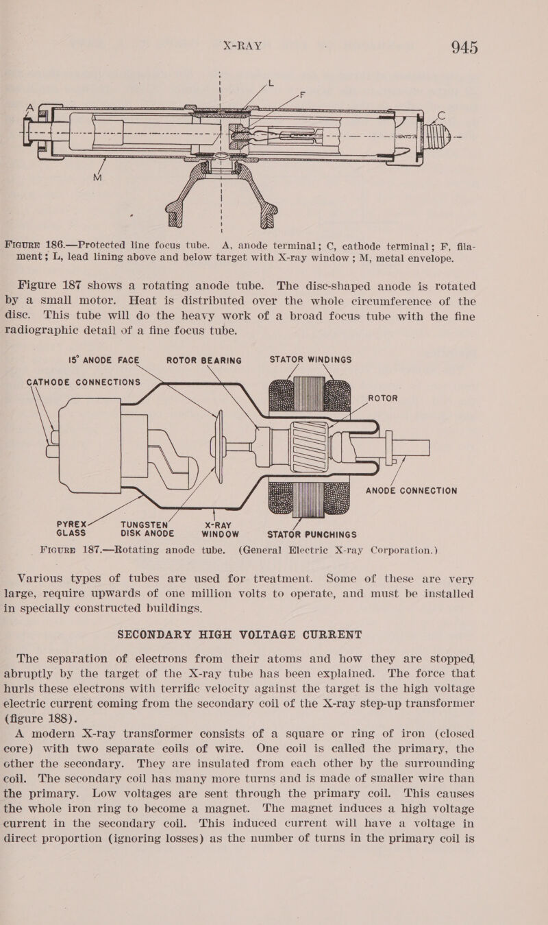 7 CD77 bt aa FicurRE 186.—Protected line focus tube. A, anode terminal; C, cathode terminal: F, fila- ment; L, lead lining above and below target with X-ray window ; M, metal envelope. Figure 187 shows a rotating anode tube. The dise-shaped anode is rotated by a small motor. Heat is distributed over the whole circumference of the dise. This tube will do the heavy work of a broad focus tube with the fine radiographic detail of a fine focus tube. IS’ ANODE FACE ROTOR BEARING STATOR WINDINGS CATHODE CONNECTIONS Li GLASS DISK ANODE WINDOW STATOR PUNCHINGS Ficure 187.—Rotating anode tube. (General BHlectric X-ray Corporation.) ANODE CONNECTION Various types of tubes are used for treatment. Some of these are very large, require upwards of one million volts to operate, and must be installed in specially constructed buildings. SECONDARY HIGH VOLTAGE CURRENT The separation of electrons from their atoms and how they are stopped, abruptly by the target of the X-ray tube has been explained. The force that hurls these electrons with terrific velocity against the target is the high voltage electric current coming from the secondary coil of the X-ray step-up transformer (figure 188). A modern X-ray transformer consists of a square or ring of iron (closed core) with two separate coils of wire. One coil is called the primary, the other the secondary. They are insulated from each other by the surrounding coil. The secondary coil has many more turns and is made of smaller wire than the primary. Low voltages are sent through the primary coil. This causes the whole iron ring to become a magnet. The magnet induces a high voltage current in the secondary coil. This induced current will have a voltage in direct proportion (ignoring losses) as the number of turns in the primary coil is