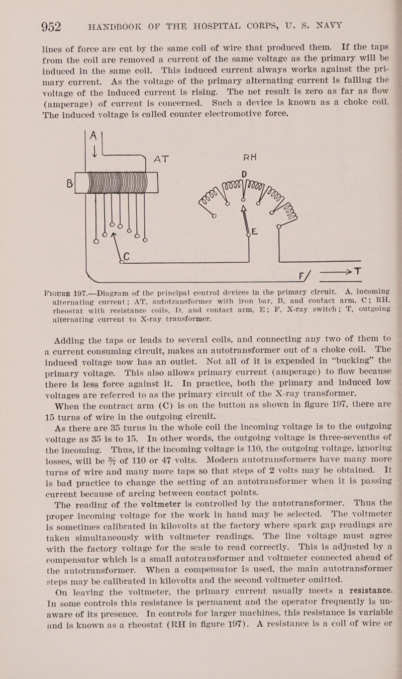 lines of force are cut by the same coil of wire that produced them. If the taps from the coil are removed a current of the same voltage as the primary will be induced in the same coil. This induced current always works against the pri- mary current. As the voltage of the primary alternating current is falling the voltage of the induced current is rising. The net result is zero as far as flow (amperage) of current is concerned. Such a device is known as a choke coil. The induced voltage is called counter electromotive force.  eT Ficurp 197.—Diagram of the principal control devices in the primary circuit. A, incoming alternating current; AT, autotransformer with iron bar, B, and contact arm, C; RH, rheostat with resistance coils, D, and contact arm, E; F, X-ray switch; T, outgoing alternating current to X-ray transformer. Adding the taps or leads to several coils, and connecting any two of them to a current consuming circuit, makes an autotransformer out of a choke coil. The induced voltage now has an outlet. Not all of it is expended in “bucking” the primary voltage. This also allows primary current (amperage) to flow because there is less force against it. In practice, both the primary and induced low voltages are referred to as the primary circuit of the X-ray transformer. When the contract arm (C) is on the button as shown in figure 197, there are 15 turns of wire in the outgoing circuit. As there are 35 turns in the whole coil the incoming voltage is to the outgoing voltage as 35 is to 15. In other words, the outgoing voltage is three-sevenths of the incoming. Thus, if the incoming voltage is 110, the outgoing voltage, ignoring losses, will be 34 of 110 or 47 volts. Modern autotransformers have many more turns of wire and many more taps so that steps of 2 volts may be obtained.. It is bad practice to change the setting of an autotransformer when it is passing current because of arcing between contact points. The reading of the voltmeter is controlled by the autotransformer. Thus the proper incoming voltage for the work in hand may be selected. The voltmeter is sometimes calibrated in kilovolts at the factory where spark gap readings are taken simultaneously with voltmeter readings. The line voltage must agree with the factory voltage for the scale to read correctly. This is adjusted by a compensator which is a small autotransformer and voltmeter connected ahead of the autotransformer. When a compensator is used, the main autotransformer steps may be calibrated in kilovolts and the second voltmeter omitted. On leaving the voltmeter, the primary current usually meets a resistance. In some controls this resistance is permanent and the operator frequently is un- aware of its presence. In controls for larger machines, this resistance is variable and is known as a rheostat (RH in figure 197). A resistance is a coil of wire or