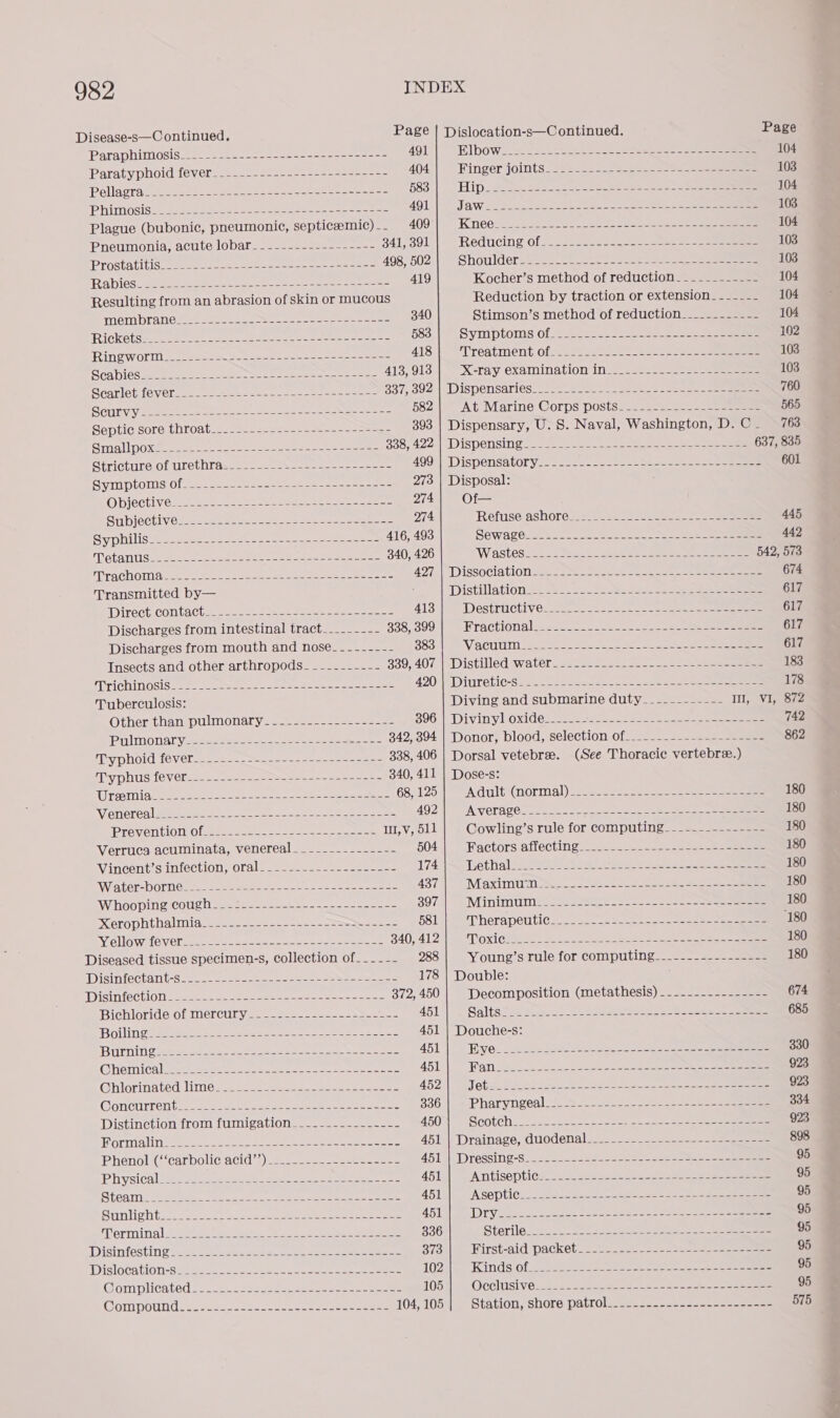 Disease-s—C ontinued. Page | Dislocation-s—Continued. Page         Paraphimosis_-2_-2--+---------*-=--=------s 491 BbOW 29s¢.2--2 boas ee Ne 104 Paratyphold fevers2.2--2s05cs+-e2- es =~ 404 Finger joints .25 3-2... ae. 22 0 eee 103 ‘Pellacra tiene 20 ease ee tees ea 583 Hip sen seasssn ee oe eee ae Se eee 104 ITT OSS ee eee ere eae a ee 491 JAWS ole Re ee oa Oe ee 103 Plague (bubonic, pneumonic, septicsemic) -- 409 Kineeie 2222 oe eel: 2 ee 104 Pneumonia, acute lopares---s-25e=2-2---- 341, 391 Reducing of 222 ee 103 Prostatitisoieeee eos eee ee ee eee 498, 502 Shottlder'seeee eee ee 103 RAblOg ce eee ne eee eae eee 419 Kocher’s method of reduction______-_-_-_ 104 Resulting from an abrasion of skin or mucous Reduction by traction or extension------- 104 (NEIL DTAtles eee eee ee eee eee 340 Stimson’s method of reduction______------ 104 RICK CES ae eee es een oe en ere are = 583 Symptoms 0f.2 222045. 252 = ee 102 Ringworm) so ete eee nee ee AIS |s “Treatment 0fs228: 20s -22 103 eP eH aN Gis: cont ee Oe ease ate ring es 413, 913 Xray examination in oe 22 eee 103 Scarlet (ovelsn. 2 see eee oe ee eee 337, 392 | DIspensaries. 22-82-85 sae. 2 ss ee 760 SGriny ¥ See 2 as eS eee ee 582 | At; Marine Corps posts=2- 222s. ae 565 Septic sorenthtontses ee eee eee meer 393 | Dispensary, U. 8. Naval, Washington, D.C_ 763 Sinalinoxeeeee: ee ae ee ee eee 358,422) (Dispensing... 22. 625. ee 637, 835 SP STARFIRO OM WIRSNOD eo ae coe eee see 4094) Dispensatory co &lt;2. - 25 aso eee 601 Svan lols Of eee ees een eee 273 | Disposal: Objectives athe s6e= e eee 274| Of— Gubiechlve sta denen at ee eae setae 274 Refuse ashore. 122 =) Se eee 445 Sy DHLISHE iene eee as wate seen eae 416, 493 Sewagete. so - 27.88) Nee 442 Tatas. sean ews see ee eee ee 340, 426 W astesszicotS.. &gt; ee ee 542, 573 TT PACH OTA ee ee oe ee ee eee ee ae ATT SD ISsocla bhioneees ene ae See 674 Transmitted by— Distillation 2-4 2- eeeee 617 DirectiContaCl asses = ae ane aaa See res 413 Destructivecs 2-2: Seca = ee 617 Discharges from intestinal tract___.----- 338, 399 Fractional. eee 617 Discharges from mouth and nose--------- 383 VACUUM =e See oe eee ee 617 Insects and other arthropods- _--------- 339, 407 | Distilled water..&lt;-222.22.2625-. 52 eee eee ee 183 TP TICHINOSI Se eae te nee ee ee ee ee nee 420 IRDIUretiG-S aetna eee 178 Tuberculosis: Diving and submarine duty__--__------ Ill, VI, 872 Othersthan pulmonary 92 22-2 eee ae 306 | Diviny oxide. ee. ee eee 742 PiilimOn al ype ee eee ee 342, 394 | Donor, blood, selection of__.....-----.-----=-- 862 i yphoid (CV Cheese eee ee 338, 406 | Dorsal vetebree. (See Thoracic vertebre.) Ay tS [OV Cle ae aaa a eee 340, 411 | Dose-s: TOTES Tvige Se ee eae eee eee ae 68, 125 Noho: GavermeteN))2 555 a5 tees assesses 180 VieTlOl ed | aeeren tee se ne eee one ome we aren 492 AVerae@s 2.5 Ja-2- pense eo 8 ee 180 IPTE Ven tlON.0 laeeeeea a= eee eee see ll, V, 511 Cowling’s rule for computing-----_- See 180 Verruca acuminata, venereal __-__----------- 504 Wactors. afiecting= 4-2. 0-56 2sce. sono 180 Vincents intection, Orals 22 ssa2es2-2-55=—s 174 Lethal. ue ea ea eee 180 Wiater- DOr Calas ee ae ee ees a eee 437 Maximtt mos... ee ae 180 Whooping Cough se e2- 5 nacho ene nee 397 Minimums 2s) ee as ee eee 180 Meroputhalmigseeeses see cee. oes 581 Therapeutics. 2s. -&lt; o.- k ee 180 YV-OIOWIGVCl sees aes nat eee eee eee ee 340, 412 Moxi@ie at. Shs. een ee eee 180 Diseased tissue specimen-s, collection of--- --- 288 Young’s rule for computing--__--..---------- 180 isin fectanbt-Se sss 2 ee ee a eee 178 | Double: Misinfection2-sece= oe ae ene ee ee sees 372, 450 Decomposition (metathesis) ---------------- 674 Bichloride Ofimercuiyee eee. aoa see 451 Sglts Sa Sss.0) 1 ee eee 685 ‘Bolin Cees Ree ee ee eee Se eee 451 | Douche-s: IBUIING ee seo a ee ae eee meas e 451 Pye: - eee ae ee a ee 330 @hemica Saseaea eee eee oes eee 451 Wan Sets ee on oe oes ee 923 COlaitarminenmeel ba) we ee Se eceieeee 452 Tot det ne eee) ee ee ee eee 923 GONCUYTON (ieee eo ee eee ee ee ee 336 Pharyngeal&amp; S222 42s02-4 seek eee ee 334 Distinction from fumigation__---_---------- 450 Geoteh: ocean ee a ee 923 MOVING Nees sees oe eee eae serene. sae 451\\ Drainage, duodenal... 2-232 ee a oe 898 hen les caGoOllc acidity) meas ees eee 451) Dressing-S. 1... .e-52- 220602 ses. oease eee 95 Physical ite ect cease eet ee 451 Antiseptieu. 2. hence saa ee 95 SCOa iil: Sante. 2 aera ec ee een eee 451 Aseptits.2.cc.cyice pees eee eee 95 Sunlight. css = a Soe eee ee eee 451 DIY nee ee ee 95 NOLIN Tig] eee ome te Se es eee Lo ee 836 Stari loses ee ee eee 95 Disintesting feasene tec sea ee ce eee 373 First-aid packet: 222. /2 2 oa 95 Dislocation-s eae ee een eee 102 Kind Of: 22 ee ee ee 95 Gom plicated 2..n.c2 foot ae tess eae ee 105 Occlusive 22. 225 et ee eee 95 Compound is senas sae ee eee eee 104, 105 Station, shore Datitolicss S20 cope eee aeons 575