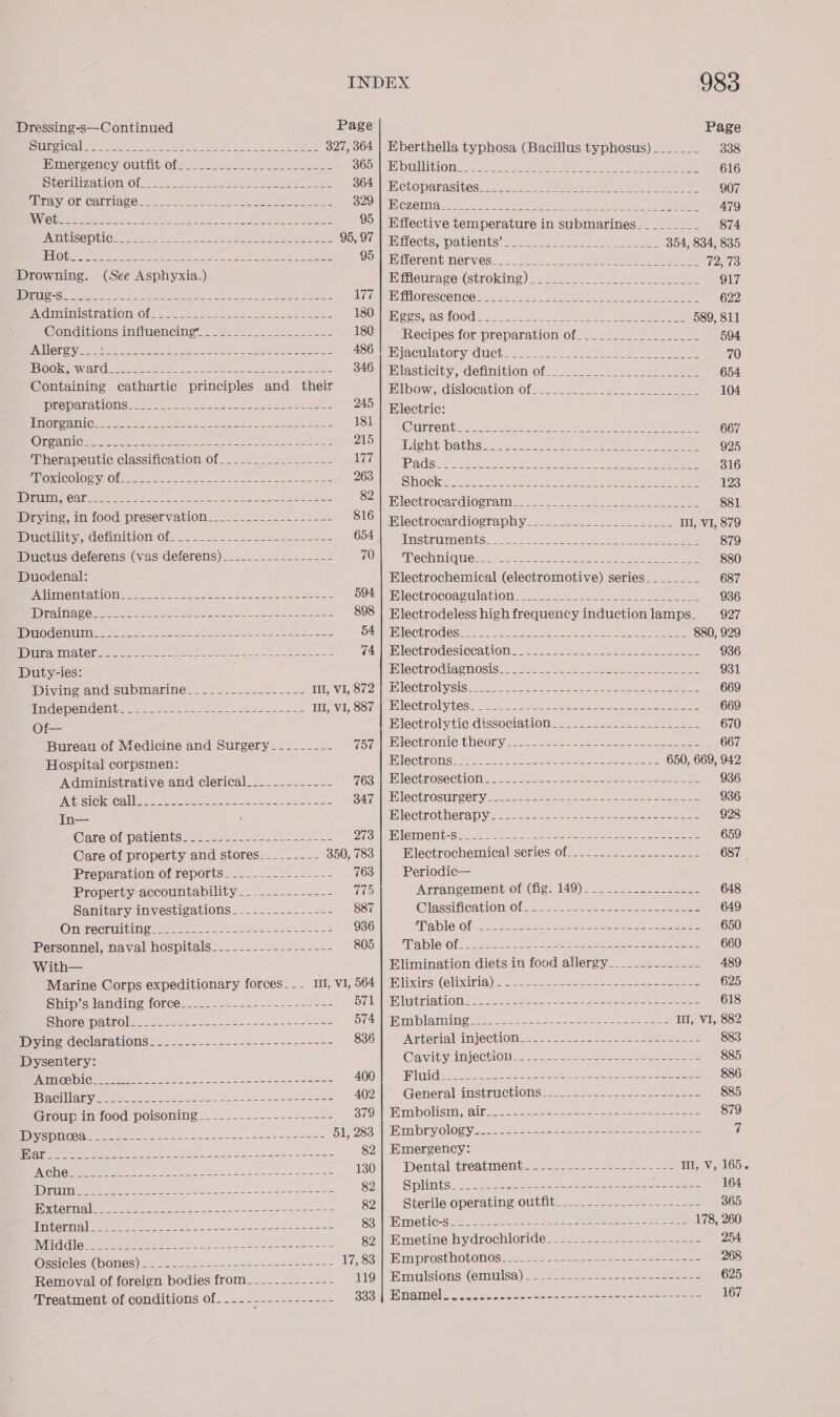  Dressing-s—Continued Page Page SU o1 collie antee ake re teen ee toy 327, 364 | Eberthella typhosa (Bacillus typhosus) _______ 338 P Himergency OWbiit/Ofe a2 eee ote eee? SODs MOTOR poo es seek ee. se ee 616 BS orilization:Oi.. 25.2 Skat be eee BOARD clo paracites: Mea es ee 907 sErANEOM Carriage. 2.22 22236. ce Od SOUR ET GI ae 2 ae ee ct ea od 479 Wet. ..-------------.----------------------- 95 | Effective temperature in submarines....__.._ 874 Antiseptic... .__..-.-.------------------- 95, 97 IDUAOUS, (OeNaKroUR 354, 834, 835 Hot__.--.._.----_.-..--------2- +--+ ---ie-- Sool irerent merves.....0..-.. 4.0.2 eee 72, 73 Drowning. (See Asphyxia.) Hietirage:(strokimge)2.2:_.5.2..0.._. eee 917 JNA SS ies pease Se ice #6 see eee eee ese cts seenu Ly ele orescence. 2 leu uk wns Se ee 622 mgministratlonOf: 6222. sensenccd--- 322588 WSO) Wass. as fo0d-.-.-.2.-c..- el 589, 811 Conditions influencing” ----_--_----------- 180 Recipes tor preparaiomiores sess ssa ae ees 594 Allergy. .:~-.------------------------------- 200) PiMaculatoryi@iet:..cuct..s.eese es eS 70 Book, ward_......---------_----------------- 346, | lasticity, definition of... .__).-_..2_.2 654 Containing cathartic principles and their Elbow, dislocation of..__..................... 104 TEPArAtlONG 2253 ese ee oe eS 245 Bilectric: Tnorganic_____---.-----.--.------------------ USN Pee urrehtcce Slee cos on ek 667 Organic. __-._-.----------------------------- 215 Riot athowe ae weer ee ce ae ee 925 Therapeutic classification of.___.____.-_____- 177 Dade eee eee, oe 316 SROxd COLOR WrOlena =e eee ae Aol alien ON ae = 263 crv) See ces es oe 193 Drum, ear__.__--------------------~----------- 82 TIE ROGE ON OEMGN eee et ee 881 Drying, in food preservation __.--.------------ 816 | mectrocardiography___..._....-._.__.___- m1, VI, 879 DuUchilibyedenmihlomiOis: = 6.22.2 eee es 654 inccamnents.. oe ea eee oe 879 Ductus deferens (vas deferens) ______------------ 70 Meche eo Da ee Ree ae ere 880 Duodenal: Electrochemical (electromotive) series________ 687 PulinmentatiOM 2. 25-232 eo = 504) Miectrocoagulation=..402&lt;.-.0)--.)-o lee 936 Drainage. _---.------------------------------ 898 | Electrodeless high frequency inductionlamps. _927 Muodenur —-2 2-2. --2.2_ 222-222-222 - = 2 SA mM leerpodeewes. te lncs et etl eee 880, 929 DURAN ALCL ee ee Seen ee eee aN ee (Ase ectrodesicca torts a= ae ae 936 Duty-ies: IleClEOGIAe MOSISE: 222 Soh ens a ee ee 931 Divine and submarine... ..-s-2-..-. CI VIN SOd le lOCLTOlySis. 2-2 2 ee ee ee ee 669 evdopendent! 2. 2.4. b2622 22a t iss. 2. II, VI, 887 | TGICCUTONYNOSS Sie ie A Se te 669 Of— Wlectrolytie dissociation. .-----.3----._-----= 670 Bureau of Medicine and Surgery _-_-______- THT RAeChronie theORYys. 24 22252 Zee. see Sees 667 Hospital corpsmen: RASCITONSEs. 22-0 2 has ee se eee 650, 669, 942 Administrative and clerical__..._______- 7634 glOChTOSOChlOU cua a) so setae Sateen ese ee 936 Iticickacal let ec ee et te ES S47 VAblectroSurn gery 22-5 tases ae = See Ss Sees eee 936 ihaee= : iMlecirotherapyecece= a 2 eens eee eee 928 @arewlpatientssss222----= 5. =e = 273 STM CIL CBee ee Se ot ee ee 659 Care of property and stores__.------ 350, 783 Electrochemical series of___-_-____--_-_-____ 687 | Preparation of reports__---=---2------ 763 Periodic— Property accountability __..--.------- 775 Arrangement) of (fig, 149)_ 2. 2522 ee eee 648 Sanitary investigations_-_---.--------- 887 Classificationvole v1. e222 2S ee eee 649 O@merecnuiGing see eo ee eee 936 {RADIO:0 ieee ae ee ee eee ee ee 650 orsonnel, naval hospitals_........=------=--= SOD er WablevOl. =. 2.8. ce hs ee eee ee 660 With— Elimination diets in food allergy____--..------ 489 Marine Corps expeditionary forces. - - itl Vie 664 (eo lixirs (elinitia je &lt;2 022-3255 28ers 625 Ship's latiding force... 2...-..-.-20 7-2. BTL ee ubria OMe «22 228 on =e eee eee ee 618 SHOES WDALEOle oer. 5-2 4-eh esto t tet S74] heim blame 2 2 ieee eee aes aneeeeee Il, VI, 882 Wane declaraviORS.-....22:-+22-2.----s-&lt;2--- S36 le Arteriak tajection. +225. 225228 s eae 883 Dysentery: @avitycinjeCnOne 2 2-2 eee se ee ee 885 PATIOS) 1G Mee tee eo a Seeks 400 li ies eee shee ee ee ee eee ee 886 echibity 2 &lt;u AGs S60 Ae eee eae 402 Generalainstnichion sees == ae ee eee 885 Group in food poisoning ____.---_-.--------- S79y| SH DOlSIN, alee a2 ena see eee eee eae 879 -OSREDIG ge Se a a ep 51, 283 | Embryology---------------------------------- 7 TONE. ud es Se ee ee eae 82 | Emergency: ence ae A Oo Oe 130) Dental treatment. 2.222222 -4 422... -22 I, V, 165. ND) shri ee era oN ek eae 82 Splints SL SoS anoDoen ee ama ona DeSean hes Bea es 8 164 Sketoxe in|) ee a ee eae g2| Sterile operating outfit__...__-___-_-_-.-.-.-- 365 Mifent ees tee we eo aa ake C8 | UmetiC-Soe sees eee = ee eee eee ae 178, 260 PEGI ane te i hE Tee Sees 8) | bimetime hydrochloride. .22-2 2 2-4. ee 254 Mssicles (Ones) S. 2 86s. 2Ue2 228s. ese eee 17, 83 | Emprosthotonos-_-_--------------------------- 268 Removal of foreign bodies from_------------ 119 | Emulsions (emulsa) - - ------------------------ 625 Treatment of conditions of. -- -- eee SOSH WN GING a. o sate ceceeer ep aseaeee tees teen 167