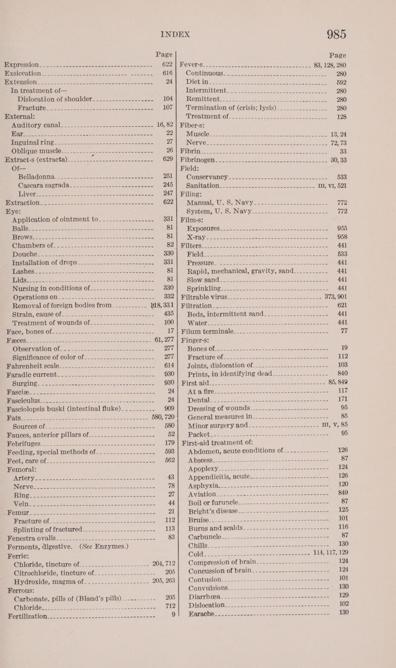 Page Page BeaOUG SONG An See Nee a ete mon ate OZR NONE tea ke en ee et Se 83, 128, 280 PecleC Ato oe ie fal sete ee es oe 616 ContingGuse. 2.4 See ieee foe. ee 280 er erOneOlin terse, a RAEN Moos 20 oe ETE aed DES) i ae Deepa taal panarep i Bla eye ersdhist Nec yes by) 592 In treatment of— Unitermitterit Aes Ae Be eee i ee 280 Dislocation of shoulder... ...-..2-.--&lt;..- 104 co MAG bONGes. ot a. Bee Cee ee td een, Oe 280 Fractufe__------------------------------- 107 | ‘Termination of (crisis; lysis). 2 .......--2-..- 220 External: WNrCe tien Glue eee a peel eet. 128 PATCUCODY Canale... 2 .seccnc-sedaececesecseen 16, 82 | Fiber-s: War-__...------.----------------------------- DUMP MPI USC lost ete On oA at ates bon hn 13, 24 Inguinal ring-.---.-------------------+-+--- PUM RBING by Oss 8 Ro ia vos ee renbjain mst Aim 72,73 BO blique muscle: .-.....-. eee ese Sete me S142) ATT AT al eRe ee gi Ae ee Wr 33 Extract-s (extracta)-_._---- Sed Seat erate wa hee 629 airinOgEH so oro behe see nek 30, 33 Of Field: Belladonna. ------------------------------ Dole ea@onseryaney oan 6. Sec awe ee Re Oe 533 Cascara sagrada---___-.------------------ Bao eR SanitAbiOl:-t=28 0 ose ool a eee ee Ill, VI, 521 VARI GD SS at ee ee eR a ee 247 | Filing: Extraction -_ ---------------------------------- 622) oetanual,U. Su Navy coe. obese cs eek 772 Eye: Graton t Oo Nav Vis vst stcc lee tie cse ee 772 Application of ointment to. ....2-...-.---.- 331 | Film-s: Balls. -------------------------------------- Sil fea macunos. fee 222 oo ou cel. ee epee 955 STOW Gee eit cere et ee eso oe Soren a Saas 81 X-ray Pee ALO POND ft SOND a ie Oe ee 958 Whamlbersols == a2 = ee ee ee 82 iL tenga tee ee ere en 5S fe ohh aaa 44] SOE GR ee ee ee SOOM E MeE Cid etye) ee ee Sle EIN Se on, CuI Ne 533 Husceallation Of drops=...-+==.2------&lt;+22-22- 331 PEORIA O tee aT tea eee eed Oo los ee AA Lashes- ------------------------------------ 81| Rapid, mechanical, gravity, sand____-___--- 441 (CS eee ee eee SU eet opemainG! a ests ahaa kha he) oh eb 441 Nursing in conditions of. ...-2-.+.--1.- 222 330 SOOT e tal Uc ce eet ee eee tge Slee sane te AA Operations on-- -----.---------------------- Soa Mulgratle mw iMse: ce teeta by oe 373, 901 Removal of foreign bodies from. __-___.-__- PEG H Sod aired OMe eae c coke pop cone a Soe 621 Strain, cause of-_-....-----.--------------.- 485) Beds, intermittent sand. . 2.72222. 2.2.2 441 reat en OlwOUndsi Olas sss =e nes 100 ET it De SA MEE Se Ren re A oe ne TO 441 Prec DOMCS Ola sees a2 eh ste ee We miluim termminale:) / 022.2228 oe eede. soles 77 (TERED ee SE ee ee oo eee 61, 277 | Finger-s: @DseuvyanlomGte se foe eS 2 ee ae = 277 re tte eats rs ee a ee cee 19 Siemigieance Of Color Of2_. 5-2. =. ys 45-5&lt;8 Dit RE ACHUP ORE ee es at AEE Si NR ts 112 Privomhert scales 2-222.) &lt;2 se za- sence esis Gl4ilr— tots, dislocation Of 2 ....2 222-2222 s 103 Praraie CiliTeit. 6... +.-2 265-26 lace ceckee ee 930} Prints, in identifying dead_______----------- 840 SINC Sart ee ee e8 a ee ty sels OSU AE Mach ANd 5-02. aebe ke eh seek Neate ke ee 85, 849 NS Glico eee ee ee ete rats ee ee eee 24 SSR TNO ater se a ee eee eR AAS eRe EE es a 117 BeOS CIGUUIS tee eee ea see ae es eee ye 24 WD oritalews -eee -u Seat ee ey aie eee 171 Fasciolopsis buski (intestinal fluke) -__---.--- 909 Dressing of wounds: ....../--222.22J2252252&lt; 95 ELS een ee ere Roe as. Se ee 580, 720 Goncralkimeasures ees a a see eee es eee 85 ROMreOn Olex op sient ae (Sates aes eae fe eas 5SOu&gt; sMiimorsurgery and... =. 2.2. --&lt;2.4222-.38. Il, V, 85 matices, anterior pillars Of. ..&lt;2 2.5.--2&lt;225- 52 BOCKO tai a5 ees eee one ae 95 clini leas Sateen see tee ye eet oe eS 179 | First-aid treatment of: Feeding, special methods of____---_---------- 593 Abdomen, acute conditions of-_------------ 126 THGSIBS (GIRS ie Saree eee ee eee ee 562 VNIDSCRSS Le oe noe kt eee ues s Se eos Sean eae 87 Femoral: ApoplexYe-- 22-202 -4-5--- 2-22 ne eee ee 124 ESTES a eee rare eee Ae eee ee 43} Appendicitis, acute_.----------------------- 126 INIGAV Ge, see ae SS ee ee ee eee 78 Asphiyxi@.....-22--2)5-2-2-22242-tuec-s---2- 120 Spee a Ra 7. a a Shee eee 27 ACHIAIOM Cee = se ees el ee eee 849 Dire in Mie a a Pao Ae Ue oh wees Aa BouOY (UPuUnCle 2225 2 eee eee 87 Sr Sa en pS eee 21 Bright’s disease... -..---.--.=----=---s=---- 125 PitaceUle Og Pads 2 a5. a2. eo at a See ona == 11216 s Braise. 3-522. 42645528224 =22--5 2 ae eee 101 Splnting of iractured... 22. 2-2 2-.&lt;-=+- 113 BWUnNS ANG SCAlUS anne oe = ee eee 116 Bieisce it OW alisee eee ne aad a Seo ean 83 @larpuincles 23.05. soesee cen ee eae 87 Ferments, digestive. (See Enzymes.) CHUNSt «ase Soni ee ee eee 130 Ferric: Cold... ------------------------------ 114, 117, 129 @higride, timeture of-......--..---------=- 204,712 | Compression of brain. -.------------------- 124 @itvochloride, tincture of. ....2-.---4------- 205 | Concussion of brain------------------------ 124 iiydroxide; magma of. .........-.---1-.-- 205, 263 | Contusion-------------- aoe e- ee nn nan nnnne n= 101 Ferrous: @onvUlSigNSeeese= = see ee eee eee * 180 Carbonate, pills of (Blaud’s pills) -..-------- 205 Diario dee ee eo eee eee 129 COREY a Tee a, ey ed 712 Dislocations. = ss 2see oa eee eee 102 Herbilizationie= 22. --20e-c-2-2--=-5 ioe Rn Se 9 WaTaQhOsma cs sn saan ae ae eee eee eee 130