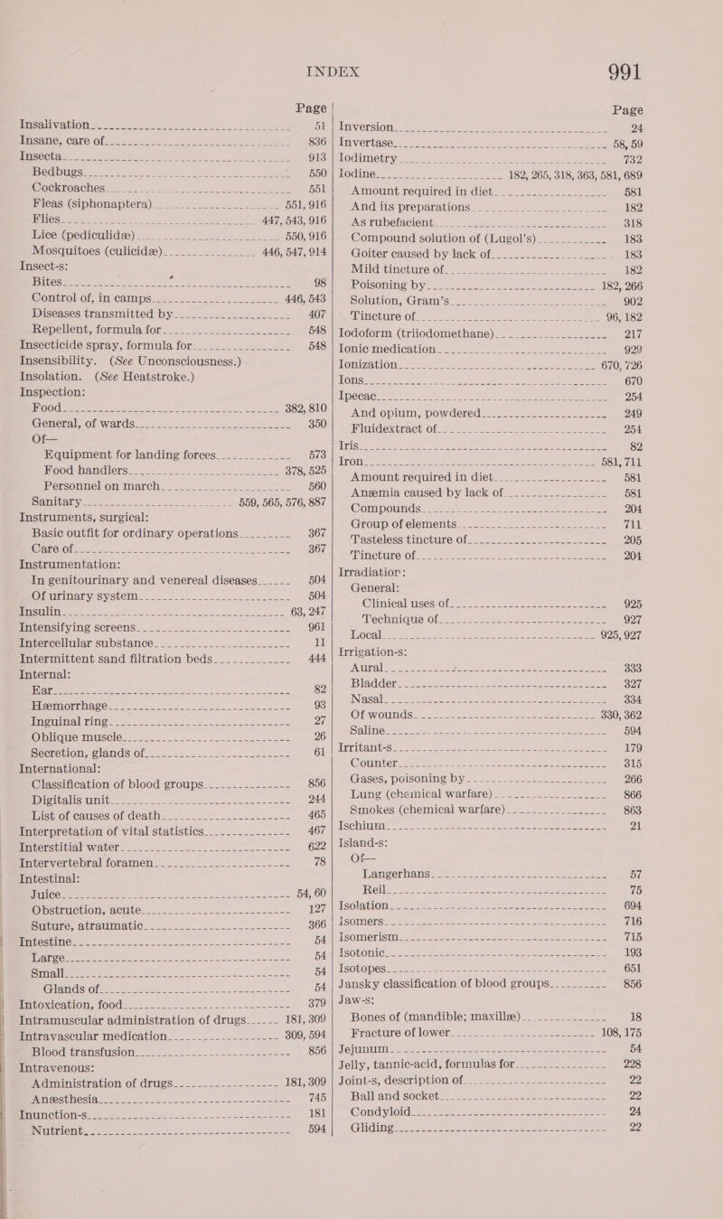 eed     INDEX 991 Page Page EASING 9 (0) ee rae ee a OW MMW OESLOII. iss Soar Se A oe PE Ne ane 24 PRISANO sCALO: Ofer os 556. ek = ahs Pt SSOr MEA OPTASES. a6. 25.) ayy ss os es 1) oe eee 58, 59 ISOC Ur eeeeu rie aie neers eyes = A? ath oie BROT OF LOGIE Ly” ote. eh 2 ee gg 732 TBXGy6 UGE Ne ee A AL GOON Modinete ose e sos ae 182, 265, 318, 363, 581, 689 OCHTOACHOS BE. 2 ast e soo oe es 551! Amount required in diet.___..-_._-_______- 581 Meas (Giphonaptera).. ..o .2 bce ules 551, 916 ANIOGL TRS) FORONAMHONG 2 = ee PN Oc ieeatiee Wes re Fem Pate class Het tel 447, 543, 916 WAST UDELACleM te = eae se Jo ee 318 Heice: qnedicwlidrey-.: 3. g2sbeer es hols 550, 916 Compound solution of (Lugol’s)___________- 183 Mosquitoes-(culicidse)____ 2.2. 446, 547, 914 Goiter causedubyslacksofessses.2 aoe. aes 183 Insect-s: IMIG IM CEUROOLe &lt;0 ee ee ee 182 Meese eee aol. Ss eee Ody ene OS eM Olsoning Wye...) 1 sol es ebe ee 182, 266 Wonlrolor, in Camps: 2... oe aS 446, 543 Solution Gram’ Sy. 225 =) ee es ee 902 Diseasesitransmaitted Dyse.s. 25 =) see AQT ES SIMI CEUTO'OL 0 ns ae 8k ee ee Se 9682 Repellent, formula for. __..-..4:22--+..--242 548 | Todoform (triiodomethane)__________________- 217 Hasecticide spray, formula for._-...2-.4-22-0.- 548 | Tonic medication. ______ a aie ae Biss Fain SG 920 Insensibility. (See Unconsciousness.) Ome Oi nae) eh Ee: Ul ig wet © 670, 726 Insolation. (See Heatstroke.) POT GR oe NS Ua ioe yee eh Ana area eh 670 Inspection: Tee Oia Sea E Si ee Maeyhe die ech wre Oh hel rey) 254 SOO ee ee ee ee 382,810; and Opium, powdered... ee se 249 General, or wards... 2.21. -- 22, seh aS BOOM idee track Oli a an oo te ee ee 254 oF ; A 1 SR AIRS mC A ah em LR SP oh Da Pee 82 Equipment for landing forces____________- 573 Toh ah i ee eee 581, 711 Podnandlerss s---2 === 2- += 378, 525 SACHIN OUTIL NE QUATC Ce Ge hea ee 581 4 _ aa oe reer. Hs Angmia caused by lack of__...---------_-_- 581 amivary__---------~-~---_-_------- ’ ’ ’ OMADOUIICS 2 eee ene ete ae heat ae eee een 20 Instruments, surgical: ae . Leger [ages Tat ee Ne eee a pee ae for ordinary operations. ______-- ie ARC eISee TEnGiiire Oh a a ee ee 205 ee es el a AT CHUTE OL hs foe Poet Tee anes aan 204 peo mention: : Irradiatior: In genitourinary and venereal diseases_____- 504 Gora ae eo PE Be ae ae oe Clinical uses.) 292. wee eee 925 oe ER LE IES EE ROR AS IE ; CN ie Intensifying screens. == Page, ge ei eee lingercellular substance... -.2......-.222-_2--+ eee ae VO Intermittent sand filtration beds___-________- 444 e : ee : DACRE 2 Oe 2 rere es eee core ny ae ne RT 333 Pie Pr oe et NN 89 Bladder ae es athe een ee Ree 327 eel Omar eee ee ih Nea oe ee de 93 Nasal. ~- 2-2 -2-----22---2 2-22-22 2--- 22-2 A= 338 Inguinal ring et POS eS CRE 1s Gn ghee ee A SN i Of wounds - BS Ls AA wi sk Se cn det 330, 362 Olliquienmuscles:-72 2 Me eee 26 ae earipe = eS nes ei pe Becrevion. Glands Ore -.a2.20.-o8 025 en seen Oe ee ee ee He International: Deum Rin pits Mae MN ine donb ae Ry CA in ats Classification of blood groups_______-------- 856 Gases, ris wares DG ga ae aes Pcie ee ee ae 944 Lung (cheinical warfare) 2 Sias seu aes oe ee 866 en ee ee 465 Smokes (chemical warfare). .—.2__25422- -_* 863 Interpretation of vital statistics.___.-.._------ 2 | ee ceo gee eee pe EE ui Hniterstitial water... {2 :-2.:.__ 22222 cn8L 622 | Island-s: Intervertebral foramen______.________-------- 78 Os feioatinal: Wangerianst 0 oA Sees. can Tete Ae cee 57 a en corte LT CANE GR nee a a ae ana © @bstnulehion acter = 4s ee se eee 127 Isolation. _ ___.------------------------------- 694 Supure. airaumlatic.. 2... 2...--.--s.&lt;+-- Se 7X6 ee ee ee Fa WSO Orsi .o. 222222 a— eee Fee ee Rae eens 715 Pe eet ee fF Rd WstSObOUIC arts. Pek ee tans ahs Rae tees eae 193 Pep es eee ot US PANMISOCODES =o Ae 25325 es Ue ene ee eee ee 651 ee ee Ne Ae 54 | Jansky classification of blood groups-___-__----- 856 Bevo wicablom, 1000.22 2220 5.2.-52- 225504222422 ~ Bros awas: ; ; Intramuscular administration of drugs____-- 181, 309 Bones of (mandible; maxille)__._.._.---___. 18 iniravascular medication. _._---_--_---2---- 309, 594 Fracture of lower-____--- SA aS at a tet 108, 175 Blood ranstusion: 2.0. 525.4.-l--.--cnsseene 856 | Jejumumi. - —_- ~~ -- naan 54 eas: Jelly, tannic-acid, formulas for__...-.-.-.-_-_- 228 Administration of drugs Bee a! Se on ne 181, 309 | Joint-s, description ON Sere ae pe ieasia- aioe ae 22 Acqagest nate hee IE lead Sn RI nihil TAS Ball: and sOckels sien s eeu base eee SPS 42 oe 22 eT CUIOMES! ee las wa) ls ho SL ee 181 ond yloideee See ee ee te eee ee 24