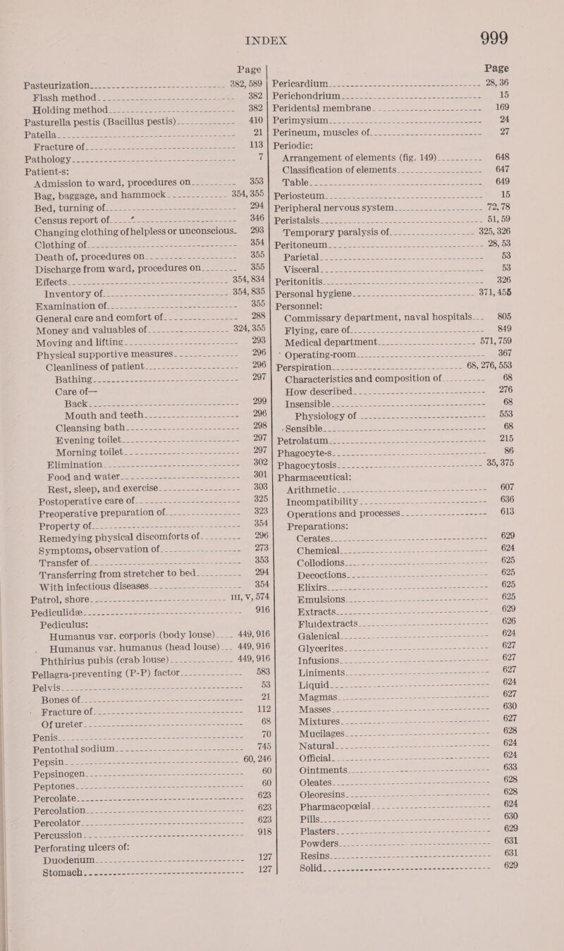 Page Page Bestourizatioues eis. 22-2. 5.22 soeee Soo MOCO | EOriGAbGlum vee. Sen ee oo 22-85 eee eee 28, 36           lashiMethOde a. ees sees Se 2 ee BS2nlpeerichonenitnameee eee eee es eee eee 15 ipiolding method: i2-. cele es. =5 ho ae b= 382), Peridental membranes -2-22 222-2 = 169 - Pasturella pestis (Bacillus pestis) -----.------- ANOGW Perm y SII... 5) oe ot foal oe oe See one ae 24 TREN IVA Nees Ce eae CR ee Ne ON a Se ON || Esme blon, TAOS Os ee ee See 27 AGING Of 22 Seen eee ee ee 113 | Periodic: Pathology-.----------------------------------- 7| Arrangement of elements (fig. 149)_...----_- 648 Patient-s: Classification of elements..._.._______---__- 647 Admission to ward, procedures on_-__------ SiN | VOC AA ee ae ag Ober Se KO 649 Bag, baggage, and hammock- ------------ SOANGUD. I Deriostellin Loe (oe bn oe eee 15 Bed, turning of-_--------------------------- 294 | Peripheral nervous system__...___..---------- 72,78 Census report of-_--- pee Ee eee Se Nio: Ae SAOMPDortralniot aed. ek eo ee ee 51, 59 Changing clothing ofhelpless or unconscious. 293 Temporary paralysis of.........-.-------- 395, 326 Clothing of--------------------------------- OA Near toneulinl 6.6. Sec lee Jove el See ee 28, 53 Deathsof, procédures On. = 222222 2222 522 _- 355 Ce ert cil cele ge et cate 53 Discharge from ward, procedures on__-_-___- 355 VAT Cor IE toe te pee eek Wh eraer 53 Bs flects. - - 2-—- -- =< ~~ 22 naan asses DOS SEE POPILOT TIS oe ek Saeed Be ee Le 326 Inventory Of__.------------------------- 354,885 || personal hygiene. -.----.-.---2222-4--sh<-2- 371, 455 Kamin ablOMeOte es 222.6 2 Soe ae ae 355 | Personnel: General care and comfort of-- -------.------ 288 | Commissary department, naval hospitals... 805 Money and valuables of-.-._-.-.--.2.--.- 324, 355 milvane WeatevOf sc) se. are et ee 849 Moving and lifting - ------------------------ 293) Medical department...2-22. 222222222... 571, 759 Physical supportive measures---_----------- 296 | - Operating-room.___....-._-.-_----.--------- 367 Cleanliness of patient../...--22-.---.2.-=- 2Oulepanepirationies 25. cok ee geen 68, 276, 553 Bathing ---..--------------------------- 297 | Characteristics and composition of_____----- 68 Care of— FIG REG eSeRIpeds DN ee hes eee ae 276 achoree eae ee gree UO ancensiinlon eb ic oace e ock ee eee ee 68 Mouth and teeth. ..2. 2202222624228 296 Tee iGloe Or eae tae etree en 553 Cleansing bath 2 .2.223--2.5 222222522228 O98 Wace gansta we Monel cae to fa oh ter alae 68 Bvenine toilet... 2 eee ee DOTA realtors yw i.e. ee ee cee 215 Miornane toes 5) -..-2222- sees 297 [Sy Oe ae eae A Ree 86 Blimimatioms -- 2225-2 2-—--2 a2 eer = 222-8 OMe PhharocytOsisel 2202.28 22 - xd t as te eee 35, 375 TROXOYO L GHENG) \ie KS) Paeea eee e one eee 301 | pharmaceutical: Rest, sleep, and exercise. _----.--=-------+ BUSSIMMO tine rG lie inten. os vs a4 nee ates 607 Postoperative care Of... 2---.-2-220--=2-=s-- 320i inmconimat ibility... -.-.22- Se eapae eee 636 Preoperative preparation of___----.--------- 323] Operations and processes_._-_-------------- 613 Property of-_-------+----------------------- 354 preparations: Remedying physical discomforts of-___----- 296 Ci tC en PR ee a ar ns (St 629 Symptoms, observation of___--------------- 273 TELE a RAP OTT 624. UMA St GI Oates oat eee ei 353 BAN R ia ee Oe ye rene 625 Transferring from stretcher to bed_____----- 294 TNO OCR O i seen pat aban eee a eae 625 Wath mfeetious Giseases.= 2-5 55---- == =- = -- 354 AIRES, coll OO ei alan Ce seer ee one pn? 625 Patrol, shore_.2:-.-----------+----=------- In, V, 574 sarin 1 eae a Ia es peeing 625 Pediculide..--..2----4---<-+--2---204--=2-4-- 916 oa tS MO i pane Raph RS 9 629 Pediculus: WiiidextractS.2--.-.. 6+ ---2- 5-2 ooo 626 Humanus var. corporis (body louse)_.._ 449, 916 CERES ep Sa rete ee 624 Humanus var. humanus (head louse) _.. 449, 916 @ipectites acs sats) hehe ee 627 Phthirius pubis (crab louse) ___----------- 449, 916 TRC G Tn nei ke Dene eee 627 Pellagra-preventing (P-P), factor_---.--------- 583 fp Ac cae a ee ea eee eR 9 2 627 Pelvis__--------------------------------=----- 53 fiquidiae Ss 222 23 one fe ee 624 VOT OGIO le ee ee eee 21 Magmas. .. 2-2. --+----<-523- 255-5 2ede=e 627 RACEUT eG Olt he en eee ee ae eee 112 RAgCee glitter. 0 tee ee ge eee 630 ON WHS IO oon See ce oetaie ces eeeSeaeeeae sen 68 TN AL RURE OS io ees eee ee ore eee 627 Oise oie ee ee eee eee 70 Whucilages. .22_.- 22. -- 2 22S 628 Mentotial SOG 2 s2 22 Sore ele = se eee 745 Naturales cae lee ooo ears oteee tae eee 624 ois eee Saleaben s (0 ee sa ese 60, 246 nee ce ena 624 ReopeulOgemes = Se ees eee ae ee eee 60 OuntMentsen oo fo ee ee 633 DSH Se ee ae eee ee es 60 Olentee: eek ae ee tee Snes 628 | TP OROO AG es ae on ene Ge ae eo Soe cee emesas = 623 (VS OLOSIIIS sa te eee ee eee eee ees 623, | PIBEC OAC OW ae et ee ee ee ce eee eS 623 Pharmacoposldl. -.2.2-2_20--- a2 42-25 -e ee 624 | ROC Or ne OEE ee fons dete. Sheek eA mates 623 Pils ee De ee een ee 630 Percussion _- - -------------------------------- 918 Blasters. 6. 2.2 ses eg ee 629 / Perforating ulcers of: POW CIS eee eee ee ere 631 i Od eMUIM fest. tee Oe ee ean See 127 Bests tte oe tees Soho hie eeoeee ts 631 | | GUOMIEGH eae coer eee ae ease nee arenas = 127 SO) Gee ee ee eee ae eee eee 629 | 