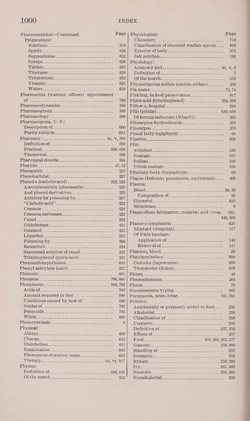 Pharmaceutical—C ontinued. Preparations: Solutions Rav Sewanee se eee ee 618 S DIT LS enone te Be ee nn ee ee 628 SUDPDOSILONICS Sse ete ee eres 632 SYTUDS ae ees eae eee are ere 628 Tabletseetonibaes £0 ein ol eee eee 632 RIT CLULOS Seer oe ek eee as eee ee 628 ALTICULATIONS Sas cee ot te ee 632 ViINICCaTsu eee ah Ss he eta ee geen 624 'W alert! gS Foe Ae 624 Pharmacists (warrant officers) appointment OL ae eee ee Pe a ees. ae eee 760 ibharmacod:ynamnl Gs eee eee 599 Pharmacognos Vs sea eee ee ee 599 Pharmacology aes-=e =. seen sean eee yee eee 599 Pharmacopoeia, U.S.: (Description, Ose s sass ces ue ee Se ees 600 UTLEY PeU2 11 Ck Tee ee 601 PRarmacy Skene eae Moe aati ans See eee I, V, 599 DehnitlOn Ofse ee eee ee eae 2 ee eee 599 IPractical Sees sas as eee ee ee ee ee 600, 638 A DOOretiCale saat se weeas LSS ek eek ee ee 599 Pharyngeal douchest-2.. 2.29 =... ee 334 Pharynxtsaeey ct Mee Seas eel ees 9 ae Ae eee 47, 52 Phenacctin seen se somes 26 asc ee eee ewan eee 225 Phenobarbital See sae sae ee eee eee 257 Phenol-si(Carbolieracid) esas ae ee 2228223 Acetophenetidin (phenacetin) ____________- 225 An Cephenoladeriva tivesa===== === aman 2) Antidote for poisoning by____--____._______ 267 “Carbolig acid aaras sear are oe berms 222 Cre0s0 Caan e ee b eet en ee eee 224 Wreosotecarbonalemss === === aae een 225 Cresolen 22+ on. Fame 2 2) Vike eels cata Stee 223 Disinfectant. 224-6 see ese nee 451 Guaincolisates 2 eet ae poe ees Eee 225 liquefied ates £8 Be eer’ oo eee 223 (ROISONING Dy aaa ee ee ee eee 268 FRCSOrCINO teas so veet ene 2 ee Sore heme eee 224 Saponated solution of cresol_______________- 223 Trinitrophenol (picric acid)_____...________- 224 een osu fone poly 13/161 tees ee eee 895 Phenylisalicylate (Salol) saeeaas= = aes 227 PHIM OSiSwet ee. een eee ee ees see 491 PHOSEeneseete saa eee we ees oe ee eee eee 706, 866 PHOSPHORUS Aes eee eee oS ae ae ee 580, 702 A IGLOS Of eee aes eae ee ea ate ee 703 PAINOUTIUTOCUATOC sl Tn CC | aaa an eaae 580 Conditions caused by lack of______________- 580 Oxides of tare sates ao eae oes es See 703 Pentoxide Say cek aoe Seer ee en eee 703 White Wise sees et ats eee See he er ee 866 PHOCOSV IE NCS|S are = aaa ae me ee 6 Physical: LIOTO Vieweg ce eee te eee See ee eee 489 Change). eos aatns se es Serene 652 Disinfection sacs fee lee eee eee ee eee 451 EXAM ations see oe eee ae a ee eee 848 Phenomena of matter, some_____-__________ 653 Dherap yee. ec acc eee ee eee I, VI, 917 Physics: Definition Ol. ..6- 2 oe eee 599, 653 OPV UC aT Chit oo Loar ee ee ee 552 Page | Physiological: Page Chemistry 2a. eee ee ee ee eee 714 Classification of chemical warfare agents____ 863 Exterior of bod ya see ee ee eee 374 Salt:isoluitionze= 2 te oee eta eee eee 19€ Physiology: FATA COM Y) BNC a ae eee eee eee ae eee mm, v, 5 DelinitionOlss ete eee ee ee 7 Of themarchucdte ) ces oan ee ee 552 Physostigmine sulfate (eserine sulfate)________ 253 Pig, Mater toons Saeee ee Pee ee 73, 74 Pickling, in food preservation_________________ 817 Picric acid (trinitrophenol) _______.________- 224, 364 Pillows; hospital. sc ee ee 289 Pills’(pilisles Bees tec ee eee 630, 638 Of ferrous carbonate (Blaud’s)________-______ 205 Pilocarpine hydrochloride--___-________-___-- 253 PilOCAT DUS 2 22— eee Se a ee ed Pee ee ee 253 Pineal: bod y4epipbysis) 22562 eee eee 63 BApOULeS Sas cece ee oe oe rae eae ees ee ewes 606 Pits: Ablation Sat are et: os oe eee Se eee 539 Soakage seas a. Meals ee Foe ie ee ee 537 Sullagewrr 26 Ae aL eS eee es ea 539 Urinal sOaka gee eas] soko ee See 538 Pitvitary bodyschypoplysis) =ames === 63 Plague (bubonic, pneumonic, septiceemic)__.._ 409 Plasma: IBIOOdS foes ss 2 at 5 ee Ee 29, 30 @omposition Ofsess- 2 ==) =. ee 30 Glycerin. 2222292224 e ae ee 633 (Vem branes. 22 ess ee ee 8 Plasmodium falciparum; malarize; and vivax. 3839, 448, 908 Plaster-Si(em plastra) crease ene 629 INCUSGaEGs (SINS ISI) eee eee 317 Of Paris bandage: Application Of 22.2 22 eee ee 140 Removal Offeesee sts. Saat ee eee 141 Rlatelets DIOGO 2 sere: oo eee aera ae 29 Platyheminthe=ste. ses a) see ee eee 909 Gestodes (Ga pew, ONUS) see ae 909 Trematodes! (Hikes) esses eee eee ee 909 Pleura ss h2 eas ot bts ee ee 48 Pleurosthotonos ste oes e eee eee ne 268 RIGKUS 25324 Gehl hoe Je era en ae eee eee 79 PAIS UIINO COCCU Ssh yi) Ln Se eee eee ene 903 eNeUIMONIA TAC LO Ob ales ae eee 341, 391 Poison-s: Accidentally or purposely added to food_-_-_ 259 AUK BLOGS Ss 22 acta oe oe wee oe ee 259 Classification Off. 5 24253 se= ees ee 258 @orrosive £25. See 5S Pe a clea Sete: eee ee 259 Definition Ofeey se se eee ae eee 257, 259 FOTTECES Of ee ee ee eee ae 257 HOOG= 230 see sa) ee cent eee 259, 260, 265, 377 GASCOUS Ls pete eee ee Oe ee 258, 260 Handling offs 28 soc oe eet eee eee 835 Inorganic.’ 4.8 ase eee ee ’ 958 Ivritante.. 2 ace ke oon eee ees eee ee 259, 260 hE spt RE ee nie ieee es Pe cermin 6 481, 560 IN@UT OTIC: Sa) Sree tare ace neon ey eran 259, 260 Nonalkaloidaliee: = se ee eee 259  - Le — eo he £ &gt;» fel ay we , i Sen oe ee