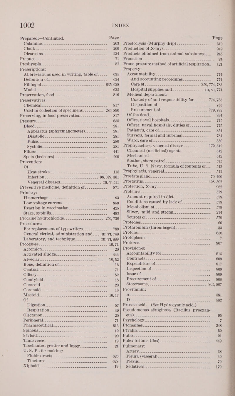 Prepared:—Continued. Page Page Galaniines Vu Shs ee ee Reece ee 203 | Proctoclysis (Murphy drip) ---...-...------__ 310 Clg lk See eS ere ee 2 eee er 200 i SETOCIICCIOTINO fe XGT AVS =e eee 942 OleoresinsSe Sees ee ee ees 234 | Products obtained from animal substances___ 245 PYODUCE Bee says Sa ee et _aee e ee 71) MR TOMA LION Dis eres, eaaee sso Meme ae mee ee eee 24 Presby0plasssseasa seems tess oe a eee 82 | Prone-pressure method of artificial respiration. 121 Prescriptions: Property: Abbreviations used in writing, table of____- 635°h =A ccounta DiliLy 55.2 soos een ee 774 Definition ole een eee eee ee ee 634 And accounting procedures______________- 774 Hibline Of Sete Bees BIS Ne cn oe 635, 638 Care Of72 Ns ee eet pee coe 350, 774, 783 IM Ode]: Nae ee ee Oe ae OF Pye nd FEIT ees 635 Hospital suppliesiandaess 22.52 sss. Ill, VI, 774 IT ESCLVALLO LIL OOC see ee a ree ae eee 816 Medical department: Preservatives: Custody of and responsibility for_______ 774, 783 Chien ica eae tei: eee Peers ee wee 817 Disposition (Of) 8 cece re eee 783 Used in collection of specimens_-_-----_-- 286, 890 Procurement \0f2 3-22 eae oer eae ae 779, 782 Preserving, in food preservation _-_.-__-----__- S17 pO Lthecdead Sarugs bl Soe a rete cee 834 PLCSSTOUe ee eee ee eee rae 655 Omi ces naval hospitals === ann nS 775 BIGOd See noe sere Lk ee eee ae 281 Officer, naval hospitals, duties of_._-________ 775 Apparatus (sphygmanometer)____-.-----_ 981 | mahatient’s, Care Of2 = 7 oo eee ee 354 TiastOliCh ee ee te a ee ee ee 281 Surveys, formal and informal_____.___-______ 784 (PillSeusee eee Gta ern, 8 See eee ee Ss eee 280 Ward, CaYe Of See eee cee ee 350 Sy aLOli Cuneta vault bee ere 981 | Prophylactic-s, venereal disease__-___-_____- 179, 512 Ti lteramee a aa. Se rr SSS ers 441 | Chemical (medicinal) agents___-_..________ 512 Sinots(bedsores)= sesso shoe eee nner 209 |) q vlechamical a tio s<neenen soe eee eee 512 Prevention: Station, shore patrol: oo 2 2 eee ee 575 Ot. Tube, U.S. Navy, formula of contents of... 513 Heatistrokese ee ee ee eee Tis We rophylaxis; venereal. seco 2 ses. eee ee 512 Tifection ese p- eestor aes eee 06,827,361) | ELostate land ihe a eas ee 70, 490 Venereal diseases. ss. 22.2102 20 eens TI, V) Sli ee sOStatltis 2 nem cataremc ees eucre sees 498, 502 Preventive medicine, definition of.-....______ S7i RE LOlectiony X-ray fac. sense oe ee eee 962 Primary: ELOUGIN-S 222. Se ee eg 5 eee Be ee 579 Heemorthace 2. Mates oa es aeee Pe ee 93 Amount required in diet_____.__..-_____-_- 579 Tow volsace currentis. © ses e 950 Conditions caused by lack of_____.__._-____ 579 Reaction in: vaccination ssse. se ne eee ee 495) ope Ola DOLSUY Of ian aan sane one a ee 579 Staves syphilis ste sa ee eee 493 Silver, mild and SITONGSS = se ae ene ee 214 Procaine hydrochloride_____------ TDG 256, 736 Sources Of~ 22. sos ccaStco tea Ne saree eee ae 579 Procedures: ETOL@OSGS oat oa ech eo ee 60 For replacement of typewriters___._________ 7g9 | Prothrombin (thrombogen). --------------__- 33 General clerical, administration and___ 1, v1, 749 | Protoms_------------------------------------- 650 Laboratory, and technique____-_______ II, VI, 889 ASO) OLS ee es eae 7 Process-see eee eae ns SA Se aN 16,71 | Protozoa... ...-.----------------------------- 907 EX CLOTLOTY Pe a ee ee oe ek ed tes CR ihn clin | 20 | Provision-s: Activated sludges... 202 ses ee re 444:| aca CCOUNLA DINGY 100 ac ees eae ee ees 815 ‘ALyeolar specs set ntson sien eae eeeng 18,62 | \Contracts»—_—_~ 2. 422 eee sea 809 Bone definition ofsw sae ee 16:| qeexbenditure Of no meee ee ee ee 817 Centrale apes re sgn a rr ex) ae mle eI DSPEChiON Ol 2.52.5 sore eee ee 809 Oiliary.s 2 Sean es Set eed fen oc aE S| ned OSC OL Ni aee See EN eke ce Soak ee 809 Gond yloid es Soe os hs > a 1S|\) eetocurement Of See s6s 2... aes oe 808 Coracoidsa ee ee ee ee eee 50 |i eCOreLOOMS* 2200 c so. acon Satay cea eee 805, 807 Goronoid 22 S22 aie ree 18 | Provitamin: INISSLOLG Laat soon sos cee Serre Sam ene eee 1G17'|. (GAS ese een chan bane ee eee 581 Of DG RORAE as ea sia doe: teal 582 Digestion. tle: foe = eae eas Cee 57 | Prussic acid. (See Hydrocyanic acid.) Respiration ee ae eet an Oe 49 | Pseudomonas aéruginosa (Bacillus pyocyan- Olecranon ss hes eeas el oman See 20 @US) SSRN sce ek ee ee 95 Peripheralaer: ts2c2 sie ee eee eee 71 RSV ChOlOgy 22226 ee ee a qi ledevaipects(es phonies 6iSc ARCOM aimessiss eee Soe ee ea 248 SDINOUS 227 tia 2 es Wa ee 0 Ae re es 19 BP Gy alin Ses oe ace oo ke ae an 59 Sty lod 22022 eer ae en es 0} |S EAU 1S Beton Peers ve Ss ee at 21 EDTANSVOLSO. eae ee Se Ne eee een 19) teRuloxtirritans) (fea) eee see eee eee nee 449 Trochanter, greater and lesser_____..-_-____ 21 | Pulmonary: U.S. P., for making: ATUOTY te a ee She ee ee 38 Bivtidextractssi<155. 2) 252 oe ee eee 626 Pleura (visceral) eee 49 ECINCCUTES Unc oO seek Ooh ear. eee 628 IPIGXUS$ Bie eo te sae Oa. ee eee he 79 ER TDNOId Sie cee tee sano we eee 19 ee Sedatives. oo ers eee Se ee 179  —— > a