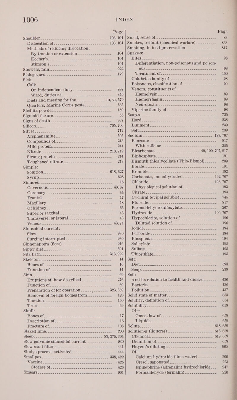 Page Page Shoulderse eee cee see eee soe te eae 1034104, |3Smell, sense Of22225-- 22 ee ee 83 Dislocation Olas eee. sae ee eee 103, 104 | Smokes, irritant (chemical warfare) ______-._-_- 863 Methods of reducing dislocation: Smoking, in food preservation_-__------------- 817 By. traction Or. extension f22es see eee 104 | Snake-s: KC OCHCr’S Seen ee a ee 104 Bites ..f2 2208 Soren fe ene tee eae a 98 Stimson’ Sa gee ce See ee ea ee eee 104 Differentiation, non-poisonous and poison- Showerss Taine: eases ee eee eee 922 QUS {22 e425. eee ae a ee 98 Sislog0cues sess ee ee ee eee 179 Treatment, 02.22 fe ss. oe eee 100 Sick: Colnbrine family of 2.5.) ae eee 98 Call: Poisonous, classification of__-.___._.--_____- 99 On independent duty. > ~---2-2-----2_-2. 887 Venom, constituents of— Wiard -CUtiCs aban ees e et oe see ee 346 Hesmolysin 2-5 42st oe ae ee 99 Diets and messing for the___--.--------- Il, V1, 579 Hasmorrhagin S2-o. sass = ee eee 99 Quarters, Marine Corps posts-----.-------- 565 Neurotoxits: 22 = 22.2 Je paaee ee eee 98 Stodlitz pow Gets esa) erate see eee 180; eeviperine family of 22.2 see eases eee 98 Sigmoid flexure. eases. 22-2 -o ee 55) |(MSO8D-Sa eee eras Sw et oe ce 720 Signs of deaths 2. 0s. ones ete ae eres See 837 ard: ee a eee Oe tee ae ee 238 Sili CON Ss eee are aoe ee ee a ar ar ers 705, 706 TNT ON G50 tee ee or ee ee ee 239 Sil Of eae oe tn a ee ae 712 SOlbae ve eae ee Bae 239 ATSPHONaMIN Gsaete. sees. eee ee ea eaee BOS, WOOCTUIE Sraese a2 ee ee ae one cee a eee 187, 707 Compounds iol s2 ae 2 ee ae 213 IBeEnZ0atOni See sues 20 See ees oa ee ee ee 817 MEIIG. DYOtOiN sa ett aes ees see en eee 214 With-cafieine.: 2 28 sa. = =e a en ee 255 Nitra tesseee 2 aoc eee ee on eee a i oeaplee ‘Bicarbonatess ss) -22 ses. 2a eee 49, 190, 707, 817 Strong: protelliss. 226 sarah s eens noe eee 214 ‘Biphosphate:- = ..222 2 eae ee ee 191 Toughened NitratOsese= =e see eee eee 213 Bismuth thioglycollate (Thio-Bismol) ______ 209 Simple: BOPate 2 soe ee oe a ee 2 oe ee 191 SOlIELO I Serre ee ee een ae ee eee 618, 627 BLOM de feO. See a ee Soe ee 192 SEU eee es te Ree ne re nS ee nr 628 Carbonate, monohydrated-_-_-...---.------ 192, 707 Ral b RSet ph a la Te NS a ed ea 16 Ghiloride 2233 soe ee ee ce J ee ee 193, 707 Ga Vvernous aes te ee ee ere ee eer ens 43, 87 IPhysiolocicalisolution ola == === aan 193 CORONAL Ye ee ee ree ee en ets 44 Citrate sss. 252 ee ea ee ee eee 193 ETON a] ere Coe Re eee ne re eee 17 @yclural(Gyvipalisoluble) == 745 Max lary ese hee ae See see ee ee ee 18 HP IUOride 2222 Sa. ten oe baa ees ee 817 ODI GN OY ice Se aoe ee re me eee es Sere 65 Formaldehyde sulfoxylate_______-___-______ 267 Superior saccital ee alesse een ee eee 43 Mydroxide2)-4 fo 2622 ee 190, 707 T'ralisverse, OF lavelalsss tes - oe ee 43 Hypochlorite, solution: Of223. 22. 196 V ONOUSe tree tees eet Sar one te ee 43,74 Dilutedisolution 0fa=— === 196 Sinusoidal current: Todide 22s 20 Sees v2 rete eens eee ee 194 Slows a2 eees sa see i cae sa oan nea eet 930 Perborate 2258-2660 ee esses See ee 194 Surging interrupted 2. .-sseee. 2 cose sete 930 Phosphate. ..22.4222-20 22ers eee 194 Siphonaptera (leas) g2e2 ese eee 916 Salicylate. .205. 2. ..22_2. = oo ae eee 195 Sippy diets22es2eekl aes Sosccs ese eee 591 Sulfate: Seac cece ke eee eee eee 195 Sitzobath eee sae See eae eee eee 313, 922 Thiostilfatess:5 2<- oe ae ee 195 Skeletoniete sie esse 2 Set SS a ie eee 14 | Soft: Bones Of se teta see a eee Sen ee oe eee 16 DD CG st oe toe Seg ee Bae ee ey a ee 593 PunChiOn Ofse- sla seen et See eee ce 14 BOSD. sc .no- eae eens ase oe eee ee eee 239 SKiN@src een en ceots Se hs beer eres sane 69 | Soil: Eruptions of, how described_-------------_- 276 And its relation to health and disease_______ 436 MUN ClION Oss teresa tae en a ao ee Sener 69 Bacteria tac. oe i See ee eee eee 436 Preparation of for operation ____.-_.---.--- 323, 369 Pollutiqgne 2 2 22> Shs se ee eee 437 Removal of foreign bodies from__________--_- 120) |e Solidustate Of matte same a ane eee 653 PPraction Tse aoe eee eee meee ee eee 160) |Solidity., definition Ofges==--— === == eee 654 TD TUG Se te eee ee ee en eee eee re 69: \4SOlWDINItY2@ een oe ene eee eee oe ee eee 659 Skull: Of— Bones Of 22 eee Se ere eee ile Gases; law Of 2b eee ee ee 659 Description Of #25--2222-8-2eses a oe eee 16 Liquids 2h J eee ee ees 659 Bracture offece + =o ee oe ene teen OSH -SOMWtes ea eae eee ee ae eee 618, 659 Slaked lime@izcet cfs. ae. oe ee ee eee 200); Solution=s) (1g U0res) aes eee aac eee 618, 659 SiGe) @ a eRe Reete: he pay a) Sead Piet 8. 83, 275, 304 Ghemicale= 9.7 8. Pe eee eee 618, 659 Slow galvanic sinusoidal current_____-___-___- 930 Definition ofc conn eee 659 SUION CARER OCIA DUH REL 8 ee ne 441 ET V.Crne Seal Glin oe eee eee 905 Sludge process, activated____.._._.--.-----_-- 444] Of— SIMS POX 222 2 Seek ee eee ee ee 338, 422 Calcium hydroxide (lime water) -_-------- 200 WSCCiN@s 252223. = eee «ee eee -425 Cresolssaponated Se aee eee sae eee 223 Storage of______- jee eee 426 Epinephrine (adrenalin) hydrochloride... 247 DOMCAS fee eee ioe, een eee 901 Formaldehyde (formalin)_.........------- 220 