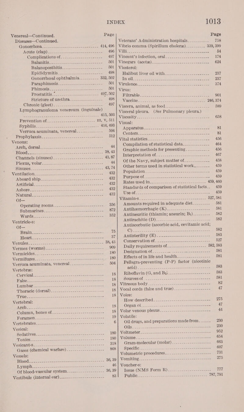 INDEX 1013} Venereal—Continued. Page Page Diseases—C ontinued. Veterans’ Administration hospitals._____..__- 758 Gonorrhoea___--.----------------------- 414, 496 | Vibrio comma (Spirillum choleree)_________- 339, 399 Wouten(Glap) aes cc a4 26s ce en sees MOH Me NULLS sce athe eaten Sh At iI oe eae ers. ete 54 Gomplieations ofa. S22. 24.25. eee 497 | Vincent’s infection, oral. .........-.22-----==. 174 Balanitis. 22.2. ---.~----2=-2-5----- BOL Vinegars (acetse): &lt;.:, a6 ooh lt kt ose 624 Palanoposiitis.-—... 2202-522. = 501 | Viosterol: Epididymitis___..-.--.------------- 498 TSG bi oyenE Ibvere COM sntiol 237 Gonorrhceal ophthalmia--_----_--- Sor RMA MAMMAL Gils 1 Rivuieds aha.) deeb adl saben oe 937 Paraphimosis-__-------------------- ADEA eae Re resis’: Boek ahdlow tase AK IN nee Oi A Phimosis- wpa n nena n een nn nena 501 | Virus: Prostatitis ENS teed ee 8 ca ere ROG Whe vale, obo oe le es ai Stricture Gkuretubase 22. eee COSMET AR sir MC, ine ell BS iacs Chiromien(@leet)i6 ces cn oe eek eee 4907} =. ‘ ’ Lymphogranuloma venereum (inguinale) eo animal, as food_-.-------------------- 589 Wsee See ee Oe ty Bee 415, 503 Visceral pleura. (See Pulmonary pleura.) Preventiow ot oe I, V, 511 ee ae) Bo a gt ee te et 658 Sisto Oe ee ee 416, 493 Visual: Verruca acuminata, venereal. __---------- BO eee ee eee ae 81 Prophylaxcisues. &lt;8 ee ce eee Bio| | COmtels 2-2-2 2-222 see anno neanae 81 Venous: Witabstatighicsws oe. scoot wet ee See 456 PNECH AG ObeaN gets ae Nth ee 44 Compilation of statistical data_____-._------ 464 Gd en ale une Oe Ny Gree US eas 38, 43 Graphic methods for presenting - ----------- 456 @hantiels Ginuses) =... &lt;o.02.-c6--+228-- oS 2- 43, 87 Interpretation Of... 22-42-22 +e 2s sos 467 Pilexticenyolare 5 20 Se eee Soe eee 44| Ofthe Navy, subject matter of_---..------- 458 SSC Ga ln eee) eee) eee eee 43, 74 Other terms used in statistical work. __----- 459 S/S RUE TCT ey TOR, SHED RU Ch lp gs ea Asp We POvUloviOn. J2.. &lt;5 {22022122222 459 onde ips eos! lage Rice Ae twee Woo Wal pOse Of 2. 281 22a eo ee 459 PRE Edi alt tet ek | then RE ISD: ee doo ebes Used iis_-_.- 22-242 -=22-2--2 2-28 - 459, 460 PACcLIGEE aa Were Ge ay PER Cee tas 2 ae 432 Standards of comparison of statistical facts... 459 INiarreralc se 1) ed ere 2 pune Ziel Woo i pO SOOE) = 582 ses eee sae ee 459 Of WibakMiticSrrtt 0 cee. rete er eae eee 527, 581 Operate rooms: . 2.0.2. eee ee 356 Amounts required in adequate diet_-_--_---_- 581 GiipManiNes ee oes so ae ee 872 Acaileernay or oe EO (O20) Se eee eee soee 581 Wand Gost Meee es a ee ee ee 352 Antineuritic (thiamin; aneurin; B1)--------- 582 Ventricle-s: (MTLIPACHIUICLOID).. hase ce5- Seis he ee 582 Of— Antiscorbutic (ascorbic acid, cevitamic acid; Bali Aree aa ere ee ees 75 ©) CAGE Bh ee eae er ee 582 ts (oc de CUO aU eae Mh ee ae See ree n 37 ‘Amtisteriuity: (Bic 2.222220 4. 3+ see 583 rE mUlGS eon Lat ee eel Ee Sa eee ee Bey 38, 43 ConservatiOt Of. J 22-21 seers toe see eee 527 Wermies CWONlS)s_2. oo eee oo saseen = eee 909 | Daily requirements of-----.-------------- 582, 583 Nani C Rc wee ie So Oe ee ee 180 | Designation of------.--.-------------------- 581 Marlies we ao oS oe eee 180| Effects of in life and health----.------------ 581 Verruca acuminata, VeEMOnCa lena ee ee eae 504 Pellagra-preventing (P-P) factor (nicotinic Vertebree: OR) oo. ae ea eee eet eee 583 (OES Cann (ote |S Sap ae ey RN eee ee 18 Riboflavin (G, and Bg).-.--2--+--+-----=--=- 583 also ceo! eRe ohn reat ee 18 MS OUILCES Olea Aan endo aa eet eno eee 581 WO ao ee ie en, Fee ieilVatreous body . #6 122-2. 425 = e-ste ee a 82 MPH ORACIC | (COLSHI es son oe eee eee 18 | Vocal cords (false and true) __----------------- 47 US UG eee ee i rs Pee 18 | Voice: Vertebral: OW GeSChibede seen. ae ae eee eee 275 PAC GINS a eetlan Pim Bs te ees et ae 18 Oream Of. &lt; e232 oS. sins So ee 47 Coltimn, bones Of... 2s .-2 222-244-2525 -- 18 | Volar venous plexus--_--.--------------------- 44 NORA TNO Me ea eee 19 | Volatile: Maw OUPALOSE. 2) eho 8 nee a eee ae 6 Oil drugs, and preparations made from -_---- 230 Vesical: Ollgs.. 224. bese he 2 2 ees eeee ee 230 Sin Gates oes 6 essere ee eee ee 180i) Voltmeter. 22---5---2 228 22 - Ses 952 MP tls een eae ee ee et {80 | Vonlme....2- 2222 Seek eee ees 654 GET ehh hc a ga Ee ene el songs eee 318 Gramemolecwian Gmolan essa s 2222 =e 663 Gases (chemical WHHAO) ccc ee ena = 868 Cpeciiees: Woo e&lt;s eee ae ee 607 Vessels: Volumetric: procedures: _- 32--2--.---2sece==2 731 VO aren aR oR ett oe a See 36,39 | Vomiting ._..---+--+.----------+----+-------- 275 oymph. 2 .3--2--2-&lt; 2-2-2 seh eos 2 46 | Voucher-s: Of blood-vascular system-=--------=--- ==--=- 36, 39 Tssie CNIS! Norm KR) esc. 342 2-e2- nee Hite