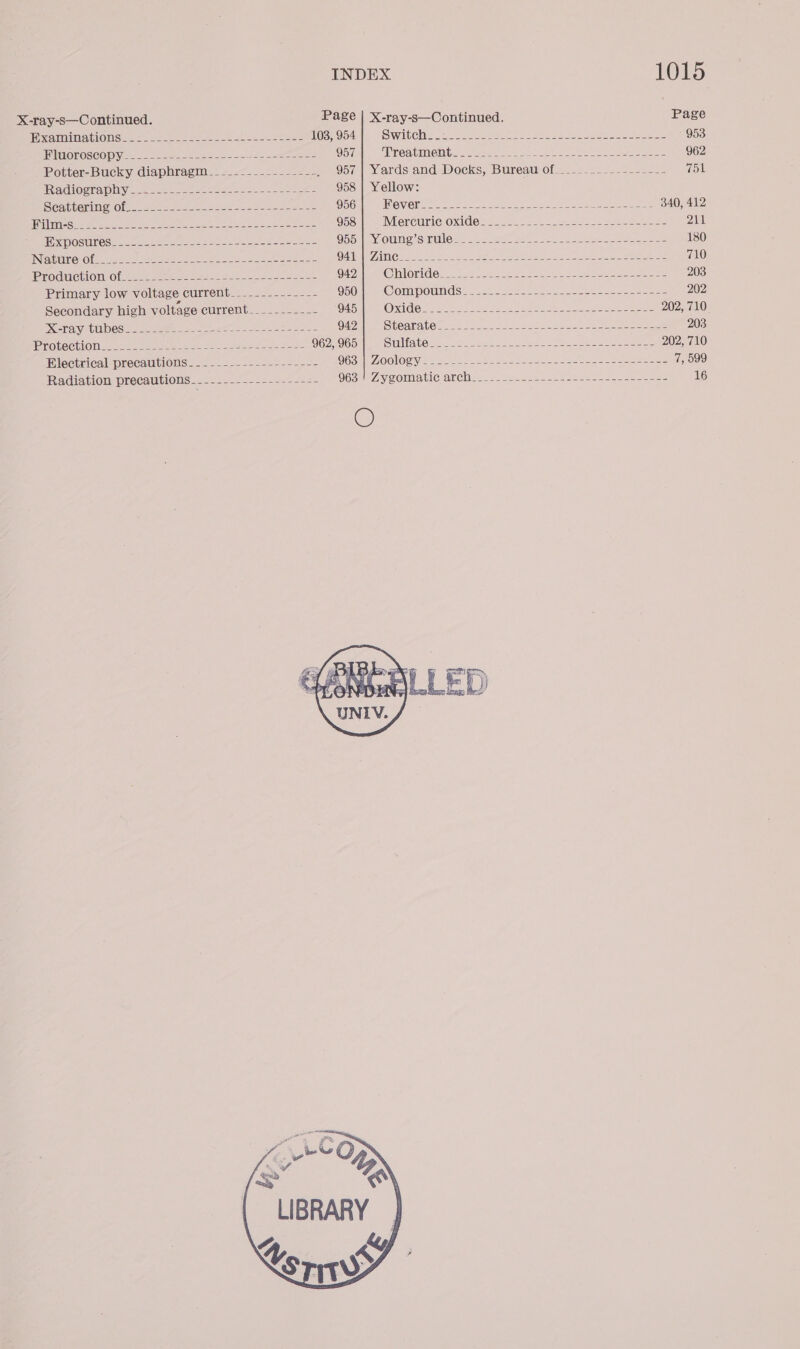 X-ray-s—Continued. Page | X-ray-s—Continued. Page i &lt;AMIM avons se ewe eae a eA 108, 954 Silchar iy Re Rag oe ee 953 HUIMOLOSCOD Vie 5 ee ee se oats a ee OS Tan. Ie reatime@ita- = 426052 seen ees See 962 Potter- Bucky diaphragm.) = 22225222222 _ 957] Yards and Docks, Bureau of___.___-_-----_--_- 751 Radiography ce 22. aa ee eee 958 | Yellow: Seal ieningOli ss ees eee eae or ae ee 956 HOVER fi oe oe ee nS ee eee Sentences B40) 412 FRITS Sk See ee ee ee eee re eee 958 INEETCULICOXIECG=4 oe eo aoe ere etre 211 UXPOSUEOS* ooo veee oe soe sen 2 oe hahaa 955 | Young’srule______- oer FET Pn Re ede eee 180 INSULT O) Ole ae a ee en er aa OA Zila C9 &lt;P 2 rieciee ee ees ns see a See ao ee an Lee 710 IPROGuctiOM Ole eee ae a ee se ee 942 Chioridess. === Bish ean ky KP EIEN eee 203 Primary low voltage current__.__---_-_--- 950 Compounds: esos 4s sees sess ee an eee 202 Secondary high voltage Currents == .ee2 945 Oxides ahi es he aha a Eee 202, 710 Xr VAbUDOS |e ee a. et eS lS 942 Stearatet 52.) te, (Ale eats oe ee eee 203 IB TOUCH Olle eee men ene be ene Pree ee 962, 965 State ccee ae a eds ee ae a ee Sere 202, 710 Hlectnicalsprecauulonse se 22522225 es 2 —— OCSa ZOOlOCi a = oe 2a et oe ae aren Pie Se eee es 7, 599 Radiation precautious..22 2.2 25--2---22- S63eeZveonnetl Can Chies ess 22a sae see ee see 16  