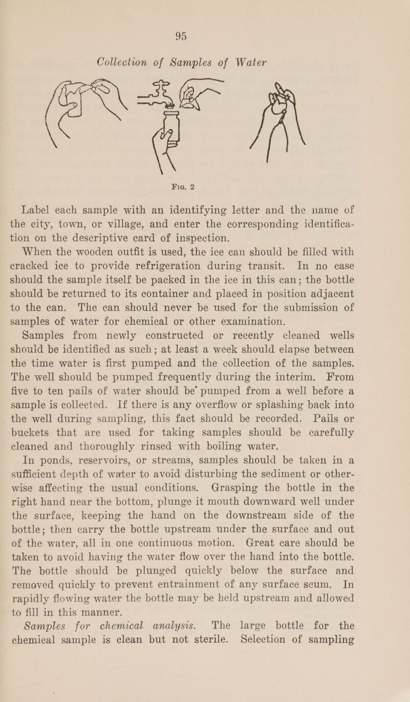 Collection of Samples of Water a Fia. 2 Label each sample with an identifying letter and the name of the city, town, or village, and enter the corresponding identifica- tion on the descriptive card of inspection. When the wooden outfit is used, the ice can should be filled with cracked ice to provide refrigeration during transit. In no ease should the sample itself be packed in the ice in this can; the bottle should be returned to its container and placed in position adjacent to the can. The can should never be used for the submission of samples of water for chemical or other examination. Samples from newly constructed or recently cleaned wells should be identified as such; at least a week should elapse between the time water is first pumped and the collection of the samples. The well should be pumped frequently during the interim. From five to ten pails of water should be’ pumped from a well before a sample is collected. If there is any overflow or splashing back into the well during sampling, this fact should be recorded. Pails or buckets that are used for taking samples should be carefully cleaned and thoroughly rinsed with boiling water. In ponds, reservoirs, or streams, samples should be taken in a sufficient depth of water to avoid disturbing the sediment or other- wise affecting the usual conditions. Grasping the bottle in the right hand near the bottom, plunge it mouth downward well under the surface, keeping the hand on the downstream side of the bottle; then carry the bottle upstream under the surface and out of the water, all in one continuous motion. Great care should be taken to avoid having the water flow over the hand into the bottle. The bottle should be plunged quickly below the surface and removed quickly to prevent entrainment of any surface scum. In rapidly flowing water the bottle may be held upstream and allowed to fill in this manner. Samples for chemical analysis. The large bottle for the chemical sample is clean but not sterile. Selection of sampling