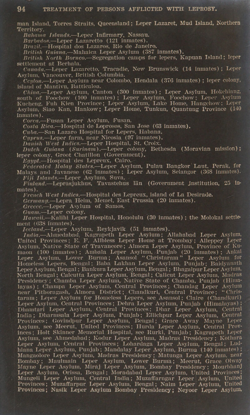 Territory. Bahama Islands. epee ‘Infirmary, Nassau. Barbados.—Leper Lazaretto (121 inmates). Brazil——Hospital dos Lazaros, Rio de Janeiro. British Guiana.—Mahaica Leper Asylum (3887 inmates). British North Borneo.—Segregation camps for lepers, Kapuan Ilana leper settlement at Berhala. Canada.—Leper Lazaretto, Tracadie, New Brunswick (eu! inmates) ; Leper Asylum, Vaneouver, British Columbia. Ceylon. island of Mantivu, Batticaloa. . China.—Leper Asylum, Canton (300 inmates); Leper Asylum, Hokchiang,     Asyluin, Siao Kan, Hankow; Leper Home, Tunkun, Quantung Province (140 inmates). Coreg -—Fusan Leper Asylum, fFusan. al de Leprosos, San Jose (63 pie: Cuba. San Lazaro Hospital for Lepers, Habana. Cyprus.—Leper farm, near Nicosia (97 inmates). Danish West Indics. —Leper Hospital, St. Croix.    leper colony, Groot Chatillon (Government). Egypt.—Hospital des Lepreux, Cairo. Malays and Javanese (62 inmates) ; Leper Asylum, Selangor (368 inmates). Fiji Islands.—Leper Asylum, Suva.  mates). _ : French West Indies. —Hospital des Lepreux, island of La Desirade. Germany.—Lepra Heim, Memel, East Prussia (20 inmates). Greece.—Leper Asylum of Samos. Guam. —Leper colony. © Hawaiti.—Kxalihi Leper Hospital, Honolulu (ex0) inmates) ; 3 the Molokai settle ment (638 inmates). ; Iccland.—Leper Asylum, Reykj avik (51 inmates). India.—Ahmedabad, Kagrapeth Leper Asylum; Allahabad Leper Asylum, United Provinces; E. IF. Allbless Leper Home at Trombay ; Alleppey Leper Asylum, Native State of Travancore; Almora Leper Asylum, Province of Ku-  Leper Asylum, Lower Burma; Asansol ‘“Christaram” Leper Asylum. for Homeless. Lepers, Bengal; Baba: Lakhan Leper Asylum, Punjab; Baidyanath Leper pep: Bengal ; Bankura Leper Asylum, Bengal; Bhagalpur Leper Asylum, “Presidency ; Chamba Leper Asyluim,. Native State of Chamba, Punjab: (Hima- taram; Leper Asylum for Homeless Leper s, see Asansol; Claire (Chandkuri) Dhamtari Leper Asylum, Central Provinces; Dhar. Leper Asylum, Gentral India; Dharmsala Leper Asylum, Punjab ; ‘Ellichpur Leper Asylum, Central Provinces; Govindpur Leper Asylum, Bengal; Grace. Away Mayne Leper “Asylum, see Meerut, United Provinces; Hurda Leper Asylum, Central Prov- inces; Holt Skinner Memorial Hospital, see Rurki, Punjab; Kagrapeth Leper Mangaolore Leper Asylum, Madras Presidency ; Matunga_ Leper Asylum, near Bombay; Maulmain Leper Asylum, Lower Burma; .Meerut, Grace Olway Mungeli Leper Asylum, Central India; Muzaffarngar Leper Asylum, United 