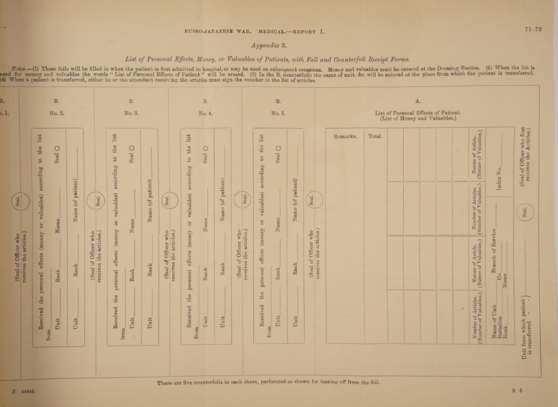  71-72 Append 3. Inst of Personal Effects, Money, or Valuables of Patients, with Foil and Counterfotl Receipt Forms. Csoqqen[eA Jo Joquin yy) ‘ge[OTJTW JO Joquin yy | ;  List of Personal Effects of Patient. (List of Money and Valuables.) Total.  &amp;c. will be entered at the place from which the patient Remarks.  (3) In the B. counterfoils the name of unit, yand valuables the words ‘“‘ List of Personal Effects of Patient ” will be erased.  ~ ULOT} No. 3. There are five counterfoils in each sheet, perforated as shown for tearing off from the foil. 