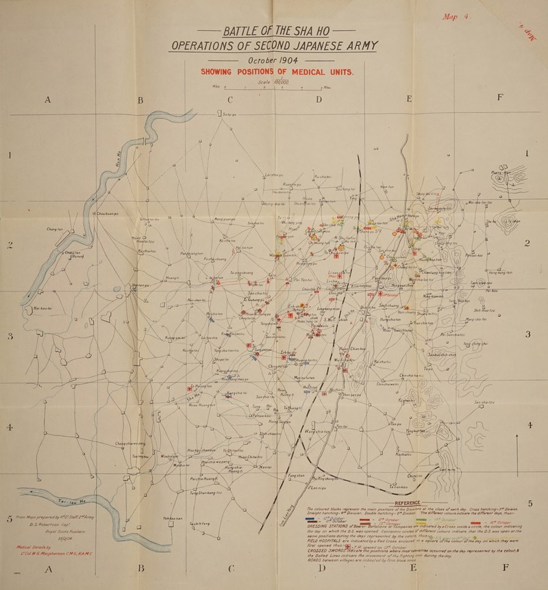   2: ia         Miles o   (é / Scale 00000. a 3 re 5 Miles 4  D     &gt;       Li-san-chhh ra ocr Ny) ~~ Li-chia . = iS earch                          ting Sate “pu ai wai Mel oe             o     5 from Maps prepared hy HIYOl Stalk 2 “Army B.S. Robertson Cap! Royal Scots Fusiliers. 25/2/OF Medical Details by L’ Col WG. Macpherson. CMG, RAMC. a  my Lott ce /   Hsiao- Huang un       a : . Ta- hi-tapFzu ung-chia- Hyang-t        Putsao-kouw Aa his oF Gk Nan-tai 0       Ye  yg ees &gt; SS] San-chiatzu  ie    ou lt fs  YehJao-nan |  Ta-chih-Fang as) Sy $ ©    Irs nc oS Fie     — = Ta-lien-kou mS ee   REFERENCE. 4) ONG Vo oe clo, er ad (October fore) /#° October oper “@- D.S. Qven an 1/# Og an (AMS SM OCP first opened thus: the Dotted Lines ind:care the movement of the fighting vait during the aay. D eT iE