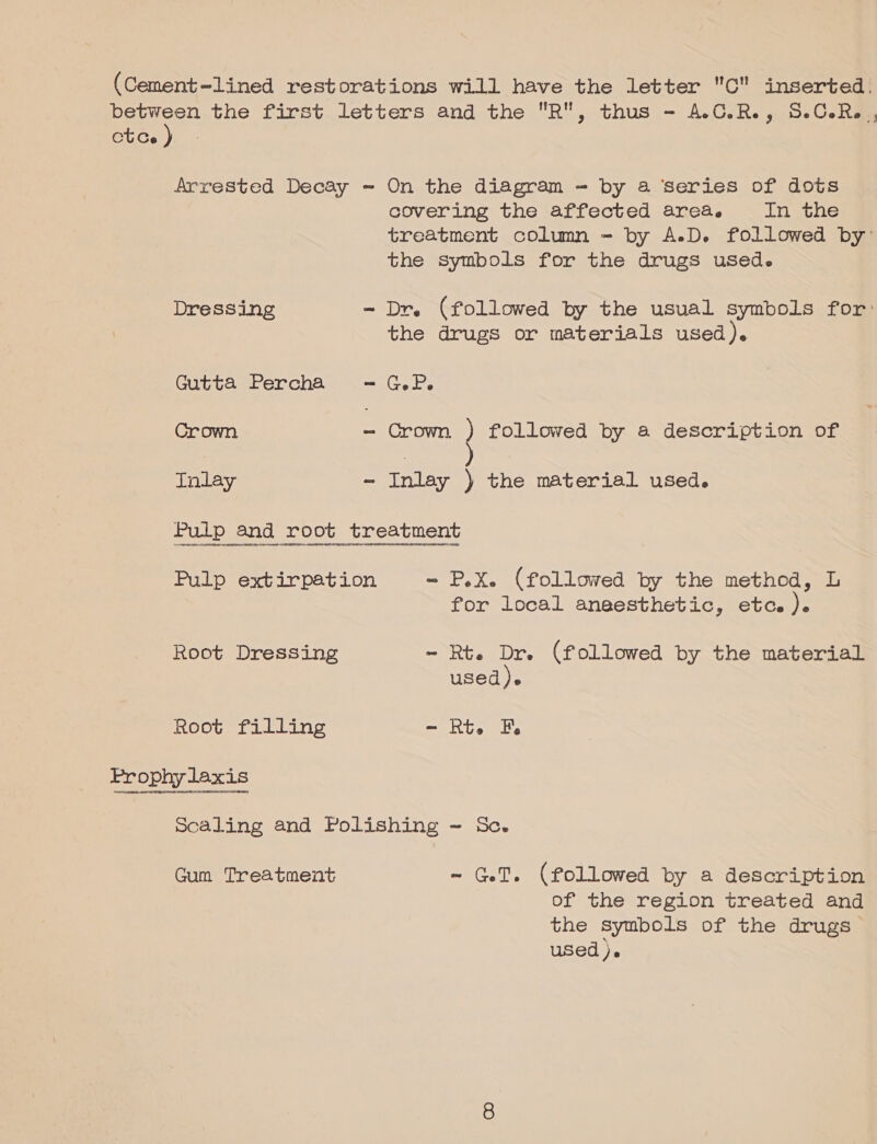 (Cement-lined restorations will have the letter C inserted. between the first letters and the R, thus - A.C.R., 5.C.R.., ctce ) Arrested Decay ~ On the diagram - by 4 series of dots covering the affected area. In the treatment column = by A.D. followed by the symbols for the drugs used. Dressing - Dr. (followed by the usual symbols for: the drugs or materials used )« Gutta Percha -G.P. Crown Crown ) followed by a description of iganlay, ~ Inlay ) the material used. Pulp extirpation - P.xX. (followed by the method, L for local anaesthetic, etc. ). Root Dressing - Rt. Dr. (followed by the material used). Root filling -Rt F Prophylaxis Scaling and Polishing ~ Sc. Gum Treatment ~ GT. (followed by a description of the region treated and the symbols of the drugs used ).