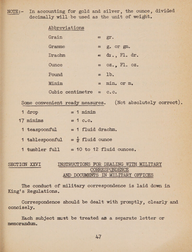 e NOTE:- In accounting for gold and iver the ounce, divided _ decimally willbe used as the mis of oa Abbreviations Grain =) or. Gramme eS Se Or: om. Drachm edie Moda. Ounce | = oZ., Fl. 02. Pound moe Oy Minim = .min, or m, Cubic centimetre = c.c. Some convenient ready measures. (Not absolutely correct). 4 drop = 1 minim | 17 minims Bel CEC. 1 teaspoonful = 1 fluid drachm. 14 tablespoonful = % fluid ounce 1 tumbler full = 10 to 12 fluid ounces. SECTION XXVI INSTRUCTIONS FOR DEALING “WITH MILITARY CORRESPONDENCE AND DOCUMENTS IN MILITARY OFFICES eas vveUEUD svoawetveacnenac vou vaveubonasaeunernansot O44 4tceRtve+tceratvot os 4#1Cd4OOLPHUALperTTopOEazONET1pednEtGcovanenpendunatest 1 BORORDODEtonapotesenuennent ELD  The conduct of military correspondence is laid down in King's Regulations. Correspondence should be dealt with promptly, clearly and concisely. | Hach subject must be treated a8 a separate letter or memorandum. d/