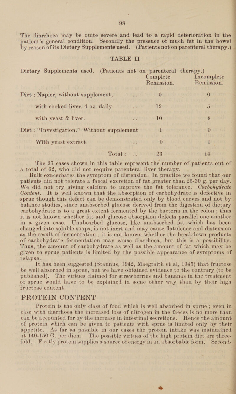  98 4 The diarrhoea may be quite severe and lead to a rapid deterioration in the | patient’s general condition. Secondly the presence of much fat in the bowel ; by reason of its Dietary Supplements used. (Patients not on parenteral therapy. ) 4 TABLE II } Dietary Supplements used. (Patients not on parenteral therapy.) | Complete Incomplete Remission. Remission. Diet : Mepien without supplement, ot oe 0 . 0 with cooked liver, 4 oz. daily. 2 12 5 with yeast &amp; liver. oe 10 8 Diet : “Investigation.” Without supplement i 0 With yeast extract. 4 0 1 | Total: .. 23 14 The 37 cases shown in this table represent the number of patients out of a total of 62, who did not require parenteral liver therapy. : Bulk bevifecien Nantes the symptom of distension. In practice we found that our ~ patients did not telerate a faecal excretion of fat greater than 25-30 g. per day. We did not try giving calcium to improve the fat tolerance. Carbohydrate — Content. It is well known that the absorption of carbohydrate is defective in — sprue though this defect can be demonstrated only by blood curves. and not by balance studies, since unabsorbed glucose derived from the digestion of dietary carbohydrate is to a great extent fermented by the bacteria in the colon ; thus © it is not known whether fat and glucose absorption defects parallel one another — in a given case. Unabosrbed glucose, like unabsorbed fat which has been ~ changed into soluble soaps, is not inert and may cause flatulence and distension ~ as the result of fermentation ; it is not known whether the breakdown products — of carbohydrate fermentation may cause diarrhoea, but this is a- possibility. — Thus, the amount of carbohydrate as well as the amount of fat which may be given to sprue patients, is limited by the possible appearance of symptoms of © relapse. j It has been suggested (Stannus, 1942, Maegraith et al, 1945) that fructose ; _ be well absorbed in sprue, but we have obtained evidence to the contrary (to be — published). The virtues claimed for strawberries and bananas in the treatment of sprue would have to be explained in some other way than by their high fructose content. | PROTEIN CONTENT Protein is the only class of food which is well absorbed in sprue ; even in | case with diarrhoea the increased loss of nitrogen in the faeces is no more than ~ can be accounted for by the increase in intestinal secretions. Hence the amount — of protein which can be given to patients with sprue is limited only by their — appetite. As far as possible in our cases the protein intake was maintained — at 140-150 G. per diem. The possible virtues of the high protein diet are three-— fold. . Firstly protein supplies a source of energy in an absorbable form. Second- — FS 7 