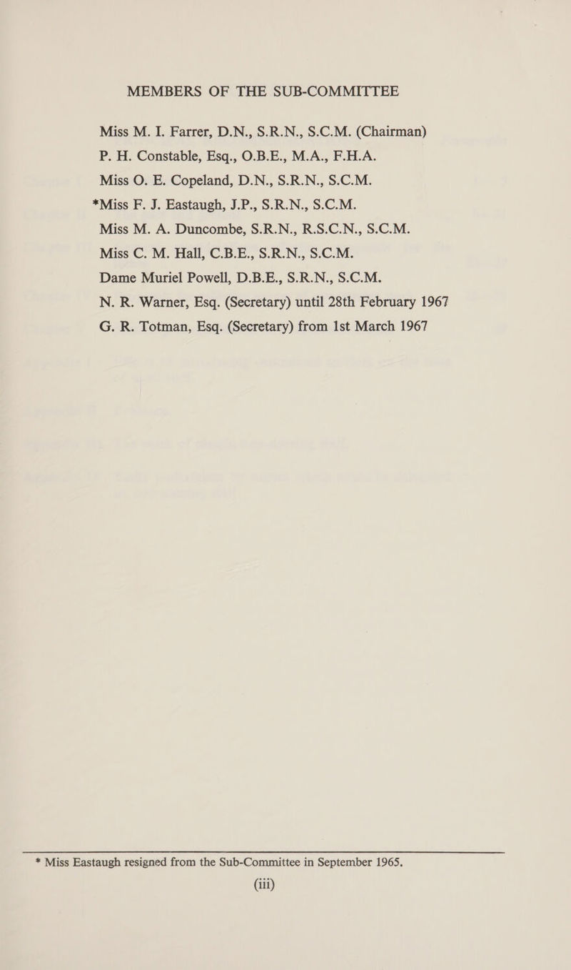 MEMBERS OF THE SUB-COMMITTEE Miss M. I. Farrer, D.N., S.R.N., S.C.M. (Chairman) P. H. Constable, Esq., O.B.E., M.A., F.H.A. Miss O. E. Copeland, D.N., S.R.N., S.C.M. *Miss F. J. Eastaugh, J.P., S.R.N., S.C.M. Miss M. A. Duncombe, S.R.N., R.S.C.N., S.C.M. Miss C. M. Hall, C.B.E., S.R.N., S.C.M. Dame Muriel Powell, D.B.E., S.R.N., S.C.M. N. R. Warner, Esq. (Secretary) until 28th February 1967 G. R. Totman, Esq. (Secretary) from 1st March 1967 * Miss Eastaugh resigned from the Sub-Committee in September 1965.