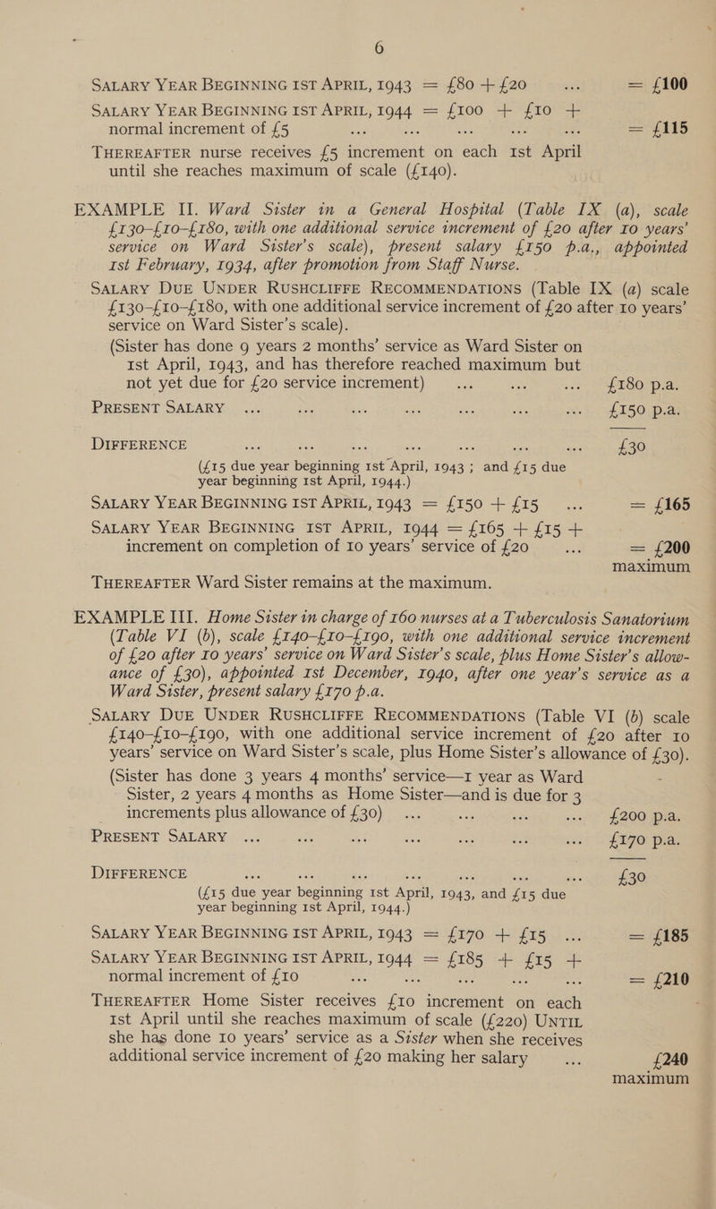 SALARY YEAR BEGINNING IST APRIL, 1943 = £80 + {20 ae = {£100 SALARY YEAR BEGINNING IST APRIL, 1944 = {100 + ee + normal increment of £5 cs ae Sh i nas == 4115 THEREAFTER nurse receives £5 increment on each Ist April until she reaches maximum of scale (£140). EXAMPLE II. Ward Sister in a General Hospital (Table IX (a), scale £130-{10-£180, with one additional service increment of £20 after Io years’ service on Ward Suster’s scale), present salary {150 p.a., appointed 1st February, 1934, after promotion from Staff Nurse. SALARY DUE UNDER RUSHCLIFFE RECOMMENDATIONS (Table IX (a) scale £130-{10-£180, with one additional service increment of £20 after Io years’ service on Ward Sister’s scale). (Sister has done g years 2 months’ service as Ward Sister on 1st April, 1943, and has therefore reached maximum but mot yet due for {20 Service increment) ©... ie vi, sf180sp a: PRESENT SALARY... a ses “ies shes ‘ei ai, fI5O,p.28 DIFFERENCE dap Pie Sst be a oe ay £30 (£15 due year beginning rst April, 1943 ; and £15 due year beginning 1st April, 1944.) SALARY YEAR BEGINNING IST APRIL, 1943 = £150 +15... = £165 SALARY YEAR BEGINNING IST APRIL, 1944 = £165 + £15 + 7 increment on completion of 10 years’ service of £20 ; = £200 maximum THEREAFTER Ward Sister remains at the maximum. EXAMPLE III. Home Sister in charge of 160 nurses at a Tuberculosis Sanatorium (Table VI (6), scale {140-{10-{190, with one additional service increment of £20 after Io years’ service on Ward Sister’s scale, plus Home Sister’s allow- ance of £30), appointed rst December, 1940, after one year’s service as a Ward Sister, present salary {170 p.a. SALARY DuE UNDER RUSHCLIFFE RECOMMENDATIONS (Table VI (0) scale £140-£10-£190, with one additional service increment of {20 after 10 years’ service on Ward Sister’s scale, plus Home Sister’s allowance of £30). (sister has done 3 years 4 months’ service—1r year as Ward ‘ Sister, 2 years 4months as Home Sister—and is due for 3 increments plus allowance of £30)... ay us oo; 2 £20Q ganas PRESENT SALARY ... se sind oo vee 2a wth (EGE pane DIFFERENCE ies £30 (£15 due year porurine. Ist Apnik 1943, ad Vee aa year beginning 1st April, 1944.) SALARY YEAR BEGINNING IST APRIL, 1943 = {170 + 15... = £185 SALARY YEAR BEGINNING IST APRIL, es £185 + £15 normal increment of £10 ee 13 Bae = = {240 THEREAFTER Home Sister receives ae increment on each ist April until she reaches maximum of scale (£220) UNTIL she has done Io years’ service as a Sister when she receives additional service increment of £20 making her salary ae £240 maximum
