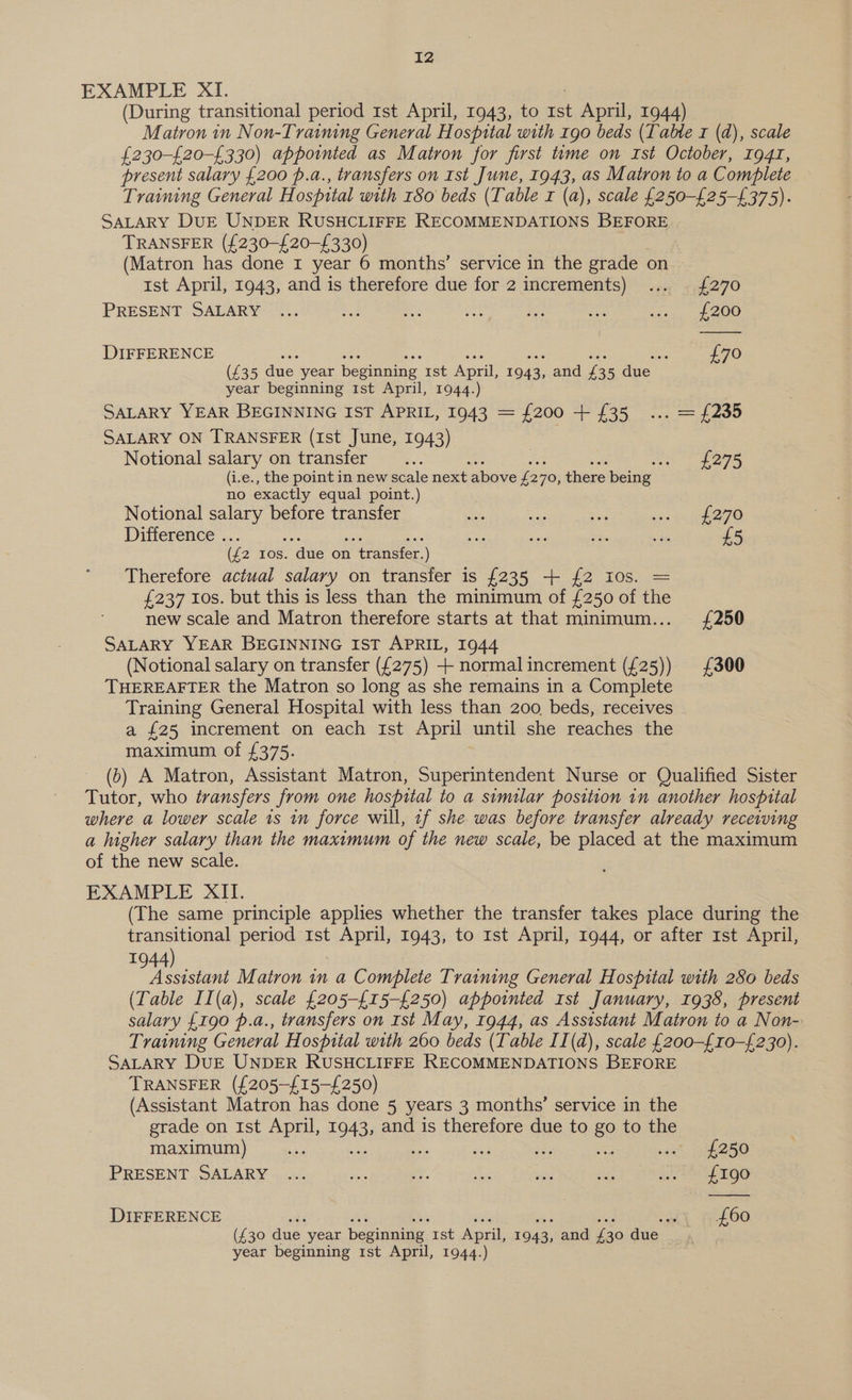 EXAMPLE XI. (During transitional period 1st April, 1943, to 1st April, 1944) Matron in Non-Training General Hospital with 190 beds (Tabie r (d), scale £230-{20-£330) appointed as Matron for first time on Ist October, 1941, present salary £200 p.a., transfers on rst June, 1943, as Matron to a Complete Training General Hospital with 180 beds (Table r (a), scale £250-{25-£375). SALARY DUE UNDER RUSHCLIFFE RECOMMENDATIONS BEFORE TRANSFER (£{230-{£20—-£330) (Matron has done I year 6 months’ service in the grade on 1st April, 1943, and is therefore due for 2 increments) ... £270 PRESENT SALARY ... a cs ce nee oe asin, 1 20O DIFFERENCE - ae - ee vies a Oe £70 (£35 due year beginning 1st April, 1943, and £35 due year beginning 1st April, 1944.) SALARY YEAR BEGINNING IST APRIL, 1943 = £200 + £35 ... = £235 SALARY ON TRANSFER (Ist June, 1943) Notional salary on transfer... , al 7S (i.e., the point in new scale next above £ 2 70, there being | no exactly equal point.) Notional salary before transfer oS ut ve ee 775) Difference . (f2 IOS. _ due on 1 transfer.) Therefore actual salary on transfer is £235 + {2 i0s. = £237 Ios. but this is less than the minimum of £250 of the new scale and Matron therefore starts at that minimum... {250 SALARY YEAR BEGINNING IST APRIL, 1944 (Notional salary on transfer (£275) -+- normal increment ({25)) £300 THEREAFTER the Matron so long as she remains in a Complete Training General Hospital with less than 200 beds, receives a £25 increment on each 1st April until she reaches the maximum of £375. (b) A Matron, Assistant Matron, Superintendent Nurse or Qualified Sister Tutor, who transfers from one hospital to a similar position in another hospital where a lower scale 1s im force will, 1f she was before transfer already receiving a higher salary than the maximum of the new scale, be placed at the maximum of the new scale. EXAMPLE XII. (The same principle applies whether the transfer takes place during the transitional period 1st April, 1943, to 1st April, 1944, or after 1st April, 1944 a de Matron in a Complete Training General Hospital with 280 beds (Table II(a), scale {205-{15-£250) appointed rst January, 1938, present salary £190 p.a., transfers on Ist May, 1944, as Assistant Matron to a Non- Training General Hospital with 260 beds (Table II(d), scale {200-£10-£230). SALARY DuE UNDER RUSHCLIFFE RECOMMENDATIONS BEFORE TRANSFER (£205—-£15-£250) (Assistant Matron has done 5 years 3 months’ service in the grade on Ist aE ea and is therefore due to g° to the  maximum) D ea LyeaO PRESENT SALARY ... de e ee: ses Bas is. 3 MELTOO DIFFERENCE sits an Bh it ec se oth 1-600. (£30 due year beginning 1st April, 1943, and £30 due year beginning ist April, 1944.)