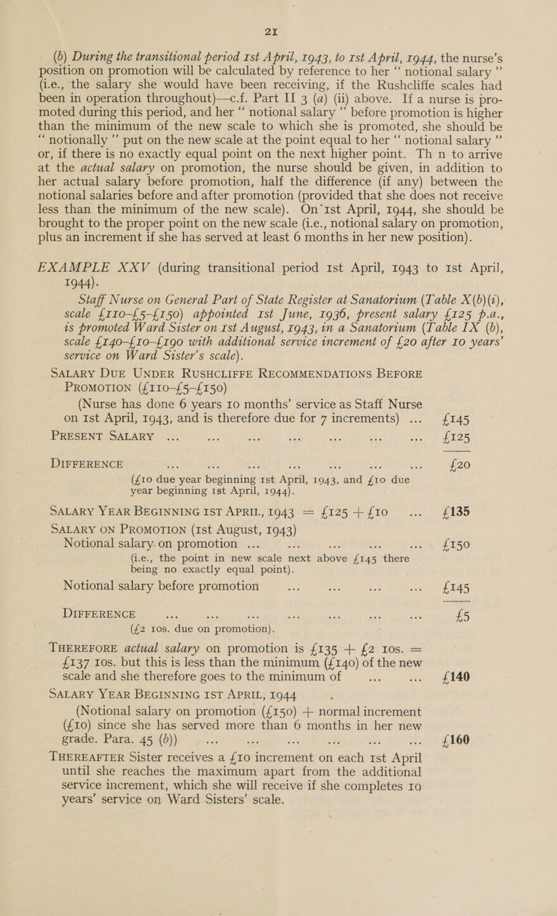 (b) During the transitional period rst April, 1943, to rst A pril, 1944, the nurse’ s position on promotion will be calculated by reference to her “ notional salary ” (i.e., the salary she would have been receiving, if the Rushcliffe scales had been in operation throughout)—c.f. Part II 3 (a) (ii) above. If a nurse is pro- moted during this period, and her “ notional salary ’’ before promotion is higher than the minimum of the new scale to which she is promoted, she should be “ notionally ’’ put on the new scale at the point equal to her “ notional salary ” or, if there is no exactly equal point on the next higher point. Th n to arrive at the actual salary on promotion, the nurse should be given, in addition to her actual salary before promotion, half the difference (if any) between the notional salaries before and after promotion (provided that she does not receive less than the minimum of the new scale). On’1st April, 1944, she should be brought to the proper point on the new scale (i.e., notional salary on promotion, plus an increment if she has served at least 6 months in her new position). EXAMPLE XXV (during transitional period 1st April, 1943 to Ist April, 1944). Staff Nurse on General Part of State Register at Sanatorium (Table X(b) (2), scale {110-£5-£150) appointed rst June, 1936, present salary £125 p.a., 1s promoted Ward Sister on 1st August, 1943, m a Sanatorium (Table IX (2), scale {140-£10-£190 with additional service increment of £20 after IO years’ service on Ward Sister’s scale). SALARY DUE UNDER RUSHCLIFFE RECOMMENDATIONS BEFORE PROMOTION ({110-£5-£150) (Nurse has done 6 years 10 months’ service as Staff Nurse  on Ist April, 1943, and is therefore due for 7 increments) ... £145 PRESENT SALARY ... ee ia ay ee oe nee tee DIFFERENCE e ss a As ee ae Boe £20 (£10 due year beginning 1st April, 1943, and £10 due year beginning ist April, 1944). SALARY YEAR BEGINNING IST APRIL, 1943 = £125 +10... £135 SALARY ON PROMOTION (Ist August, 1943) Notional salary.on promotion ... CIMELT SO (i.e., the point in new scale fneicg niveiee Gita véltele: being no exactly equal point). Notional salary before promotion = ee nad aig eS DIFFERENCE ai 3 are og ae oe £5 (£2 1os. due on Se ee THEREFORE actual salary on promotion is £135 + £2 Ios. = £137 Ios. but this is less than the minimum (£140) of the new scale and she therefore goes to the minimum of dt .. £140 SALARY YEAR BEGINNING IST APRIL, 1944 (Notional salary on promotion (£150) + normal increment (£10) since she has served more than 6 months in her new grade. Para. 45 (d)) sf ay a ae .. £160 THEREAFTER Sister receives a £10 Precast on eh st eet until she reaches the maximum apart from the additional service increment, which she will receive if she completes 10 years’ service on Ward Sisters’ scale.