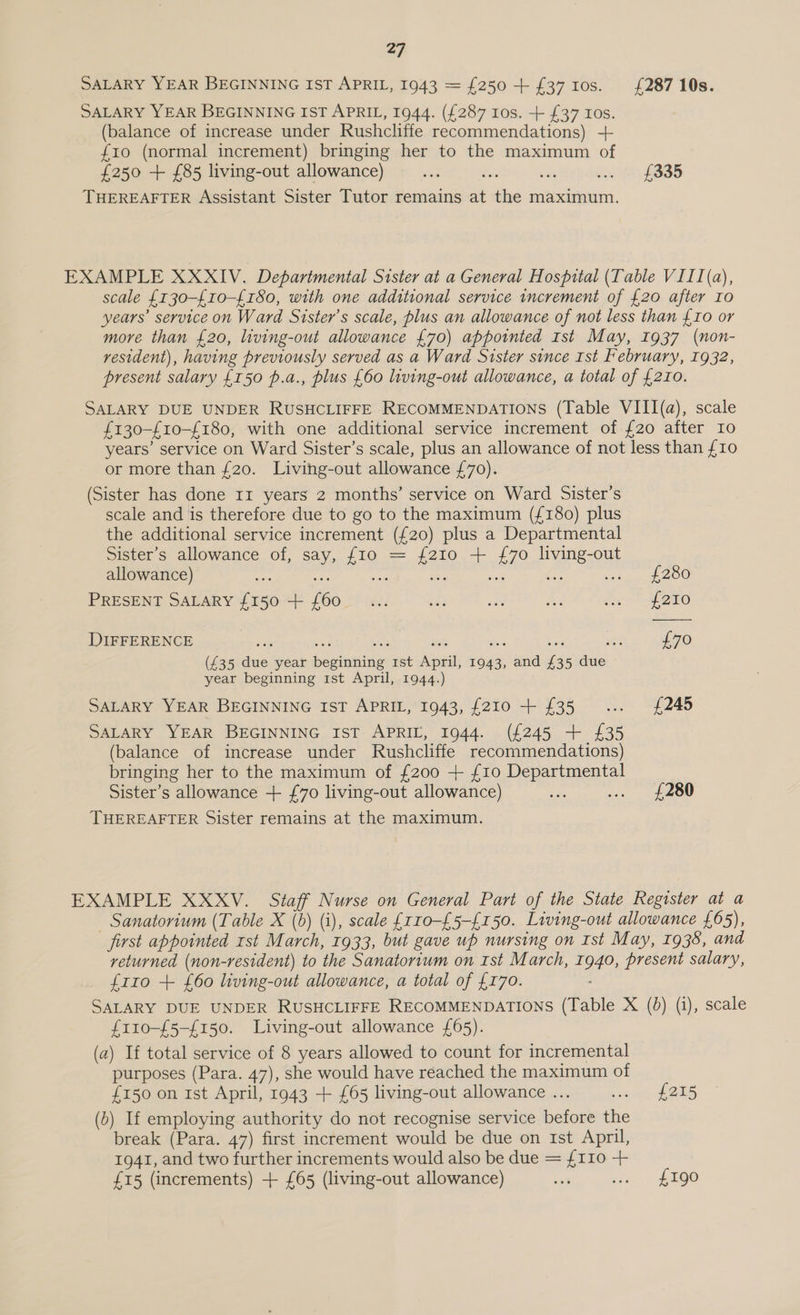 SALARY YEAR BEGINNING IST APRIL, 1943 = {250 + £37 10s. {287 10s. SALARY YEAR BEGINNING IST APRIL, 1944. (£287 Ios. + £37 Los. (balance of increase under Rushcliffe recommendations) ++ {10 (normal increment) bringing her to the maximum of £250 + £85 living-out allowance) sae EA Sas ge fe) LOSS THEREAFTER Assistant Sister Tutor remains at the maximum. EXAMPLE XXXIV. Departmental Sister at a General Hospital (Table VIII (a), scale {130-£10-£180, with one additional service increment of £20 after Io years service on Ward Sister’s scale, plus an allowance of not less than £10 or more than £20, living-out allowance £70) appointed Ist May, 1937 (non- resident), having previously served as a Ward Sister since 1st February, 1932, present salary £150 p.a., plus £60 living-out allowance, a total of {2r0. SALARY DUE UNDER RUSHCLIFFE RECOMMENDATIONS (Table VIII(a), scale £130-{10-£180, with one additional service increment of £20 after Io years’ service on Ward Sister’s scale, plus an allowance of not less than {10 or more than {20. Living-out allowance £70). (Sister has done 1r years 2 months’ service on Ward Sister’s scale and is therefore due to go to the maximum (£180) plus the additional service increment ({20) plus a Departmental  Sister’s allowance of, say, {10 = {210 + £70 living-out allowance) , ; Bit eo ee £5 hy Rimes 256 PRESENT SALARY £150 + {60 ... ee ae ah fay AEE DIFFERENCE sat = £70 (£35 due year beginning 1st April, 1943, and £35 due year beginning 1st April, 1944.) SALARY YEAR BEGINNING IST APRIL, 1943, £210 + £35 ... £245 SALARY YEAR BEGINNING IST APRIL, 1944. (£245 + £35 (balance of increase under Rushcliffe recommendations) bringing her to the maximum of £200 + £10 Departmental Sister’s allowance + {£70 living-out allowance) ey ... £280 THEREAFTER Sister remains at the maximum. EXAMPLE XXXV. Staff Nurse on General Part of the State Register at a Sanatorium (Table X (b) (i), scale {r10-£5-£150. Living-out allowance £65), first appointed rst March, 1933, but gave up nursing on Ist May, 1938, and returned (non-resident) to the Sanatorium on rst March, 1940, present salary, £110 + {60 living-out allowance, a total of £170. SALARY DUE UNDER RUSHCLIFFE RECOMMENDATIONS (Table X (0) (i), scale f£110-£5-£150. Living-out allowance £65). (a) If total service of 8 years allowed to count for incremental purposes (Para. 47), she would have réached the maximum of £150 on 1st April, 1943 + £65 living-out allowance ... ee es (b) If employing authority do not recognise service before the break (Para. 47) first increment would be due on rst April, 1941, and two further increments would also be due = {110 + £15 (increments) + £65 (living-out allowance) ves 4250. “LEGO