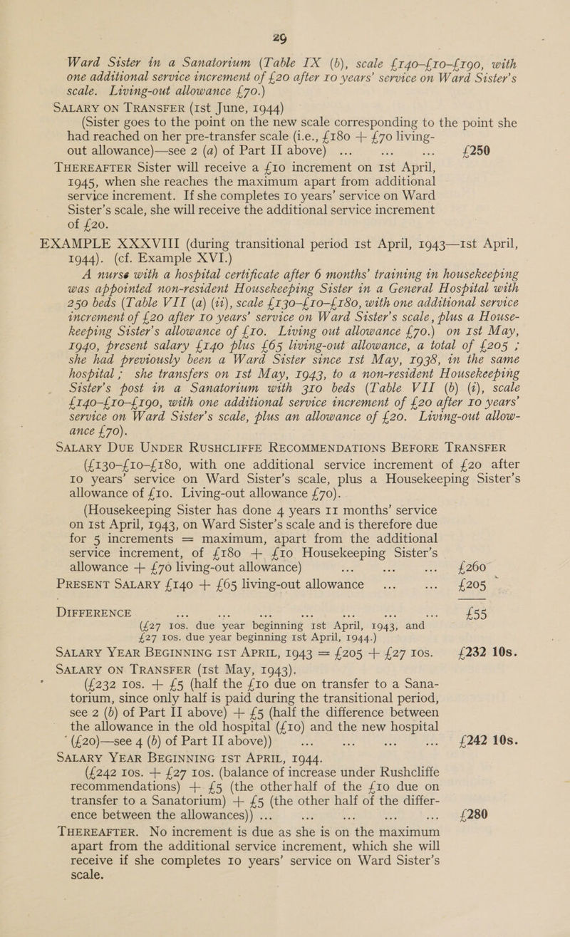 2G Ward Sister in a Sanatorium (Table IX (b), scale £140-£10-£190, with one additional service increment of £20 after ro years’ service on Ward Sister’s scale. Living-out allowance £70.) SALARY ON TRANSFER (Ist June, 1944) (Sister goes to the point on the new scale corresponding to the point she had reached on her pre-transfer scale (i.e., £180 + £70 living- out allowance)—see 2 (a) of Part IT above) oe os £250 THEREAFTER Sister will receive a {10 increment on a April, 1945, when she reaches the maximum apart from additional service increment. If she completes Io years’ service on Ward Sister’s scale, she will receive the additional service increment of 720, EXAMPLE XXXVIII (during transitional period 1st April, 1943—1st April, 1944). (cf. Example XVI.) A nurse with a hospital certificate after 6 months’ training in housekeeping was appointed non-resident Housekeeping Sister in a General Hospital with 250 beds (Table VII (a) (12), scale {130-£10-{180, with one additional service increment of £20 after ro years’ service on Ward Sister’s scale, plus a House- keeping Sister's allowance of £10. Living out allowance £70.) on Ist May, 1940, present salary {140 plus £65 living-out allowance, a total of £205 ; she had previously been a Ward Sister since 1st May, 1938, im the same hospital ; she transfers on 1st May, 1943, to a non-resident Housekeeping Sister's post in a Sanatorium with 310 beds (Table VII (6) (2), scale £140-{10-£190, with one additional service increment of £20 after Io years’ service on Ward Sister’s scale, plus an abowance of £20. Living-out allow- ance £70). SALARY DUE UNDER RUSHCLIFFE RECOMMENDATIONS BEFORE TRANSFER (£130-£10-£180, with one additional service increment of £20 after Io years’ service on Ward Sister’s scale, plus a Housekeeping Sister’s allowance of £10. Living-out allowance £70). | (Housekeeping Sister has done 4 years 11 months’ service on 1st April, 1943, on Ward Sister’s scale and is therefore due for 5 increments = maximum, apart from the additional service increment, of £180 + 10 Housekeeping Sister’s allowance + £70 living- out allowance) i: ue SOE ZOO,. PRESENT SALARY {140 + £65 living-out Aig ae ae Oy Duss oy oe me te ie ni e £55 (£27 tos. due year beginning 1st April, 1943, and £27 tos. due year beginning rst April, 1944.) SALARY YEAR BEGINNING IST APRIL, 1943 = £205 + {2710s. {£232 10s. SALARY ON. TRANSFER (Ist May, 1943). (£232 os. + £5 (half the {10 due on transfer to a Sana- torium, since only half is paid during the transitional period, see 2 (b) of Part II above) + £5 (half the difference between the allowance in the old hospital (£10) and the new hospital ‘({20)—see 4 (d) of Part II above)) So =) eed ... £242 10s. SALARY YEAR BEGINNING IST APRIL, 1944. (£242 los. + £27 Ios. (balance of increase under Rushcliffe recommendations) + {5 (the otherhalf of the £10 due on transfer to a Sanatorium) + £5 (the other half of the differ- ence between the allowances)) ... £280 THEREAFTER. No increment is due as abe is on ntile maximum apart from the additional service increment, which she will receive if she completes Io years’ service on Ward Sister’s scale.