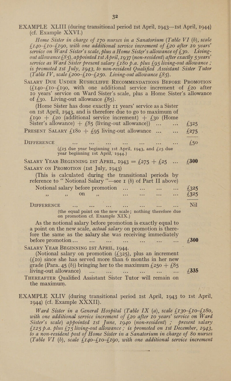 EXAMPLE XLIII (during transitional period rst April, 1943—Ist April, 1944) (cf. Example XXVI.) Home Sister in charge of 170 nurses in a Sanatorium (Table VI (6), scale {r40-{10-£190, with one additional service increment of £20 after Io years’ service on Ward Sister’s scale, plus a Home Sister’s allowance of £30. Living- out allowance £85), appointed Ist A pril, 1937 (non-resident) after exactly 5 years’ service as Ward Sister present salary {180 p.a. plus £95 living-out allowance ; ts promoted Ist July, 1943, to non-resident Qualified Assistant Sister Tutor (Table IV, scale {200-{10-{250. Living-out allowance £85). SALARY DUE UNDER RUSHCLIFFE RECOMMENDATIONS BEFORE PROMOTION ({140-f10-f£190, with one additional service increment of {£20 after Io years’ service on Ward Sister’s scale, plus a Home Sister’s allowance of £30. Living-out allowance £85). (Home Sister has done exactly 11 years’ service as a Sister on 1st April, 1943, and is therefore due to go to maximum of f190 + £20 (additional service increment) + £30 ei Sister’s allowance) + £85 (living-out allowance)) ... £325 PRESENT SALARY {180 + £95 living-out allowance ... eee Pe DIFFERENCE a Le es ae st oe oe £50 (£25 due year beginning 1st April, 1943, and £25 due year beginning 1st April, 1944.) SALARY YEAR: BEGINNING IST APRIL, 1943 = {275 + £25 ... £300 SALARY ON PROMOTION (ist July, 1943) (This is calculated during the transitional eanoad by reference to “ Notional Salary ’’—see 1 (6) of Part II above)  Notional salary before promotion ... Au a oF 2 a5 a) . on sm au ae ee ee A825 DIFFERENCE be | | Nil (the equal eee, on tied new seaib siStiie isis an on promotion cf. Example SK) As the notional salary before promotion is exactly equal to -a point on the new scale, actual salary on promotion is there- fore the same as the salary she was receiving immediately before promotion ... ee ae if ie ee ... £300 SALARY YEAR BEGINNING IST APRIL, 1944. (Notional salary on promotion (£325), plus an increment (£10) since she has served more than 6 months in her new grade (Para. 45 (d)) bringing her to the maximum £250 + £85 living-out allowance)... £335 THEREAFTER Qualified Aeaganr Sector Fae an remain on the maximum. EXAMPLE XLIV (during transitional period 1st April, 1943 to Ist veer 1944) (cf. Example XXXII). Ward Sister in a General Hospital (Table IX (a), scale {130-{10-{180, with one additional service increment of £20 after Io years’ service on Ward Sister’s scale) appointed rst June, 1940 (non-resident) ; present salary £125 p.a. plus £75 living-out allowance ; 1s promoted on rst December, 1943, to a non-resident post of Home Sister in a Sanatorium in charge of 80 nurses (Table VI (b), scale {r4go-£10-{£190, with one additional service increment &gt;