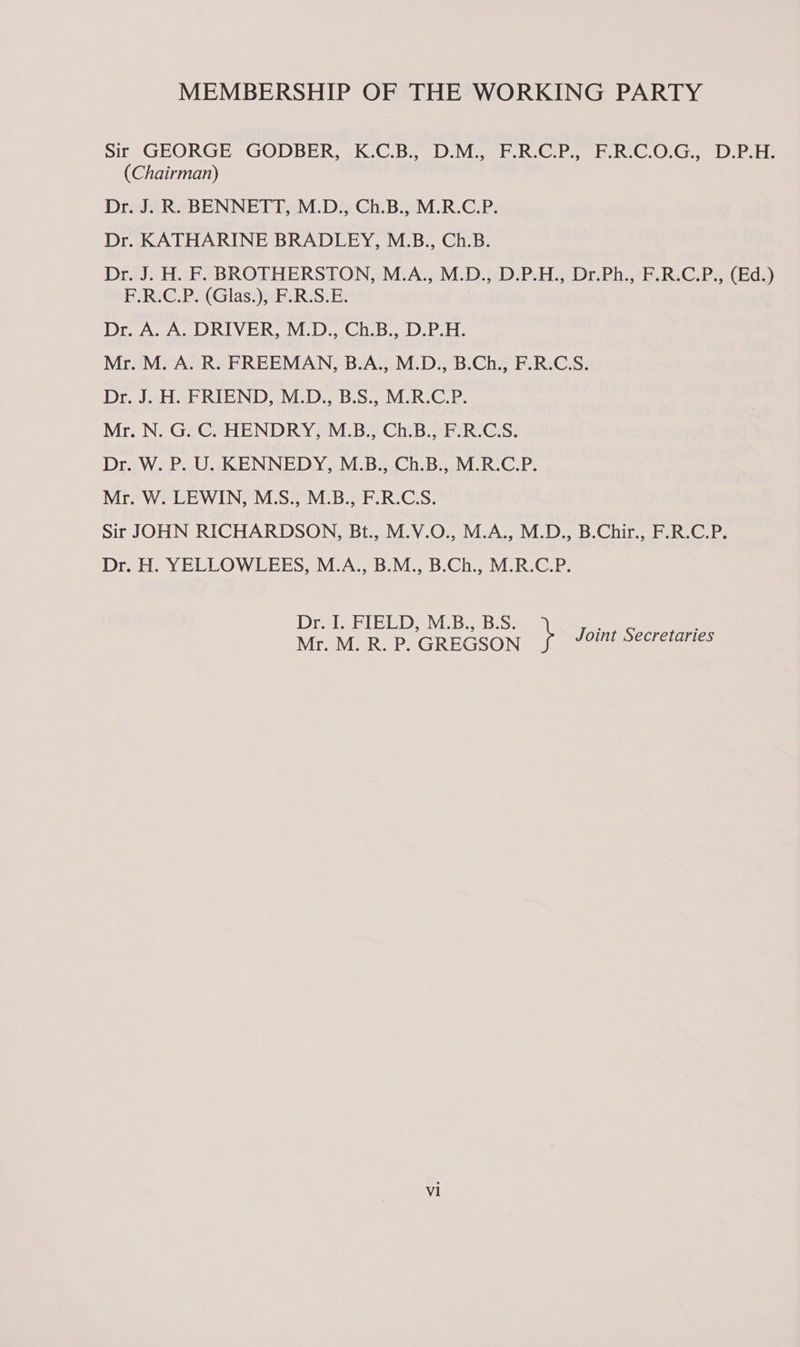MEMBERSHIP OF THE WORKING PARTY Sir GEORGE GODBER, K.C.B., D.M., F.R.C.P., F.R.C.O.G., D.P.H. (Chairman) Dr. J. R. BENNETT, M.D., Ch.B., M.R.C.P. Dr. KATHARINE BRADLEY, M.B., Ch.B. Dr. J. H. F. BROTHERSTON, M.A., M.D., D.P.H., Dr.Ph., F.R.C.P., (Ed.) F.R.C.P. (Glas.), F.R.S.E. Dr. A. A. DRIVER, M.D., Ch.B., D.P.H. Mr. M. A. R. FREEMAN, B.A., M.D., B.Ch., F.R.C.S. Dr. J. H. FRIEND, M.D., B.S., M.R.C.P. Mr. N. G. C. HENDRY, M.B., Ch.B., F.R.C.S. Dr. W. P. U. KENNEDY, M.B., Ch.B., M.R.C.P. Mr. W. LEWIN, M.S., M.B., F.R.C.S. Sir JOHN RICHARDSON, Bt., M.V.O., M.A., M.D., B.Chir., F.R.C.P. Dr. H. YELLOWLEES, M.A., B.M., B.Ch., M.R.C.P. Dr. I. FIELD, M.B., B.S: Mr. M. R. P. GREGSON } Joint Secretaries v1