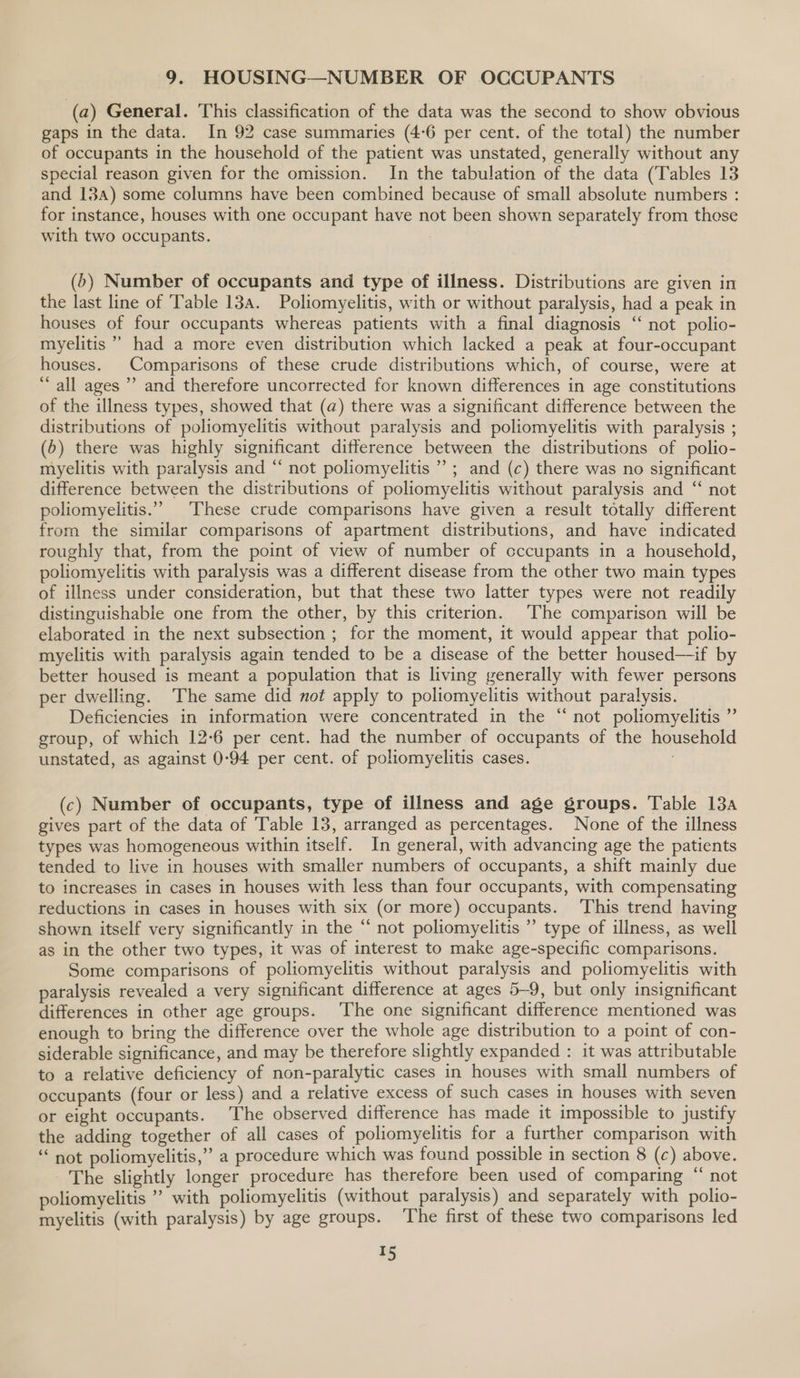 9. HOUSING—NUMBER OF OCCUPANTS (a) General. This classification of the data was the second to show obvious gaps in the data. In 92 case summaries (4-6 per cent. of the total) the number of occupants in the household of the patient was unstated, generally without any special reason given for the omission. In the tabulation of the data (Tables 13 and 13a) some columns have been combined because of small absolute numbers : for instance, houses with one occupant have not been shown separately from these with two occupants. (6) Number of occupants and type of illness. Distributions are given in the last line of Table 13a. Poliomyelitis, with or without paralysis, had a peak in houses of four occupants whereas patients with a final diagnosis “ not polio- myelitis ” had a more even distribution which lacked a peak at four-occupant houses. Comparisons of these crude distributions which, of course, were at “all ages’ and therefore uncorrected for known differences in age constitutions of the illness types, showed that (a) there was a significant difference between the distributions of poliomyelitis without paralysis and poliomyelitis with paralysis ; (6) there was highly significant difference between the distributions of polio- myelitis with paralysis and “ not poliomyelitis” ; and (c) there was no significant difference between the distributions of poliomyelitis without paralysis and “ not poliomyelitis.” These crude comparisons have given a result totally different from the similar comparisons of apartment distributions, and have indicated roughly that, from the point of view of number of cccupants in a household, poliomyelitis with paralysis was a different disease from the other two main types of illness under consideration, but that these two latter types were not readily distinguishable one from the other, by this criterion. The comparison will be elaborated in the next subsection ; for the moment, it would appear that polio- myelitis with paralysis again tended to be a disease of the better housed—if by better housed is meant a population that is living yenerally with fewer persons per dwelling. The same did not apply to poliomyelitis without paralysis. Deficiencies in information were concentrated in the “ not poliomyelitis ” group, of which 12-6 per cent. had the number of occupants of the household unstated, as against 0-94 per cent. of poliomyelitis cases. (c) Number of occupants, type of illness and age groups. Table 13a gives part of the data of Table 13, arranged as percentages. None of the illness types was homogeneous within itself. In general, with advancing age the patients tended to live in houses with smaller numbers of occupants, a shift mainly due to increases in cases in houses with less than four occupants, with compensating reductions in cases in houses with six (or more) occupants. This trend having shown itself very significantly in the “ not poliomyelitis ” type of illness, as well as in the other two types, it was of interest to make age-specific comparisons. Some comparisons of poliomyelitis without paralysis and poliomyelitis with paralysis revealed a very significant difference at ages 5-9, but only insignificant differences in other age groups. The one significant difference mentioned was enough to bring the difference over the whole age distribution to a point of con- siderable significance, and may be therefore slightly expanded : it was attributable to a relative deficiency of non-paralytic cases in houses with small numbers of occupants (four or less) and a relative excess of such cases in houses with seven or eight occupants. The observed difference has made it impossible to justify the adding together of all cases of poliomyelitis for a further comparison with “not poliomyelitis,” a procedure which was found possible in section 8 (c) above. The slightly longer procedure has therefore been used of comparing *“ not poliomyelitis ” with poliomyelitis (without paralysis) and separately with polio- myelitis (with paralysis) by age groups. The first of these two comparisons led