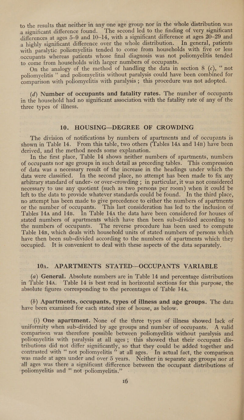 to the results that neither in any one age group nor in the whole distribution was a significant difference found. The second led to the finding of very significant differences at ages 5-9 and 10-14, with a significant difference at ages 20-29 and a highly significant difference over the whole distribution. In general, patients with paralytic poliomyelitis tended to come from households with five or less occupants whereas patients whose final diagnosis was not poliomyelitis tended to come from households with larger numbers of occupants. ~ On the analogy of the method of handling the data in section 8 (c), “ not poliomyelitis ” and poliomyelitis without paralysis could have been combined for comparison with poliomyelitis with paralysis ; this procedure was not adopted. (d) Number of occupants and fatality rates. The number of occupants in the household had no significant association with the fatality rate of any of the three types of illness. 10. HOUSING—-DEGREE OF CROWDING The division of notifications by numbers of apartments and of occupants is shown in Table 14. From this table, two others (Tables 144 and 14B) have been derived, and the method needs some explanation. In the first place, Table 14 shows neither numbers of apartments, numbers of occupants nor age groups in such detail as preceding tables. This compression of data was a necessary result of the increase in the headings under which the data were classified. In the second place, no attempt has been made to fix any arbitrary standard of under- or over-crowding ; in particular, it was not considered necessary to use any quotient (such as two persons per room) when it could be left to the data to provide whatever standards could be found. In the third place, no attempt has been made to give precedence to either the numbers of apartments or the number of occupants. This last consideration has led to the inclusion of Tables 14a and 148. In Table 14a the data have been considered for houses of stated numbers of apartments which have then been sub-divided according to ‘the numbers of occupants. ‘The reverse procedure has been used to compute Table 148, which deals with household units of stated numbers of persons which have then been sub-divided according to the numbers of apartments which they occupied. It is convenient to deal with these aspects of the data separately. 10a. APARTMENTS STATED-—OCCUPANTS VARIABLE (a) General. Absolute numbers are in Table 14 and percentage distributions in Table 14a. Table 14 is best read in horizontal sections for this purpose, the absolute figures corresponding to the percentages of Table 14a. (5) Apartments, occupants, types of illness and age groups. The data ‘have been examined for each stated size of house, as below. (1) One apartment. None of the three types of illness showed lack of uniformity when sub-divided by age groups and number of occupants. A valid ‘comparison was therefore possible between poliomyelitis without paralysis and poliomyelitis with paralysis at all ages; this showed that their occupant dis- tributions did not differ significantly, so that they could be added together and contrasted with “ not poliomyelitis ” at all ages. In actual fact, the comparison was made at ages under and over 5 years. Neither in separate age groups nor at all ages was there a significant difference between the occupant distributions of ‘poliomyelitis and “ not poliomyelitis.”