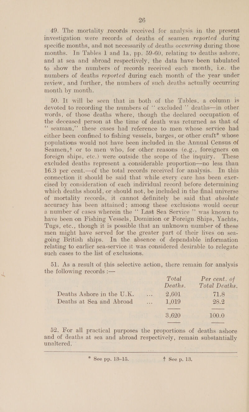 49. The mortality records received for analysis in the present investigation were records of deaths of seamen reported during specific months, and not necessarily of deaths occurring during those months. In Tables 1 and la, pp. 59-60, relating to deaths ashore, and at sea and abroad respectively, the data have been tabulated to show the numbers of records received each month, i.e. the numbers of deaths reported during each month of the year under review, and further, the numbers of such deaths actually occurring month by month. 50. It will be seen that in both of the Tables, a column 1s devoted to recording the numbers of ‘* excluded ’’ deaths—in other words, of those deaths where, though the declared occupation of the deceased person at the time of death was returned as that of ““ seaman,’’ these cases had reference to men whose service had either been confined to fishing vessels, barges, or other craft* whose populations would not have been included in the Annual Census of Seamen,t or to men who, for other reasons (e.g., foreigners on foreign ships, etc.) were outside the scope of the inquiry. ‘These excluded deaths represent a considerable proportion—no less than 16.3 per cent.—of the total records received for analysis. In this connection it should be said that while every care has been exer- cised by consideration of each individual record before determining which deaths should, or should not, be included in the final universe of mortality records, it cannot definitely be said that absolute accuracy has been attained; among these exclusions would occur a. number of cases wherein the ‘‘ Last Sea Service ’’ was known to have been on Fishing Vessels, Dominion or Foreign Ships, Yachts, Tugs, etc., though it is possible that an unknown number of these men might have served for the greater part of their lives on sea- going British ships. In the absence of dependable information relating to earlier sea-service 1t was considered desirable to relegate such cases to the list of exclusions. 51. As a result of this selective action, there remain for analysis the following records :— Total Per cent. of Deaths. Total Deaths. Deaths Ashore in the U.K. ae 2,601 71.8 Deaths at Sea and Abroad one 1,019 28.2  3,620 100.0  62. For all practical purposes the proportions of deaths. ashore and of deaths at sea and abroad respectively, remain substantially unaltered. 3 ; * See pp. 18-16. | t See p. 13.