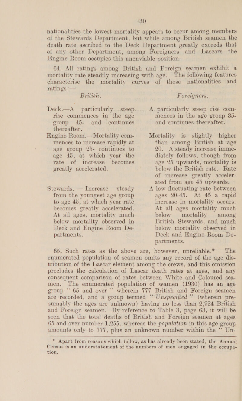 nationalities the lowest mortality appears to occur among members of the Stewards Department, but while among British seamen the death rate ascribed to the Deck Department greatly exceeds that of any other Department, among Foreigners and lLascars the Engine Room occupies this unenviable position. 64. All ratings among British and Foreign seamen exhibit a mortality rate steadily increasing with age. The following features characterise the mortality curves of these nationalities and ratings :— ) nee British. , Foreigners. — A, particularly steep rise com- mences in the age group 35- and continues thereafter. Deck.—A particularly. .steep. rise commences in the age group 45- and continues thereafter. | Engine Room.—Mortality com- Mortality is slightly higher mences to increase rapidly at age group 25- continues to age 45, at which year the rate of increase becomes greatly accelerated. Stewards. — Increase steady from the youngest age group to age 45, at which year rate becomes greatly accelerated. At all ages, mortality much below mortality observed in Deck and Engine Room De- partments. than among British at age 20. A steady increase imme- diately follows, though from age 25 upwards, mortality is below the British rate. Rate of increase greatly acceler- ated from age 45 upwards. ages 20-45. At 45 a rapid increase in mortality occurs. At all ages mortality much below mortality among British Stewards, and much below mortality observed in Deck and Engine Room De- partments. 65. Such rates as the above are, however, unreliable.* The enumerated population of seamen omits any record of the age dis- tribution of the Lascar element among the crews, and this omission precludes the calculation of Lascar death rates at ages, and any consequent comparison of rates between White and Coloured sea- men. The enumerated population of seamen (1930) has an age group ‘65 and over ’’ wherein 777 British and Foreign seamen are recorded, and a group termed ‘‘ Unspecified ’’ (wherein pre- sumably the ages are unknown) having no less than 2,924 British and Foreign seamen. By reference to Table 3, page 638, it will be seen that the total deaths of British and Foreign seamen at ages 65 and over number 1,255, whereas the population in this age group amounts only to 777, plus an unknown number within the “‘ Un-  * Apart from reasons which follow, as has already been stated, the Annual Census is an understatement of the numbers of men engaged in the occupa- tion. .