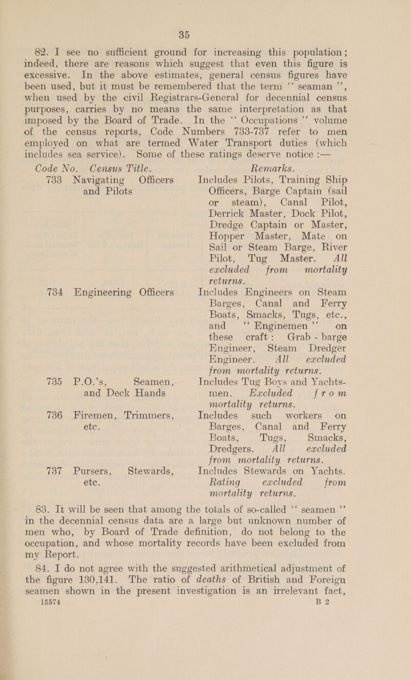 82. I see no sufficient ground for increasing this population ; indeed, there are reasons which suggest that even this figure is excessive. In the above estimates, general census figures have been used, but 1t must be remembered that the term ‘‘ seaman ’’, when used by the civil Registrars-General for decennial census purposes, carries by no means the same interpretation as that imposed by the Board of Trade. In the ‘* Occupations ’’ volume of the census reports, Code Numbers 733-737 refer to men employed on what are termed Water Transport duties (which includes sea service). Some of these ratings deserve notice :— Code. No.w-Census. Title: Remarks. 733 Navigating Officers Includes Pilots, Training Ship and Pilots | Officers, Barge Captain (sail or steam), Canal Pilot, Derrick Master, Dock Pilot, Dredge Captain or Master, Hopper Master, Mate on Sail or Steam Barge, River Pilot, Tug Master. All excluded from mortality = FELUTRS:: 734 Engineering Officers Includes Engineers on Steam Barges, Canal and Ferry Boats, Smacks, Tugs, etc., and ‘' Hnginemen’’ on these craft: Grab - barge Engineer, Steam Dredger Engineer. All excluded from mortality returns. tap. Obs: Seamen, Includes Tug Boys and Yachts- and Deck Hands men. Hacluded from mortality returns. 736 Firemen, Trimmers, Includes such workers on etc. Barges, Canal and Ferry Boats, Tugs, Smacks, Dredgers. All excluded from mortality returns. 737 Pursers, Stewards, Includes Stewards on Yachts. etc. Rating excluded from mortality returns. 83. It will be seen that among the totals of so-called ‘‘ seamen ”’ in the decennial census data are a large but unknown number of men who, by Board of Trade definition, do not belong to the occupation, and whose mortality records have been excluded from my Report. 84. I do not agree with the suggested arithmetical adjustment of the figure 130,141. The ratio of deaths of British and Foreign seamen shown in the present investigation is an irrelevant fact,