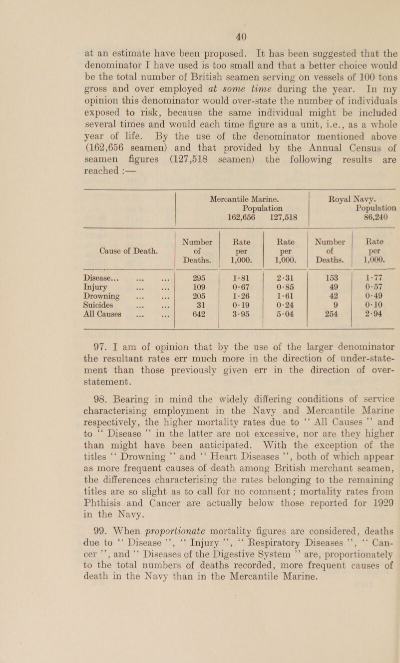 at an estimate have been proposed. It has been suggested that the denominator I have used is too small and that a better choice would be the total number of British seamen serving on vessels of 100 tons gross and over employed at some time during the year. In my opinion this denominator would over-state the number of individuals exposed to risk, because the same individual might be included several times and would each time figure as a unit, 1.e., as a whole year of life. By the use of the denominator mentioned above (162,656 seamen) and that provided by the Annual Census of seamen figures (127,518 seamen) the following results are reached :—     Mercantile Marine. Royal Navy. Population Population 162,656 127,518 86,240 Number Rate Rate Number Rate Cause of Death. of per per of per Deaths. 1,000. 1,000. Deaths. 1,000. Disease... ie oa 295 1-81 2:31 153 de td Injury fas ie 109 0-67 0-85 49 0-57 Drowning sae Se 205 1-26 16] 42 0-49 Suicides me wide 31 0-19 0-24 9 0-10 All Causes... Se 642 3°95 5:04 254 2-94 97. I am of opinion that by the use of the larger denominator the resultant rates err much more in the direction of under-state- ment than those previously given err in the direction of over- statement. 98. Bearing in mind the widely differing conditions of service characterising employment in the Navy and Mercantile Marine respectively, the higher mortality rates due to *‘ All Causes ’’ and to ‘‘ Disease ’’ in the latter are not excessive, nor are they higher than might have been anticipated. With the exception of the titles ‘‘ Drowning ’’ and ‘‘ Heart Diseases ’’, both of which appear as more frequent causes of death among British merchant seamen, the differences characterising the rates belonging to the remaining titles are so slight as to call for no comment; mortality rates from Phthisis and Cancer are actually below those reported for 1929 in the Navy. 99. When proportionate mortality figures are considered, deaths due to ** Disease ’’, “‘ Injury ’’, “‘ Respiratory Diseases ’’, ‘* Can- cer ’’, and ‘* Diseases of the Digestive System ’’ are, proportionately to the total numbers of deaths recorded, more frequent causes of death in the Navy than in the Mercantile Marine.