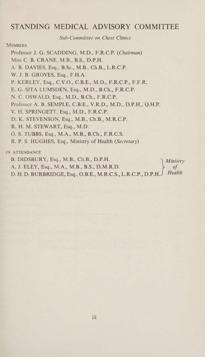STANDING MEDICAL ADVISORY COMMITTEE Sub-Committee on Chest Clinics MEMBERS Professor J. G. SCADDING, M.D., F.R.C.P. (Chairman) Miss C. B. CRANE, M.B., B.S., D.P.H. A. B. DAVIES, Esq.,. B:Sc., M.B., Ch.B:, L.R.C.P. W. J. B. GROVES, Esq., F.H.A. Po Ra ey , (Psd Gi O:.'C Bin M.D. P.RsG.P. FLE.R. EaG.SlLlLA LUMSDEN, Esq., M.D., B.Ch., F.R-C.P. PC. OSWALD, Esq.,.M.D., B.Ch., F.R.C.P. Professor A. B. SEMPLE, C.B.E., V.R.D., M.D., D.P.H., Q.H.P. V_ Fl. SPRUINGETY, Esq., M.D., F.RICP. D. K. STEVENSON, Esq., M.B., Ch.B., M.R.C.P. R. H. M. STEWART, Esq., M.D. OUS. TUBBS, Esq., M.A., M.B., B.Ch., F.R.C.S. R. P. S. HUGHES, Esq., Ministry of Health (Secretary) IN ATTENDANCE B. DIDSBURY, Esq., M.B., Ch.B., D.P.H. Minis A. J. ELEY, Esq., M.A., M.B., B.S., D.M.R.D. of D. H. D. BURBRIDGE, Esq., O.B.E., M.R.C.S., L.R.C.P., D.P.H.J Health iu