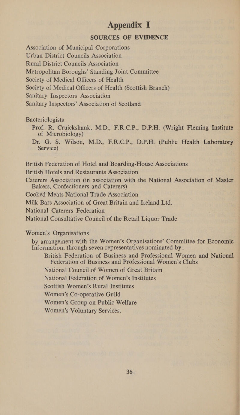 SOURCES OF EVIDENCE Association of Municipal Corporations Urban District Councils Association Rural District Councils Association Metropolitan Boroughs’ Standing Joint Committee Society of Medical Officers of Health Society of Medical Officers of Health (Scottish Branch) Sanitary Inspectors Association Sanitary Inspectors’ Association of Scotland Bacteriologists Prof. R. Cruickshank, M.D., F.R.C.P., D.P.H. (Wright Fleming Institute of Microbiology) Dr. G. S. Wilson, M.D., F.R.C.P., D.P.H. (Public Health Laboratory Service) British Federation of Hotel and Boarding-House Associations British Hotels and Restaurants Association Caterers Association (in association with the National Association of Master Bakers, Confectioners and Caterers) Cooked Meats National Trade Association Milk Bars Association of Great Britain and Ireland Ltd. National Caterers Federation National Consultative Council of the Retail Liquor Trade Women’s Organisations by arrangement with the Women’s Organisations’ Committee for Economic Information, through seven representatives nominated by : — British Federation of Business and Professional Women and National Federation of Business and Professional Women’s Clubs National Council of Women of Great Britain National Federation of Women’s Institutes Scottish Women’s Rural Institutes Women’s Co-operative Guild Women’s Group on Public Welfare Women’s Voluntary Services.