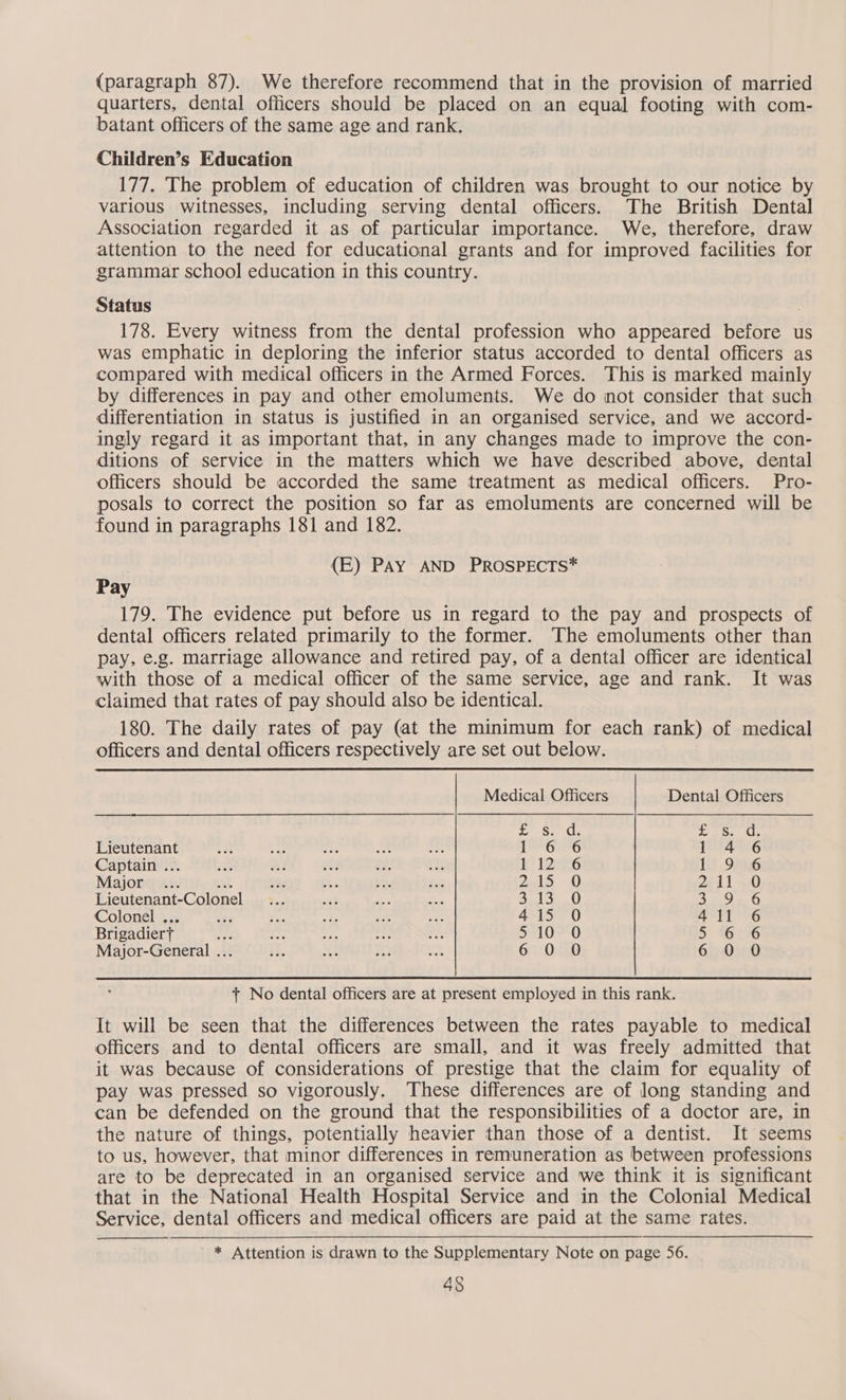 quarters, dental officers should be placed on an equal footing with com- batant officers of the same age and rank. Children’s Education 177. The problem of education of children was brought to our notice by various witnesses, including serving dental officers. The British Dental Association regarded it as of particular importance. We, therefore, draw attention to the need for educational grants and for improved facilities for grammar school education in this country. Status 178. Every witness from the dental profession who appeared before us was emphatic in deploring the inferior status accorded to dental officers as compared with medical officers in the Armed Forces. This is marked mainly by differences in pay and other emoluments. We do not consider that such differentiation in status is justified in an organised service, and we accord- ingly regard it as important that, in any changes made to improve the con- ditions of service in the matters which we have described above, dental officers should be accorded the same treatment as medical officers. Pro- posals to correct the position so far as emoluments are concerned will be found in paragraphs 181 and 182. (E) PAy AND PROSPECTS* Pay 179. The evidence put before us in regard to the pay and prospects of dental officers related primarily to the former. The emoluments other than pay, e.g. marriage allowance and retired pay, of a dental officer are identical with those of a medical officer of the same service, age and rank. It was claimed that rates of pay should also be identical. 180. The daily rates of pay (at the minimum for each rank) of medical officers and dental officers respectively are set out below. Medical Officers Dental Officers 6 OO baer ah eS. Ue Lieutenant 166 LANG Captain ... AM E29 al 6 1:7 926 Major ... Aas Dold # 2141 + Lieutenant-Colonel Soil suet) 35.9 5.6 Colonel ... vy rsh ot UW AST Ss Brigadiert AS S3107'0 > oH Major-General ... 6 0 0 6.0510 + No dental officers are at present employed in this rank. It will be seen that the differences between the rates payable to medical officers and to dental officers are small, and it was freely admitted that it was because of considerations of prestige that the claim for equality of pay was pressed so vigorously. ‘These differences are of long standing and can be defended on the ground that the responsibilities of a doctor are, in the nature of things, potentially heavier than those of a dentist. It seems to us, however, that minor differences in remuneration as between professions are to be deprecated in an organised service and we think it is significant that in the National Health Hospital Service and in the Colonial Medical Service, dental officers and medical officers are paid at the same rates. * Attention is drawn to the Supplementary Note on page 56. 4§