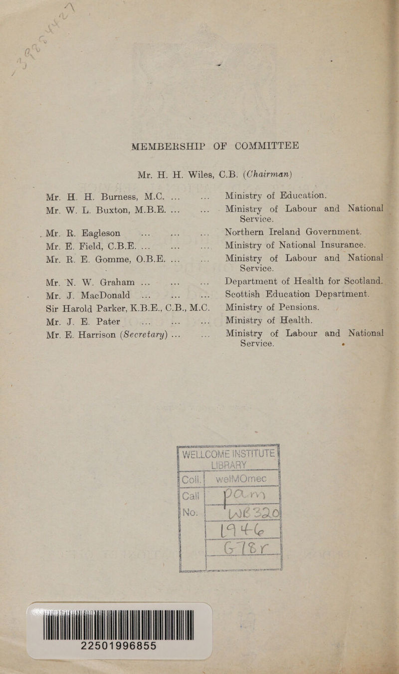  Mr. H. H. Burness, M.C. ... Mr. W. L. Buxton, M.B.E. ... _Mr. R. Eagleson Mr. E. Field, C.B.E..... Mr. BR. E. Gomme, O.B.E. .. Mr. N. W. Graham ... Mr. J. MacDonald Mr. J. HK. Pater Bi Mr. E. Harrison (Secretary) ... a N # She a IE eS 2 i) LAID CAO} soc rsacaeenaacsncoumenaananeressil Ministry of Education. Service. Northern Ireland Government. Ministry of National Insurance. Ministry of Labour and “National - Service. Department of Health for Scotland. Scottish Education Department. Ministry of Pensions. Ministry of Health. Ministry of Labour and National Service. °  i : t { ak CaS EEE 1 eS oA ae 4 i tO Ff H ; Ee. a 5 o H i carers Te ee AEST TREE BENE TEN ERMAN ne er Se tee iL 