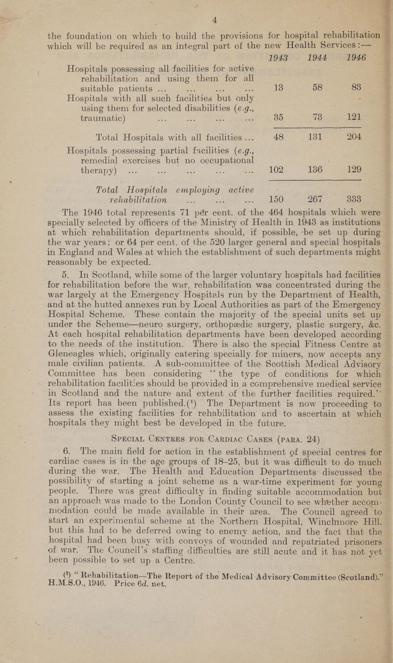 which will be required as an integral part of the new Health Services :— 1943 1944 1946 Hospitals possessing all facilities for active rehabilitation and using them for all suitable patients ... se} ee sa 18 58 83 Hospitals with all such facilities but only using them for selected disabilities (¢.g., | traumatic) 2 ae oe ja 35 73 124 Total Hospitals with all facilities ... 48 131 204 Hospitals possessing partial facilities (e.g., remedial exercises but no occupational therapy) ... ie = eee mee oe 136 129 Total Hospitals employing active rehabilitation hg 5 ice) 267 833 The 1946 total represents 71 pér cent. of the 464 hospitals which were specially selected by officers of the Ministry of Health in 1948 as institutions at which rehabilitation departments shouid, if possible, -be set up during the war years: or 64 per cent. of the 520 larger general and special hospitals reasonably be expected. 5. In Scotland, while some of the larger voluntary hospitals had facilities war largely at the Emergency Hospitals run by the Department of Health, Hospital Scheme. These contain the majority of the special units set up under the Scheme—neuro surgery, orthopedic surgery, plastic surgery, &amp;c. At each hospital rehabilitation departments have been developed according to the needs of the institution. There is also the special Fitness Centre at Gleneagles which, originally catering specially for miners, now accepts any male civilian patients. A sub-committee of the Scottish Medical Advisory Committee has been considering ‘‘the type of conditions for which rehabilitation facilities should be provided in a comprehensive medical service in Scotland and the nature and extent of the further facilities required.’’ Its report has been published.(‘) The Department is now proceeding to assess the existing facilities for rehabilitation and to ascertain at whic hospitals they might best be developed in the future. SPECIAL CENTRES FOR CARDIAC CASES (PARA. 24) 6. The main field for action in the establishment of special centres for cardiac cases is in the age groups of 18-25, but it was difficult to do much possibility of starting a joint scheme as a war-time experiment for young an approach was made to the London County Council to see whether accom- modation could be made available in their area. The Council agreed to start an experimental scheme at the Northern Hospital, Winchmore Hill. but this had to be deferred owing to enemy action, and the fact that the of war. The Council’s staffing difficulties are still acute and it has not yet been possible to set up a Centre. (1) “ Rehabilitation—The Report of the Medical Advisory Committee (Scotland).” H.M.8.0., 1946. Price 6d. net. . visory Committee (Scotland)