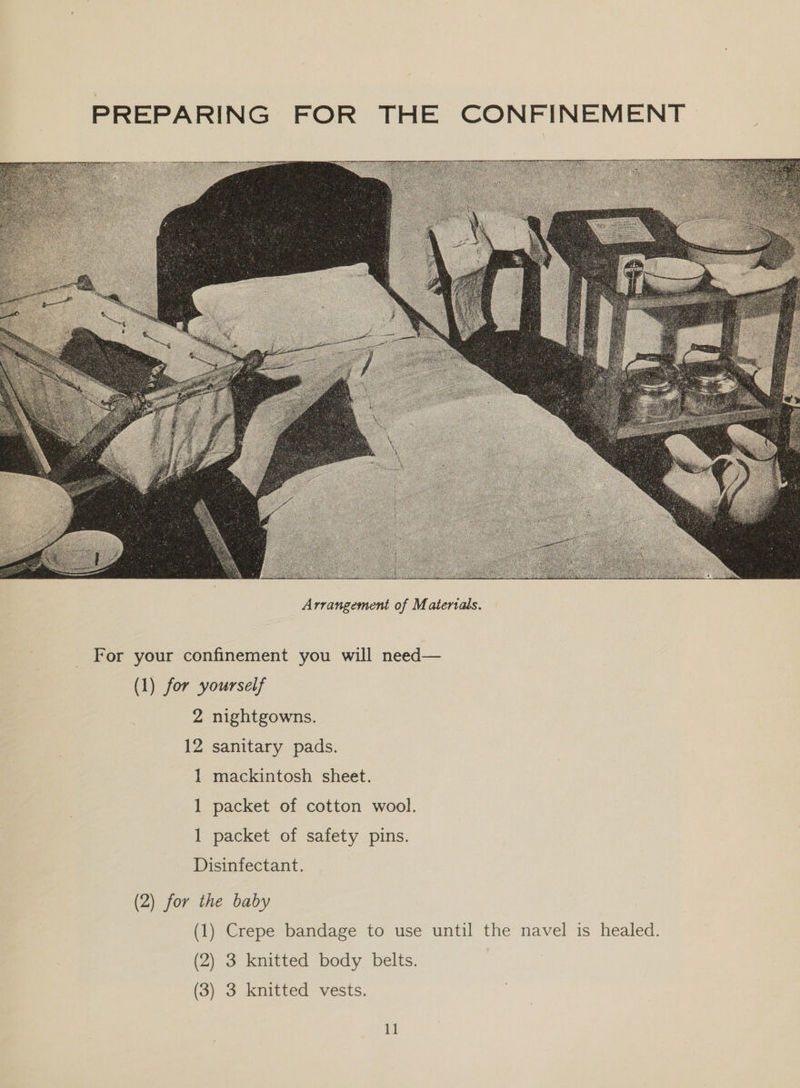 PREPARING FOR THE CONFINEMENT  For your confinement you will need— 1) for yourself 2 nightgowns. 12 sanitary pads. 1 mackintosh sheet. 1 packet of cotton wool. 1 packet of safety pins. Disinfectant. 2) for the baby 1) Crepe bandage to use until the navel is healed. 2) 3 knitted body belts. 3) 3 knitted vests.