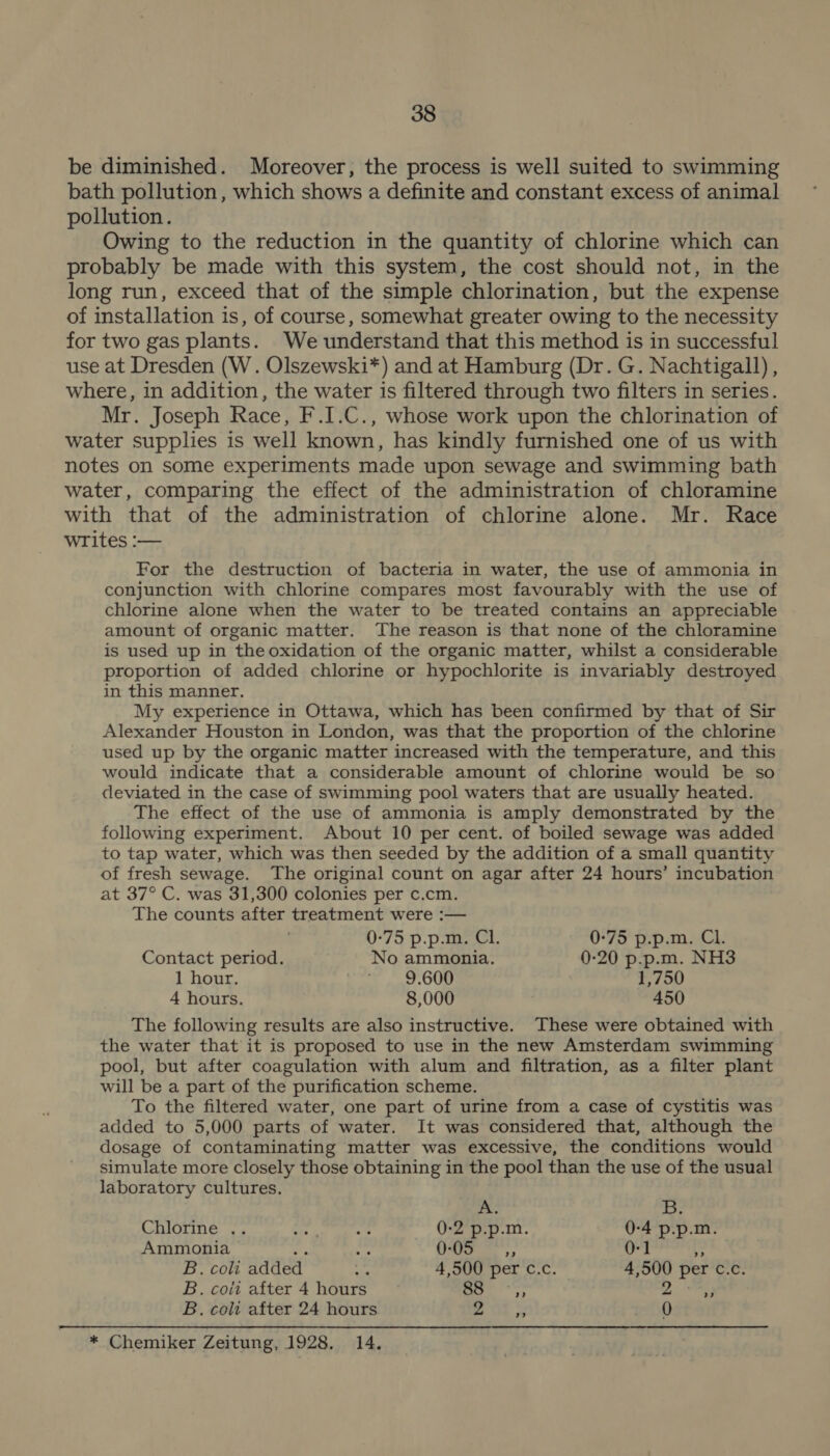 be diminished. Moreover, the process is well suited to swimming bath pollution , which shows a definite and constant excess of anima] pollution. Owing to the reduction in the quantity of chlorine which can probably be made with this system, the cost should not, in the long run, exceed that of the simple chlorination, but the expense of installation is, of course, somewhat greater owing to the necessity for two gas plants. We understand that this method is in successful use at Dresden (W. Olszewski*) and at Hamburg (Dr. G. Nachtigall) , where, in addition, the water is filtered through two filters in series. Mr. Joseph Race, F.I.C., whose work upon the chlorination of water supplies is well known, has kindly furnished one of us with notes on some experiments made upon sewage and swimming bath water, comparing the effect of the administration of chloramine with that of the administration of chlorine alone. Mr. Race writes :— For the destruction of bacteria in water, the use of ammonia in conjunction with chlorine compares most favourably with the use of chlorine alone when the water to be treated contains an appreciable amount of organic matter. The reason is that none of the chloramine is used up in the oxidation of the organic matter, whilst a considerable proportion of added chlorine or hypochlorite is invariably destroyed in this manner. My experience in Ottawa, which has been confirmed by that of Sir Alexander Houston in London, was that the proportion of the chlorine used up by the organic matter increased with the temperature, and this would indicate that a considerable amount of chlorine would be so deviated in the case of swimming pool waters that are usually heated. The effect of the use of ammonia is amply demonstrated by the following experiment. About 10 per cent. of boiled sewage was added to tap water, which was then seeded by the addition of a small quantity of fresh sewage. The original count on agar after 24 hours’ incubation at 37° C. was 31,300 colonies per c.cm. The counts after treatment were :— 0-75 p.p.m. Cl. 0°75 p.p.m. Cl. Contact period. No ammonia. 0-20 p.p.m. NH3 1 hour. east. OU 1,750 4 hours. 8,000 450 The following results are also instructive. These were obtained with the water that it is proposed to use in the new Amsterdam swimming pool, but after coagulation with alum and filtration, as a filter plant will be a part of the purification scheme. To the filtered water, one part of urine from a case of cystitis was added to 5,000 parts of water. It was considered that, although the dosage of contaminating matter was excessive, the conditions would simulate more closely those obtaining in the pool than the use of the usual laboratory cultures. A. B. Chlorine .. ae a 0:2 p.p.m. 0-4 p.p.m. Ammonia a ae Gs ~,, 0-1 5 B. coli added dis 4,500 per c.c. 4,500 per c.c. B.coli after 4 hours © &gt; eS 2: ms B. coli after 24 hours Ae ie 0 * Chemiker Zeitung, 1928. 14.