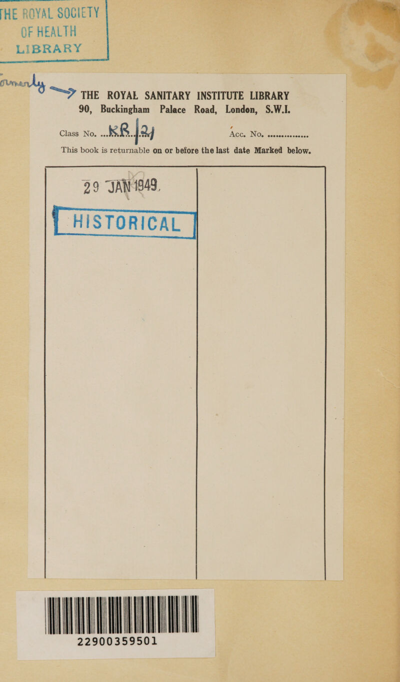 THE ROYAL SOCIETY ie. OF HEALTH :  pumas, THE ROYAL SANITARY INSTITUTE LIBRARY 90, Buckingham Palace Road, London, S.W.I. Class No. ARRL24 ie ING. i ccccpecsesasnas This book is returnable on or before the last date Marked below.  IVIL     NT 2290 