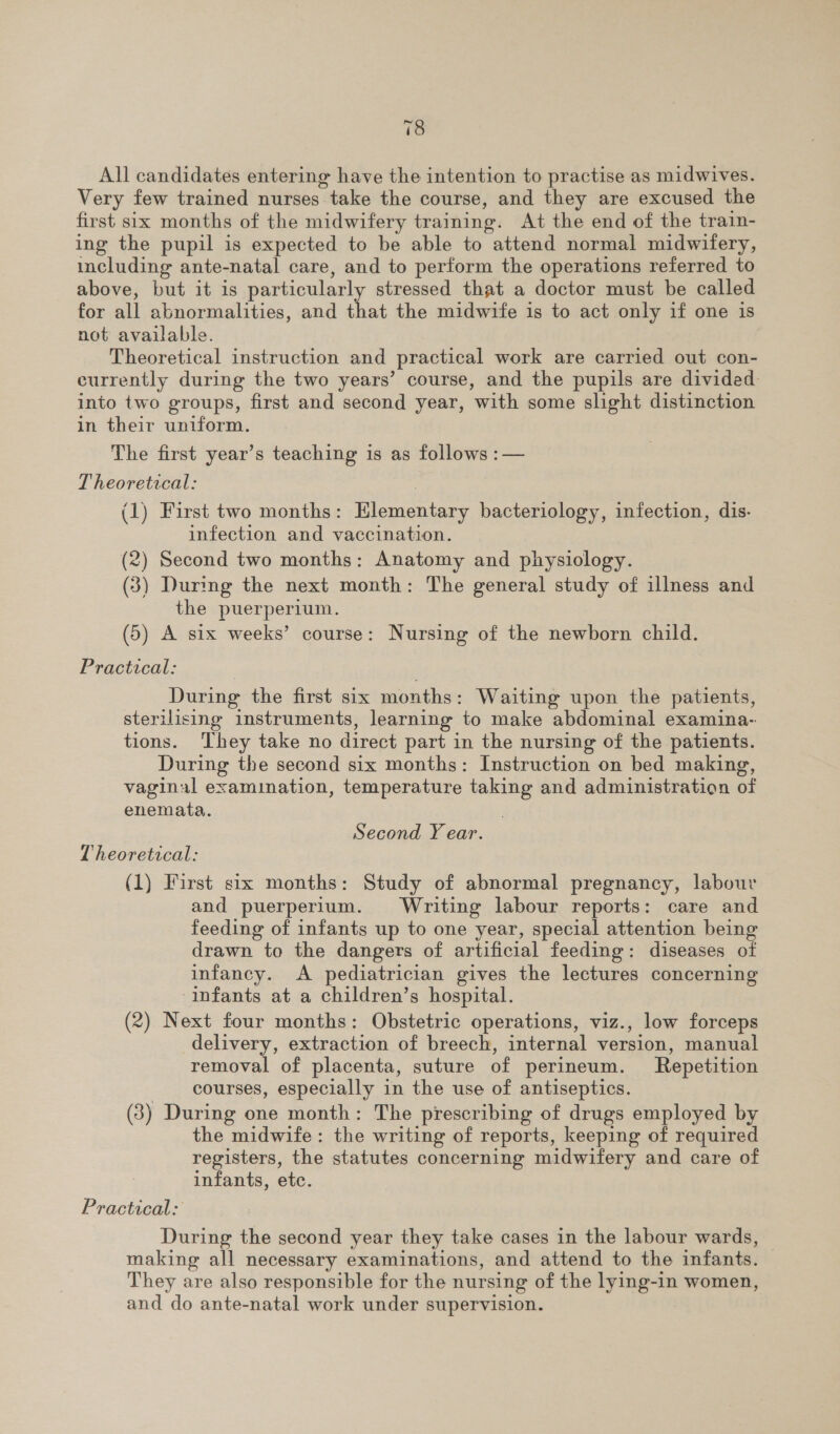 All candidates entering have the intention to practise as midwives. Very few trained nurses take the course, and they are excused the first six months of the midwifery training. At the end of the train- ing the pupil is expected to be able to attend normal midwifery, including ante-natal care, and to perform the operations referred to above, but it is particularly stressed that a doctor must be called for all abnormalities, and that the midwife is to act only if one is not available. Theoretical instruction and practical work are carried out con- currently during the two years’ course, and the pupils are divided: into two groups, first and second year, with some slight distinction in their uniform. The first year’s teaching is as follows :— Theoretical: (1) First two months: Elementary bacteriology, infection, dis- infection and vaccination. (2) Second two months: Anatomy and physiology. (3) During the next month: The general study of illness and the puerperium. (5) A six weeks’ course: Nursing of the newborn child. Practical: During the first six months: Waiting upon the patients, sterilising instruments, learning to make abdominal examina- tions. They take no direct part in the nursing of the patients. During the second six months: Instruction on bed making, vaginal examination, temperature taking and administration of enemata. Second Year. Theoretical: (1) First six months: Study of abnormal pregnancy, labour and puerperium. Writing labour reports: care and feeding of infants up to one year, special attention being drawn to the dangers of artificial feeding: diseases of infancy. A pediatrician gives the lectures concerning infants at a children’s hospital. (2) Next four months: Obstetric operations, viz., low forceps delivery, extraction of breech, internal version, manual removal of placenta, suture of perineum. Repetition courses, especially in the use of antiseptics. (3) During one month: The prescribing of drugs employed by the midwife: the writing of reports, keeping of required registers, the statutes concerning midwifery and care of infants, etc. Practical: During the second year they take cases in the labour wards, making all necessary examinations, and attend to the infants. They are also responsible for the nursing of the lying-in women, and do ante-natal work under supervision.