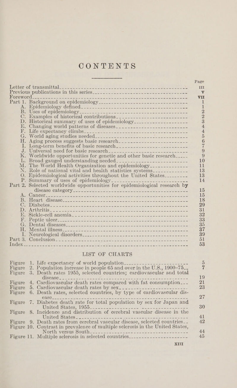 CONTENTS Part Figure Figure Figure Figure Figure Figure Figure HHOMAUOW> prOoZeoheamomsdom> EAckeronnc on eoldenN ology 3.< 52 a See ase eee Examples of historical contributions..2. S228 2he soe Changing world patterns of diseasés=- 4.2. 2.0 ba cola ew ce Hakere ecutmey Chimie. 22 eee 2 Se eo e ee ee A Worldtacine: studies meeded 2-32) 23. i Fee eee ed Aging process suggests basic research. _........-.....-.-.--..-- Long-term, benefite.of basic research. ole secs ene noele be Sak Umiversal need lor OAsice researche.. os See ee Worldwide opportunities for genetic and other basic research_____ iBroad-cauced understandme meeded =. J... U2 2 Se PEL ee 2k The World Health Organization and epidemiology.____.____---- Role of national vital and health statistics systems_.__.__...--_- Epidemiological activities throughout the United States_______-- SmMmmiary oO uses of epidemiology. 22S. Leo Se ee eiSease CalrecOny eas ms 6 roel _ hee Ge A ee COAT GCS Saisie SOE NES cee ee ee fe ee Or ic SOR Se eee Meares OP unCAUCewr. mie. Fife os Sees a eet ead kn er Ae INemtoreten! GisOrderse.- 5.5.2.0. 54 eee cease esses LIST OF CHARTS = bife expectancy of world population. 222. 3. bes Jo. eS oS . Population increase in people 65 and over in the U.S., 1900-—75__ Death rates 1955, selected countries; cardiovascular and total TOSS Em Te aad ey Anca a NEN cA pile EC OE Incidence and distribution of cerebral vascular disease in the Winrrecinpates 62 32k atte eet eM ede Bee See Death rates from cerebral vascular disease, selected countries _- Contrast in prevalence of multiple sclerosis in the United States, WNienchis WeTeUS oO urU atte oh ea. ree iS cee tt Bee eae i Multiple sclerosissim selected countriese. 225 2. io gs2h24205 jak