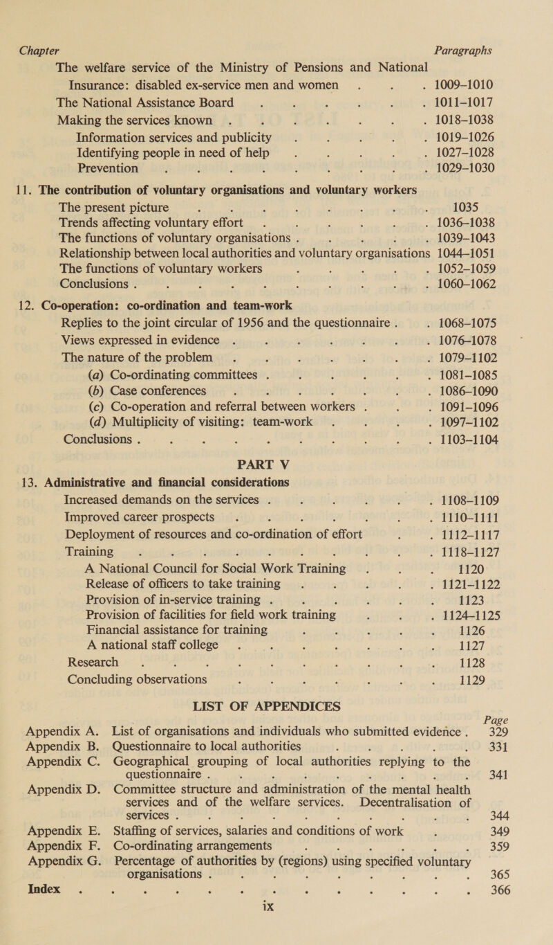 The welfare service of the Ministry of Pensions and National Insurance: disabled ex-service men and women . 1009-1010 The National Assistance Board . 1011-1017 Making the services known . 1018-1038 Information services and publicity . 1019-1026 Identifying people in need of help . 1027-1028 Prevention . 1029-1030 11. The contribution of voluntary vessaihaaiict and voluntary workers The present picture : 1035 Trends affecting voluntary effort . 1036-1038 The functions of voluntary organisations . 1039-1043 Relationship between local authorities and voluntary ea eeene 1044-1051 The functions of voluntary workers . 1052-1059 Conclusions . . 1060-1062 12. Co-operation: co-ordination and team-work Replies to the joint circular of 1956 and the questionnaire . . 1068-1075 Views expressed in evidence . 1076-1078 The nature of the problem . 1079-1102 (a) Co-ordinating committees . . 1081-1085 (b) Case conferences ; . 1086-1090 (c) Co-operation and referral boisices Otters ; . 1091-1096 (d) Multiplicity of visiting: team-work . 1097-1102 Conclusions . . 1103-1104 PART V 13. Administrative and financial considerations Increased demands on the services . . 1108-1109 Improved career prospects q . 1110-1111 Deployment of resources and hceaslina tied of effort . 1112-1117 Training . 1118-1127 A National Sock fa Social Work vain’ ' 1120 Release of officers to take training . 1121-1122 Provision of in-service training . : 1123 Provision of facilities for field work aia . 1124-1125 Financial assistance for training 1126 A national staff college 1127 Research ; 1128 Concluding observations 1129 LIST OF APPENDICES Appendix A. List of organisations and individuals who submitted evidence . “359 Appendix B. Questionnaire to local authorities 331 Appendix C. Geographical grouping of local mabhiovilies sepiyinie to ihe | questionnaire . ; 341 Appendix D. Committee structure and administration of the mental health services and of the welfare services. Decentralisation of services . f 344 Appendix E. Staffing of services, atogieg and condtiuons a aoe 349 Appendix F. Co-ordinating arrangements 359 Appendix G. Percentage of authorities oy Gesious) tng specified Catunieey organisations . : 4 365 Index 366 1X