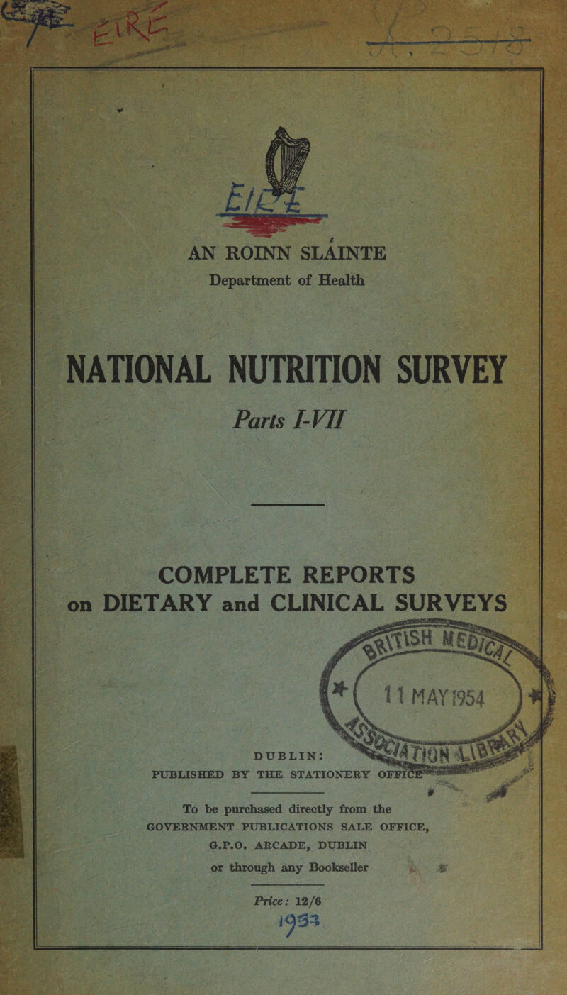  AN ROINN SLAINTE Department of Health | NATIONAL NUTRITION SURVEY Ce Parts I-VI   COMPLETE REPORTS —_ | ‘on DIETARY and CLINICAL SURVEYS |  or through any Bookseller es  Price: 12/6 1935 :  