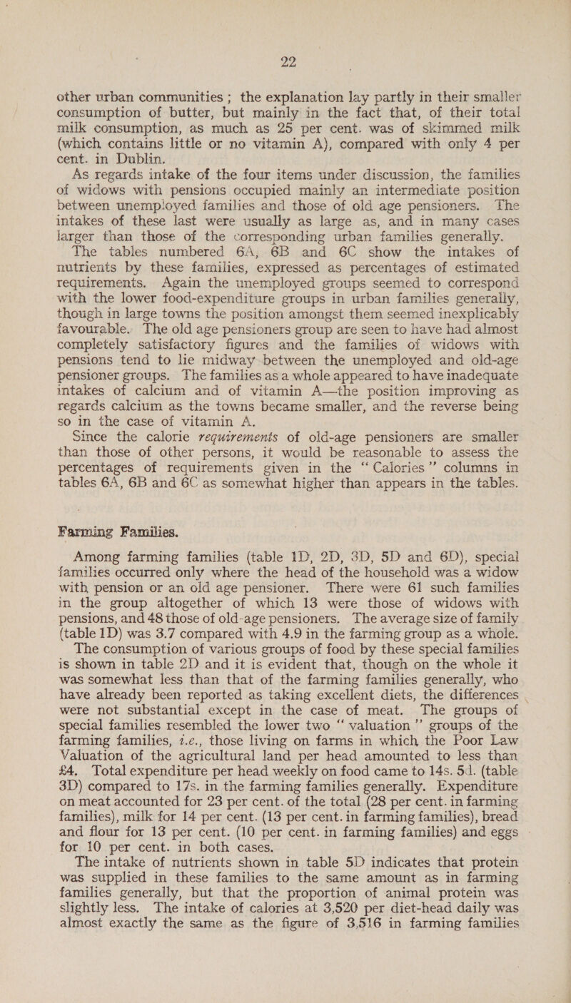 other urban communities ; the explanation lay partly in their smaller consumption of butter, but mainly in the fact that, of their total milk consumption, as much as 25 per cent. was of skimmed milk (which contains little or no vitamin A), compared with only 4 per cent. in Dublin. As regards intake of the four items under discussion, the families of widows with pensions occupied mainly an intermediate position between unemployed families and those of old age pensioners. The intakes of these last were usually as large as, and in many cases larger than those of the corresponding urban families generally. The tables numbered 6A, 6B and 6C show the intakes of nutrients by these families, expressed as percentages of estimated requirements. Again the unemployed groups seemed to correspond with the lower food-expenditure groups in urban families generally, though in large towns the position amongst them seemed inexplicably favourable. The old age pensioners group are seen to have had almost completely satisfactory figures and the families of widows with pensions tend to lie midway-between the unemployed and old-age pensioner groups. The families asa whole appeared to have inadequate intakes of calcium and of vitamin A—the position improving as regards calcium as the towns became smaller, and the reverse being so in the case of vitamin A. Since the calorie reguiremenis of old-age pensioners are smaller than those of other persons, it would be reasonable to assess the percentages of requirements given in the “ Calories’’ columns in tables 6A, 6B and 6C as somewhat higher than appears in the tables. Farming Families. Among farming families (table 1D, 2D, 3D, 5D and 6D), special families occurred only where the head of the household was a widow with pension or an old age pensioner. There were 61 such families in the group altogether of which 13 were those of widows with pensions, and 48 those of old-age pensioners. The average size of family (table 1D) was 3.7 compared with 4.9 in the farming group as a whole. The consumption of various groups of food by these special families is shown in table 2D and it is evident that, though on the whole it was somewhat less than that of the farming families generally, who have already been reported as taking excellent diets, the differences | were not substantial except in the case of meat. The groups of special families resembled the lower two “‘ valuation’ groups of the farming families, 7.¢., those living on farms in which the Poor Law Valuation of the agricultural land per head amounted to less than £4. Total expenditure per head weekly on food came to 14s. 5d. (table 3D) compared to 17s. in the farming families generally. Expenditure on meat accounted for 23 per cent. of the total (28 per cent. in farming farnilies), milk for 14 per cent. (13 per cent. in farming families), bread and flour for 13 per cent. (10 per cent. in farming families) and eggs - for 10 per cent. in both cases. The intake of nutrients shown in table 5D indicates that protein was supplied in these families to the same amount as in farming families generally, but that the proportion of animal protein was slightly less. The intake of calories at 3,520 per diet-head daily was almost exactly the same as the figure of 3,516 in farming families