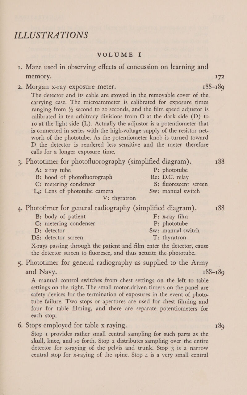ILLUSTRATIONS VOLUME I 1. Maze used in observing effects of concussion on learning and memory. 172 2. Morgan x-ray exposure meter. 188-189 The detector and its cable are stowed in the removable cover of the carrying case. The microammeter is calibrated for exposure times ranging from % second to 20 seconds, and the film speed adjustor is calibrated in ten arbitrary divisions from O at the dark side (D) to 10 at the light side (L). Actually the adjustor is a potentiometer that is connected in series with the high-voltage supply of the resistor net- work of the phototube. As the potentiometer knob is turned toward _D the detector is rendered less sensitive and the meter therefore calls for a longer exposure time. 3. Phototimer for photofluorography (simplified diagram). 188 A: x-ray tube P: phototube B: hood of photofluorograph Re: DC. relay C: metering condenser S: fluorescent screen L.: Lens of phototube camera Sw: manual switch V: thyratron 4. Phototimer for general radiography (simplified diagram). 188 B: body of patient F: x-ray film C: metering condenser P: phototube D: detector Sw: manual switch DS: detector screen T: thyratron X-rays passing through the patient and film enter the detector, cause the detector screen to fluoresce, and thus actuate the phototube. 5. Phototimer for general radiography as supplied to the Army and Navy. 188-189 A manual control switches from chest settings on the left to table settings on the right. The small motor-driven timers on the panel are safety devices for the termination of exposures in the event of photo- tube failure. Two stops or apertures are used for chest filming and four for table filming, and there are separate potentiometers for each stop. 6. Stops employed for table x-raying. 189 Stop 1 provides rather small central sampling for such parts as the skull, knee, and so forth. Stop 2 distributes sampling over the entire detector for x-raying of the pelvis and trunk. Stop 3 is a narrow
