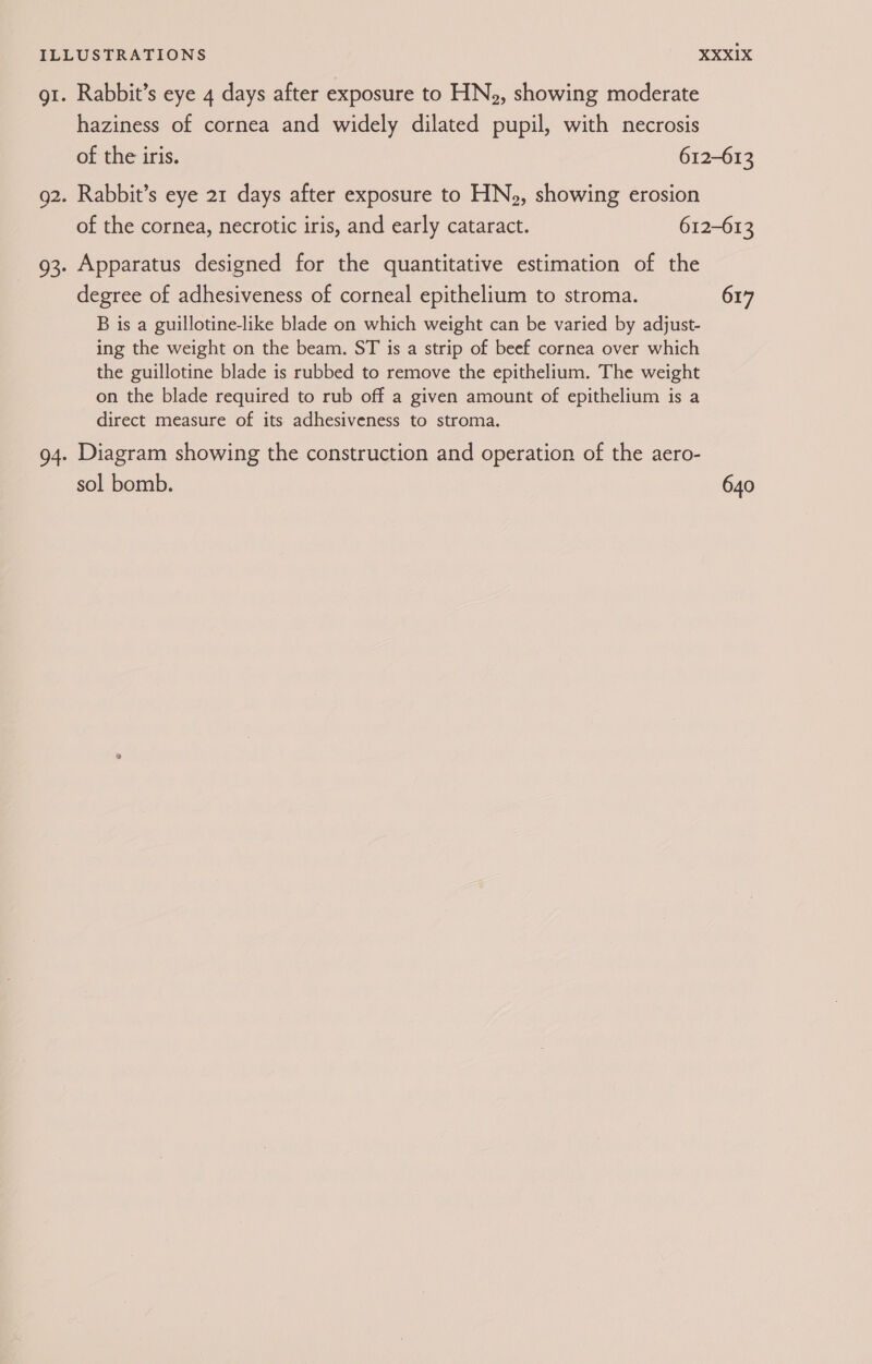 gt. Rabbit’s eye 4 days after exposure to HN2, showing moderate haziness of cornea and widely dilated pupil, with necrosis of the iris. 612-613 g2. Rabbit’s eye 21 days after exposure to HN», showing erosion of the cornea, necrotic iris, and early cataract. 612-613 93. Apparatus designed for the quantitative estimation of the degree of adhesiveness of corneal epithelium to stroma. 617 B is a guillotine-like blade on which weight can be varied by adjust- ing the weight on the beam. ST is a strip of beef cornea over which the guillotine blade is rubbed to remove the epithelium. The weight on the blade required to rub off a given amount of epithelium is a direct measure of its adhesiveness to stroma. 94. Diagram showing the construction and operation of the aero- sol bomb. 640