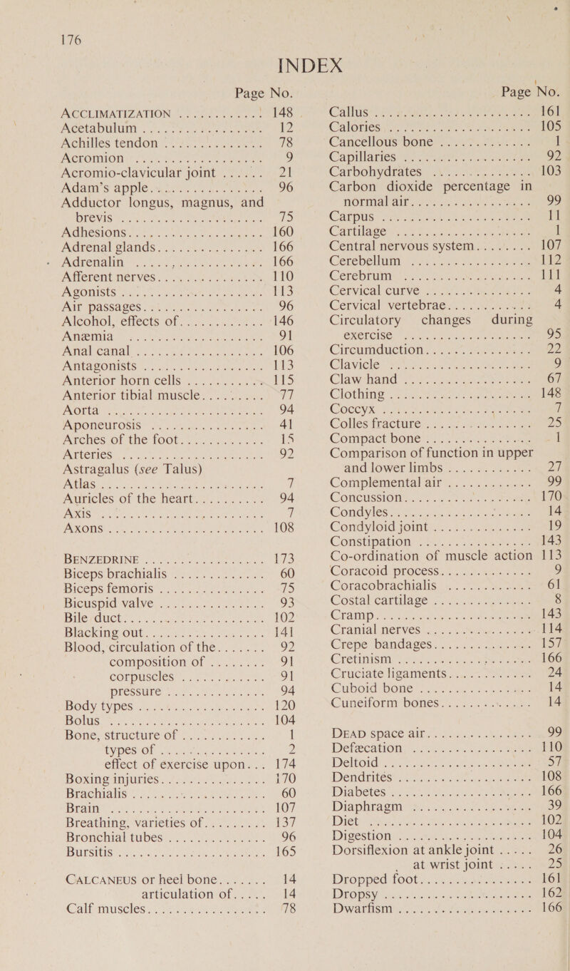 x 176 INDEX Page No Page No PRCCLIMATIZ ATION Ah 0 O0 0 eatin 1a GATS Re Meee Fi no Oe ee 161 PRCECAD UNUM 59.5 0 Foe Deeg elt oo 1 Calories Pores aS a ee 105 Aomilles tendon © 6750 we 78 Cancellous bones 7.2 sta 1 ANCLOMMIOD thee Pe eee 9 Capillaries: Se ora oe oe 92 Acromio-clavicular joint ...... 21 Carbohydrates .\'... Me A 103 Aan S ADDIE Sie ee. 96 Carbon dioxide percentage in Adductor longus, magnus, and MOrmMal ale. Ft of Ae ee DEO WIS Sc oh eee iy eet bae Siete ob) Carols: SPercces ele eee Vy PRGIVESPONISK as ys sl G 4 tia ctetau ae 160 COP RIMAO y. 8 heals n 03 cts eee 1 Adrenal lands . 4 fhe ac bien bie 166 Central nervous system:.3: 2.5 3% 107 “Adrenalin... .- ee ee 166 Gerebetuni -2 tee oy rae 112 Atierent DELVES oe. od bS 110 COTE OT UME ist Oe es See ty ee tit PEOTISES Pare 3. scr 5 ee nee Mes HS Cervical curve jie: ARS 4 NUE OESSACCS., SE Cet oa hte oe 96 Cérvical vertebrace. =. We a Alconol, ellectS Of 05 nse. « 146 Circulatory changes during Price tt et on 6 nee: oye eee 91 EXCLCISG)= oto. oer. 5 ee PMC aM i&gt; Sa Fe wh ees 106 Citeumductions «0.4 sees 22 AMA SODISUS 2. [2s 35. sstoc Somes Go bis Clavicle Yai, ree re 9 Anterior horn cells a. kek [tS Clas anid os aay tae: te eee 67 Anterior tibial muscle... (7 a. 77 Clothe. 25. Ya ae 148 PORDAS A cone otke Gime ee ee 94 COCKVRES SEO EN Lees Mee) 7 IADONCUTOSIS® 6 ose heh 4] Colles tizctiies. 2. ahi ee ZD AECIES. OF the TOOU. ieee. a 1S Compact Done. ie ae oo ] PROMCTICS | 1a Uh, ake tee te ae Oi Comparison of function in upper Astragalus (see Talus) and lower labs... ac vas ete: pai PUSS cic tec. atbecceey ff Grewin e deos 7 Complemental’Sif i... 2: aia 99 Anupicles of the.weart. 4)... &lt; 94 Coneussionhs, *. &lt;r wes ce 170 OSG Sa a Oe aA eb Soi Ns gt U vi Commies. Wisse, th i eee 14 POMS hs ee Bt ee 108 Condylord jomiten. 22.5 ee ome 19 Constipation’ t-5.5°0) 2 epote es 143 BENZEDRINE 800, Sis R a; 173 Co-ordination of muscle action 113 Biceps.brachiahs, 03-2... ..1..&lt;). 60 Coracoid process. .....2....:... Biceps TeMOKis’ he te 715 Coracobrachials, «.. Ase 61 micuspid valve. /. ki ae 93 Costal cartilage .............. 8 Bilepdect =: 4.1 es ee ee 102 Cramp Alecia stele Oe 143 PIiChide Ol Suns ae. Sie 14] Cranial Merves... 63. Soe ee 114 Blood, circulation of the....... 92 Crepe Bandages. 5c cn ee La composition of ........ 9] Cretnisine hice oa fan Pee eee 166 corpuscles! , 20 8. 445. 91 Cruciaté ligaments.:...-. Nae 24 ONC SSUPC. eos z ie ea arene 94 Cubord DOmes sv anass os. cee 14 Body types. iva. el hk be 120 Cuneiform bones 2.22 thos: 14 PS OING! hoy oe eae eos, Gen 104 Bone, structure Of (15.4 ee0 3+), 1 DEAD Space Qi fo saa. Sues 09 LY MES“OD aioe sees - Defecalions. ew ona ee 110 etlect of éxercise upon... 174 Deltoidr 4-5 er tae ee 5} Booming myumes, 222.03. ae. ee 170 Dendntest 4 2vo% 2-3 ea 108 Brachialis 5/4. ee eee eke 60 PI Be0CS sti ce rene ee ern 166 SPA, he) Chis, oes ee meee 107 Diaphiragia so..4.. oc pee eee 39 Breathing, varieties of......... 137 Digs Go she ge eee 102 Bronehial tibes 4). tae ees 96 Digestionies cca ie. eee abe 104 BOTSPUIS ais Ne en 165 Dorsifiexion. at ankle joint 7. 26 _ at WHst jot ..h2: 25 CALCANEUS or heel bone....... 14 Dropped 100t.. iowleseee pee 161 articulation of..... 14 [DROPS Niu.gic ie ee eran 162 Calf qnuseles.1 oe hae eee 78 TOWeIS HAs Fe She te tne neta ae 166