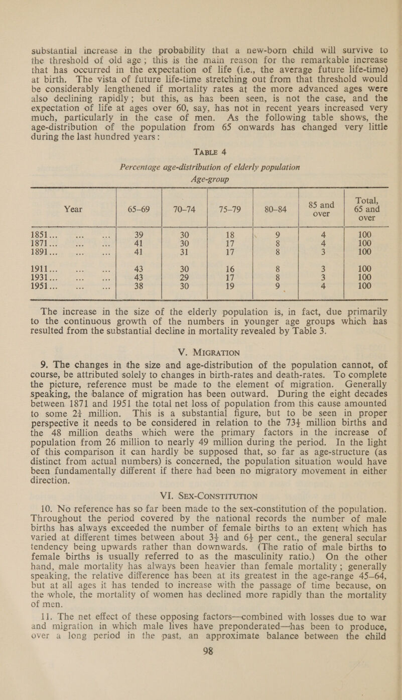 substantial increase in the probability that a new-born child will survive to the threshold of old age; this is the main reason for the remarkable increase that has occurred in the expectation of life (i.e., the average future life-time) at birth. The vista of future life-time stretching out from that threshold would be considerably lengthened if mortality rates at the more advanced ages were also declining rapidly; but this, as has been seen, is not the case, and the expectation of life at ages over 60, say, has not in recent years increased very much, particularly in the case of men. As the following table shows, the age-distribution of the population from 65 onwards has changed very little during the last hundred years: TABLE 4 Percentage age-distribution of elderly population Age-group      Total, 85 and 65 and 70-74 75-79 80-84 aver   over 1350... 4 100 1871... 4 100 1891... 3 100 1911.. 3 100 1931... 3 100 | Se 4 100  The increase in the size of the elderly population is, in fact, due primarily to the continuous growth of the numbers in younger age groups which has resulted from the substantial decline in mortality revealed by Table 3. V. MIGRATION 9. The changes in the size and age-distribution of the population cannot, of course, be attributed solely to changes in birth-rates and death-rates. To complete the picture, reference must be made to the element of migration. Generally Speaking, the balance of migration has been outward. During the eight decades between 1871 and 1951 the total net loss of population from this cause amounted to some 23 million. This is a substantial figure, but to be seen in proper perspective it needs to be considered in relation to the 734 million births and the 48 million deaths which were the primary factors in the increase of population from 26 million to nearly 49 million during the period. In the light of this comparison it can hardly be supposed that, so far as age-structure (as distinct from actual numbers) is concerned, the population situation would have need fundamentally different if there had been no migratory movement in either irection. VI. SEX-CONSTITUTION 10. No reference has so far been made to the sex-constitution of the population. Throughout the period covered by the national records the number of male births has always exceeded the number of female births to an extent which has varied at different times between about 34 and 64 per cent., the general secular tendency being upwards rather than downwards. (The ratio of male births to female births is usually referred to as the masculinity ratio.) On the other hand, male mortality has always been heavier than female mortality ; generally speaking, the relative difference has been at its greatest in the age-range 45-64, but at all ages it has tended to increase with the passage of time because, on the whole, the mortality of women has declined more rapidly than the mortality of men. ll. The net effect of these opposing factors—combined with losses due to war and migration in which male lives have preponderated—has been to produce, over a long period in the past, an approximate balance between the child